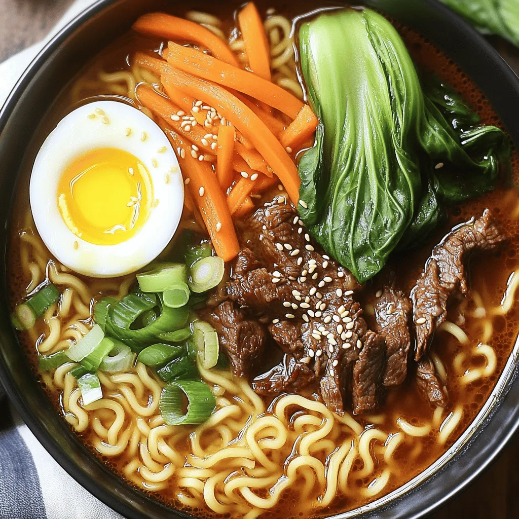 - 200g ramen noodles - 200g beef sirloin, thinly sliced against the grain The ramen noodles are the heart of this dish. They soak up the rich broth and add a chewy texture. I prefer using fresh ramen noodles when possible. They cook quickly and bring a lively taste to your meal. The beef sirloin adds a savory flavor. Thin slices work best, as they cook fast and remain tender. - 2 tablespoons gochujang (Korean chili paste) - 1 tablespoon soy sauce - 1 tablespoon sesame oil Gochujang is the star here. It brings a spicy kick and depth of flavor. Add soy sauce for saltiness and umami. Sesame oil gives a nutty aroma that pulls the dish together. These flavor enhancers are what make this ramen unforgettable. - 1 cup bok choy or fresh spinach, roughly chopped - 1 medium carrot, julienned - 2 green onions, chopped (whites and greens kept separate) Fresh greens add color and crunch. Bok choy or spinach brings vitamins and a slight earthiness. Carrots add natural sweetness, balancing the spice. Green onions add a fresh bite. They also make for a beautiful topping. Each vegetable contributes to the overall taste and texture, making every bite a delight. To start, marinate the beef sirloin. In a bowl, mix the thinly sliced beef with gochujang, soy sauce, minced garlic, and grated ginger. Make sure you coat the beef evenly. Cover the bowl and let it sit for at least 15 minutes at room temperature. This step adds great flavor. Next, we make the beef broth. In a large pot over medium heat, combine the beef broth, sesame oil, and brown sugar. Add the white parts of the chopped green onions. Bring this to a gentle simmer. Let the flavors meld together for about five minutes. This will create a rich base for your ramen. While the broth simmers, cook the beef. Heat a small drizzle of oil in a skillet over high heat. Once hot, add the marinated beef. Stir-fry it quickly until browned, about three to four minutes. Then transfer the cooked beef to a plate and set it aside. Now, return to the pot with the simmering broth and add the ramen noodles. Cook them according to the package instructions, usually four to five minutes, until they're tender. In the last minute of cooking the noodles, add the chopped bok choy or spinach and the julienned carrots to the pot. Stir gently to wilt them while keeping some texture. Now, it's time to assemble! Divide the cooked ramen and vibrant veggies into large serving bowls. Carefully ladle the hot broth over the noodles and vegetables. Top each bowl with the stir-fried beef. For a creamy touch, add a soft-boiled egg cut in half if you'd like. Finally, sprinkle the chopped green onion tops and toasted sesame seeds over the ramen. Enjoy your meal! To make the broth taste amazing, balance is key. You can add a bit of brown sugar to cut through the saltiness of soy sauce. This mix gives the broth a rounder flavor. It is like a dance of sweet and salty that makes every sip delightful. Taste it while cooking. Adjust it until you find what feels right for you. To avoid overcooking ramen, watch the clock closely. Fresh ramen noodles usually need just 4-5 minutes in boiling broth. Stir them gently as they cook. This helps them cook evenly and not stick together. If you are unsure, taste a noodle. It should be tender, but still have a little bite. To keep veggies fresh and crunchy, add them in the last minute of cooking. Bok choy or spinach should wilt just enough to be soft but still bright. Carrots should stay crisp, adding a nice crunch. This way, your ramen looks colorful and tasty! {{image_4}} You can swap beef for chicken or tofu in this recipe. Chicken adds a lighter touch. It cooks fast and soaks up flavors well. Tofu is great for a plant-based meal. Use firm tofu for the best texture. Just remember to press it to remove excess water. This helps it absorb the marinade better. Want a milder dish? Reduce the gochujang to one tablespoon. You can also add a bit of sugar for balance. To make it spicier, add more gochujang or even a splash of chili oil. Taste as you go, so you find your perfect heat level. Feel free to add more veggies to your ramen. Zucchini, bell peppers, or snap peas work great. You can also use seasonal greens like kale or Swiss chard. Just chop them into bite-sized pieces for easy eating. Add them in the last minute of cooking for the best texture. To store your leftovers, let them cool first. Place the ramen, broth, and beef in separate airtight containers. This keeps everything fresh. Seal tightly and refrigerate. Enjoy your meal within three days for the best flavor. Reheat ramen slowly to keep its texture. Use a pot on low heat for the broth. For the noodles, heat them in a little boiling water for one to two minutes. This method helps them stay firm and not mushy. Avoid using the microwave, as it can overcook the noodles. If you want to freeze ramen, separate the components first. Freeze the broth in a freezer-safe bag or container. Place the noodles in a different bag. You can also freeze the beef separately. This way, everything stays fresh and tasty. When ready, thaw overnight in the fridge and reheat as mentioned above. Gochujang is a spicy Korean chili paste. It adds heat and depth to dishes. Made from red chili powder, fermented soybeans, and salt, it has a sweet and savory flavor. In this recipe, gochujang is the star. It gives the beef a bold kick. You mix it with soy sauce, garlic, and ginger. This marinade helps tenderize the meat and infuses it with flavor. Yes, you can make a vegetarian version. For the beef, use tofu or mushrooms. Marinate them just like the beef. Replace beef broth with vegetable broth for a lighter taste. You can also add more veggies. Consider using bell peppers, zucchini, or snap peas. These will add color and crunch. This way, you keep the delicious flavor without meat. You can serve this ramen with many sides. A simple cucumber salad pairs well. The coolness of the salad balances the heat of the ramen. You could also serve steamed rice. It soaks up the savory broth nicely. For a fun touch, offer kimchi on the side. Kimchi adds a tangy crunch, enhancing the meal. Enjoy the ramen with your favorite drink, like iced tea or lemonade. In this post, we explored making spicy Korean beef ramen. We looked at key ingredients like beef, noodles, and gochujang. You learned how to prepare the beef and broth, cook the noodles, and assemble your dish. We shared tips on perfecting flavors, cooking noodles, and variations for proteins and spices. Finally, we discussed storing leftovers and reheating for the best taste. Enjoy your cooking journey, and trust that you can customize this dish to your liking!