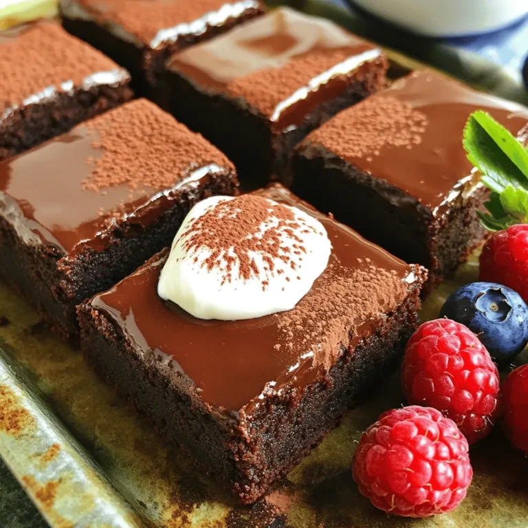 To make these fudgy Greek yogurt brownies, gather these key ingredients: - 1 cup unsweetened cocoa powder - 1 cup Greek yogurt (plain) - 1/2 cup granulated sugar - 1/2 cup packed brown sugar - 1/4 cup coconut oil, melted - 2 large eggs - 1 teaspoon pure vanilla extract - 1/2 teaspoon sea salt - 1/2 cup all-purpose flour - 1/2 cup dark chocolate chips (optional) Each ingredient plays a big role in making these brownies rich and moist. The cocoa powder gives that deep chocolate taste. Greek yogurt not only adds creaminess but also cuts down on fat. Coconut oil contributes to a lovely texture and flavor. Eggs bind everything together while sugars sweeten the mix. You can make these brownies even more special with optional add-ins: - 1/2 cup dark chocolate chips - Nuts like walnuts or pecans - A pinch of cinnamon for warmth - Sea salt flakes on top for contrast These add-ins can enhance the brownies. Dark chocolate chips boost the chocolatey flavor. Nuts add crunch. Cinnamon gives a warm note, and salt flakes provide a nice contrast. Using Greek yogurt has many health benefits: - High in protein, which helps with muscle growth - Lower in fat than butter - Contains probiotics for gut health Greek yogurt makes these brownies a bit healthier. You still enjoy a sweet treat while getting extra protein and good bacteria. It’s a win-win for your taste buds and your body! Start by preheating your oven to 350°F (175°C). Grab an 8x8 inch baking pan. Grease it with cooking spray or line it with parchment paper. This makes it easy to remove the brownies later. In a large bowl, combine 1 cup of Greek yogurt with 1/4 cup of melted coconut oil. Add 1/2 cup of granulated sugar and 1/2 cup of packed brown sugar. Crack in 2 large eggs and pour in 1 teaspoon of pure vanilla extract. Whisk everything together until smooth and creamy. Next, sift in 1 cup of unsweetened cocoa powder and 1/2 teaspoon of sea salt. Stir gently to combine the dry ingredients with the wet mixture. Make sure there are no lumps in your batter. Now it's time for the flour. Gently fold in 1/2 cup of all-purpose flour. Be careful not to overmix; this keeps the brownies fudgy. If you like, fold in 1/2 cup of dark chocolate chips for extra chocolatey goodness. Pour the batter into the prepared pan and smooth it out with a spatula. Bake for 20-25 minutes. To check if they are done, insert a toothpick into the center. It should come out with a few moist crumbs, but no wet batter. After baking, let the brownies cool in the pan for 10 minutes. Use the edges of the parchment paper to lift them out. Allow them to cool completely on a wire rack. Once cool, cut them into squares. Enjoy your fudgy Greek yogurt brownies! To make your brownies fudgy, focus on two key things: mixing and baking time. Mix your wet and dry ingredients just until they come together. Overmixing can lead to a cake-like texture. Bake them for 20-25 minutes. Check with a toothpick; it should have a few moist crumbs, not wet batter. This helps keep the brownies soft and rich. Accurate measuring is vital for great brownies. Use dry measuring cups for cocoa powder and flour. Always level off the top with a knife for precision. For sticky ingredients like coconut oil, use a liquid measuring cup and pour it in. This ensures you add the right amounts and helps your brownies turn out perfect every time. Store your brownies in an airtight container. This keeps them fresh and fudgy. If you want to keep them longer, wrap them in plastic wrap and then foil. You can refrigerate them for up to a week. For longer storage, freeze them for up to three months. Just thaw in the fridge overnight before enjoying. {{image_4}} You can make these brownies gluten-free easily. Just swap the all-purpose flour with a gluten-free blend. Look for a blend that includes xanthan gum for the best texture. This way, you still get that fudgy goodness without the gluten. Keep in mind that baking times may change slightly. Check them a few minutes early. To make these brownies vegan, you can replace the eggs. Use two tablespoons of flaxseed meal mixed with six tablespoons of water. Let it sit for a few minutes until it thickens. Also, choose a dairy-free yogurt and a plant-based oil, like avocado oil. The result is still rich and tasty, perfect for vegan diets. Enhance your brownies by adding nuts, spices, or extracts. Chopped walnuts or pecans add a nice crunch. You can also mix in a teaspoon of cinnamon or a pinch of sea salt to boost flavor. For a twist, try adding a splash of almond extract or mint extract for something special. Each addition gives your brownies a unique taste. Fudgy Greek yogurt brownies are great on their own, but you can make them even more fun. Try cutting the brownies into smaller squares for bite-sized treats. You can stack them for a beautiful dessert tower. This adds height and makes your table look fancy. For a casual option, serve the brownies on a wooden board. This rustic look is eye-catching and inviting. These brownies pair well with ice cream or yogurt. A scoop of vanilla ice cream on top adds creaminess. The cold ice cream melts slightly on the warm brownie, creating a delicious mix. You can also use Greek yogurt for a lighter touch. A dollop of yogurt adds a tangy flavor that balances the sweetness. Garnishing can elevate your brownies. Try a dusting of cocoa powder on top for a simple look. You can also add fresh berries for color and freshness. Strawberries or raspberries work best. Another idea is to drizzle melted chocolate over the brownies. This adds a rich touch that chocolate lovers will enjoy. Finally, consider adding mint leaves for a pop of green. This looks great and adds a fresh taste. Yes, you can use non-fat Greek yogurt in this recipe. It will still produce fudgy brownies. The yogurt adds moisture and richness without extra fat. Your brownies may be slightly less rich, but they will still taste great. To make brownies less sweet, you can reduce the sugar. Try cutting the granulated and brown sugar to 1/4 cup each. You can also use unsweetened cocoa powder to balance the sweetness. Adding a pinch of sea salt can help enhance the flavors too. If your brownies are dry, it may be due to overbaking. Always check them a few minutes early. If you bake them too long, they lose moisture. You can also try adding an extra egg or a bit more yogurt next time for added moisture. These brownies stay fresh for about 3 to 4 days when stored at room temperature. Keep them in an airtight container to maintain softness. You can also refrigerate them for up to a week or freeze for longer storage. These fudgy Greek yogurt brownies are easy to make and fun to eat. You learned about the key ingredients, step-by-step baking instructions, and tips for the best texture. You discovered variations like gluten-free and vegan options, plus creative serving ideas. In the end, enjoy experimenting with flavors and sharing these brownies with others. They are a delicious treat that you can feel good about. Enjoy your baking journey!