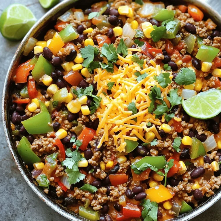 - 1 lb ground turkey - 1 medium onion, diced - 2 cloves garlic, minced - 1 bell pepper (choose red or green), diced - 1 can (15 oz) black beans, thoroughly rinsed and drained - 1 can (14.5 oz) diced tomatoes with green chilies, undrained - 1 tablespoon taco seasoning - 1 teaspoon ground cumin - 1 tablespoon olive oil - Salt and freshly ground black pepper, to taste - 1 cup corn (freshly cut or frozen) - 1 cup shredded cheddar cheese - Fresh cilantro, chopped, for garnish - Lime wedges, for serving You need a few simple items to make a tasty ground turkey taco skillet. First, the star is ground turkey. It’s lean and easy to cook. Next, you’ll want a medium onion and garlic for flavor. Diced bell pepper adds color and crunch. You also need black beans, which are hearty and filling. For extra zest, grab a can of diced tomatoes with green chilies. This will give your dish a nice kick. You’ll need some spices too: taco seasoning and ground cumin. Olive oil helps cook your veggies and turkey. Don't forget salt and pepper for seasoning. For a refreshing touch, corn adds sweetness. Finally, top your skillet with shredded cheddar cheese and fresh cilantro. Lime wedges on the side offer a zesty finish. This ingredient list makes a meal that is both delightful and simple. To start, grab a large skillet and place it on the stove. Set the heat to medium. Add 1 tablespoon of olive oil. Let the oil heat for a minute. Next, take a medium onion and dice it finely. Add the onion to the skillet. Sauté for about 3-4 minutes. You want the onion to become soft and fragrant. Now, prepare the aromatics. Mince 2 cloves of garlic and dice 1 bell pepper. You can use red or green. Add both to the skillet. Stir and cook for another 2-3 minutes. The bell pepper should be tender and bright. It's time to add the star of our dish. Take 1 pound of ground turkey and add it to the skillet. Use a spatula to break it apart. Cook for 5-7 minutes. Stir often until the turkey is browned and fully cooked. Now, season the mixture. Sprinkle in salt, pepper, 1 tablespoon of taco seasoning, and 1 teaspoon of ground cumin. Mix well to coat everything evenly. Next, pour in 1 can of black beans, 1 can of diced tomatoes with green chilies, and 1 cup of corn. Make sure to stir everything together. Let the mixture cook for another 5 minutes. This allows all the flavors to blend. Now we are almost done! Reduce the heat to low. Take 1 cup of shredded cheddar cheese and sprinkle it evenly over the mixture. Cover the skillet with a lid. Let it sit for 2-3 minutes. The cheese will melt and become gooey. For the final touch, chop some fresh cilantro and sprinkle it on top. This adds great flavor and color. Serve the dish with lime wedges. Guests can squeeze lime juice for extra zest. Enjoy your Ground Turkey Taco Skillet! - Ensuring even cooking: Ground turkey cooks best when you break it apart as it browns. Use a spatula to crumble it. Stir it often to avoid any pink spots. This helps it cook evenly and makes it tender. - Flavor enhancements: For more flavor, add extra spices. You can try chili powder or smoked paprika. Fresh herbs like cilantro or parsley also add a nice touch. A squeeze of lime brightens up the dish too. - Pairings that complement the dish: This taco skillet pairs well with rice, tortilla chips, or a side salad. You can serve it in taco shells for a fun twist. A dollop of sour cream or guacamole adds creaminess. - Making it a complete meal: To make it more filling, add toppings like avocado slices or black olives. You can also serve it with corn tortillas for a hearty meal. {{image_4}} You can easily switch up the protein in this dish. Ground chicken or beef works well. If you want a vegetarian option, try using lentils or crumbled tofu. Each protein brings its own flavor and texture. For vegetables, you can mix and match. Use zucchini or mushrooms for a different bite. Spinach adds a nice touch, too. Feel free to get creative with what you have in your fridge. Different spice blends can change the whole dish. Try using chili powder or smoked paprika for a new flavor twist. You can also add cayenne pepper for some heat. Fresh herbs like parsley or oregano add a bright taste. Squeeze some lime juice on top for added zest. These small changes can make your Ground Turkey Taco Skillet exciting every time you cook it! To keep your ground turkey taco skillet fresh, store it properly. First, let the skillet cool down. Then, place leftovers in an airtight container. You can keep it in the fridge for up to three days. Make sure it is tightly sealed to prevent any odors from getting in. If you want to save it for longer, freezing is a great option. Divide the skillet into smaller portions. Use freezer-safe bags or containers. When labeled correctly, it can last for up to three months. Just remember to note the date on the bag or container! Reheating your leftovers can be easy and quick. The best method is to use the stovetop. Heat a skillet over medium heat. Add a splash of water or broth to keep it moist. Stir often until heated through. You can also use the microwave for a faster option. Place the food in a microwave-safe bowl. Cover it loosely with a damp paper towel. Heat in short bursts, stirring in between, until hot. This helps to avoid cold spots. Enjoy your tasty meal just like the first time! Can I use ground beef or chicken instead? Yes, you can swap ground turkey for ground beef or chicken. Both options work well in this dish. Ground beef adds a richer flavor. Ground chicken is leaner but still tasty. What else can I add to the skillet? Feel free to add more veggies like zucchini or mushrooms. You can also throw in some jalapeños for a kick. Black olives or corn are great too. Experiment with what you have at home! How can I make this dish spicier? To spice things up, add diced jalapeños or a splash of hot sauce. You can also use spicy taco seasoning. Try adding cayenne pepper for an extra kick. Caloric breakdown One serving contains about 400 calories. This can vary based on added toppings and sides. Be mindful of cheese and sour cream. Dietary considerations (gluten-free, low-carb, etc.) This dish is naturally gluten-free. To lower carbs, skip the corn or serve it without tortillas. It's a great option for a low-carb meal. This blog post provided a clear guide on making a delicious ground turkey taco skillet. We covered ingredients, cooking steps, and tips for perfect results. You can swap proteins or add spices to fit your taste. Whether for dinner or meal prep, this dish is versatile. Remember, storing leftovers properly ensures you enjoy them later. Don't hesitate to ask questions or tweak the recipe as you learn. Cooking is fun and creative! Enjoy your tasty adventure with this skillet dish!