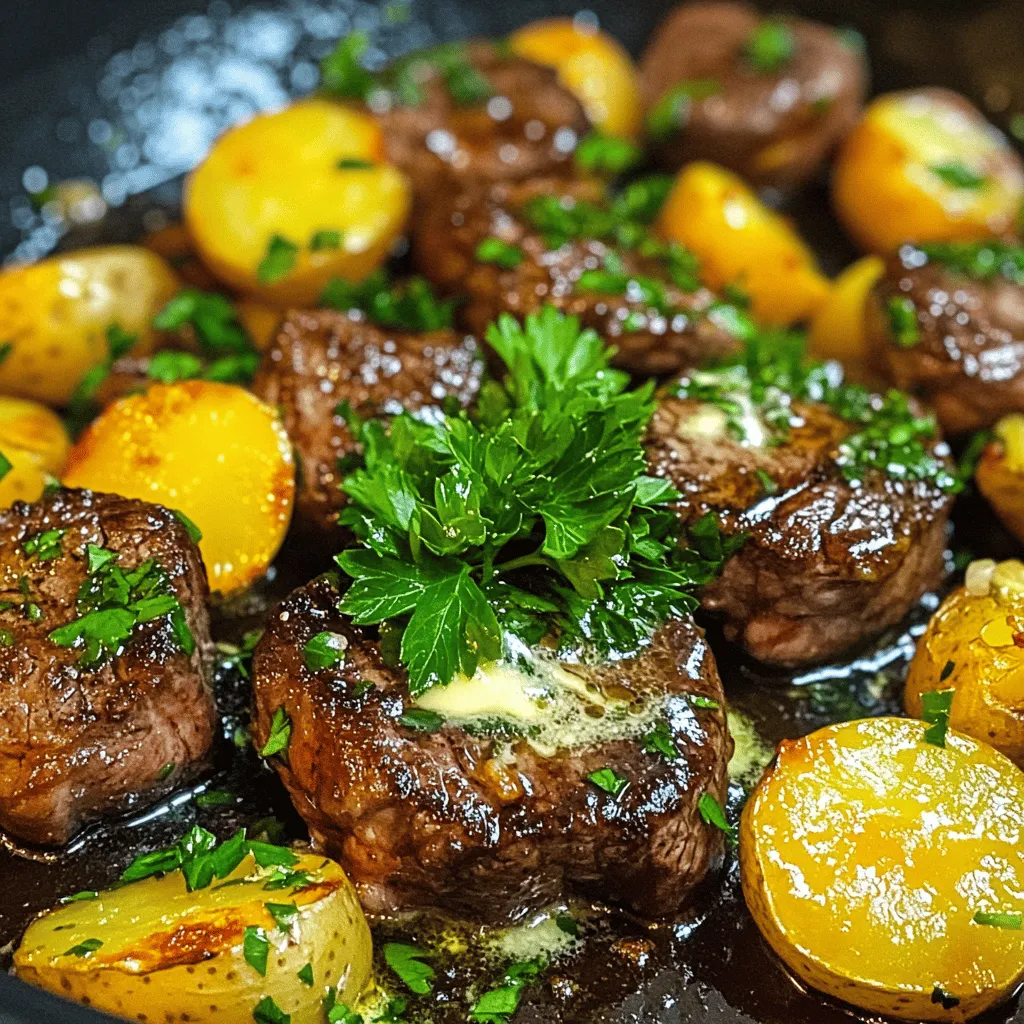 - 1 lb sirloin steak, cut into bite-sized cubes - 1 lb baby potatoes, halved - 4 tablespoons unsalted butter - 4 cloves garlic, minced - 1 teaspoon dried thyme - 1 teaspoon dried rosemary - 1 tablespoon olive oil - Salt and pepper, to taste - Fresh parsley, chopped Gathering the right ingredients is key to making this dish shine. Start with quality sirloin steak. This cut is tender and packs great flavor. Next, baby potatoes add a fun pop of color and a nice texture. Use unsalted butter for rich flavor. Garlic brings a warm taste that pairs perfectly with the steak and potatoes. Seasonings elevate the dish. Dried thyme and rosemary add depth. Olive oil helps with cooking and adds a hint of richness. Don’t forget salt and pepper to enhance all the flavors. Finally, fresh parsley gives a bright touch when you serve the dish. With these ingredients, you are ready to create a meal that is both simple and delightful. Start with your baby potatoes. Place them in a large pot of salted water. Bring the water to a boil over high heat. Cook the potatoes for about 10 minutes. They should be tender and easy to pierce with a fork. Once done, drain the potatoes in a colander and set them aside. Next, take your sirloin steak. Cut it into bite-sized cubes and season with salt and pepper. Heat olive oil in a large skillet over medium-high heat. Add the steak cubes to the skillet, but be careful not to overcrowd the pan. Sear the steak for about 3-4 minutes. Turn the pieces occasionally. You want a nice brown crust on all sides. Once done, remove the steak from the skillet and set it aside. Now, let’s cook the potatoes. In the same skillet, add the cooked baby potatoes. Sauté them over medium heat for about 5 minutes. Stir them occasionally. The goal is to make them crispy and golden brown. This will enhance their flavor and texture. It’s time for the garlic butter sauce. Lower the heat to medium-low. Push the crispy potatoes to one side of the skillet. Add unsalted butter to the empty side. Let the butter melt completely. Once melted, add minced garlic, dried thyme, and dried rosemary. Stir for about 1 minute. The garlic should become fragrant and soft. Now, bring everything together. Return the seared steak bites to the skillet. Mix them with the potatoes and garlic butter sauce. Cook for another 2-3 minutes. This allows all the flavors to meld. Adjust the seasoning with more salt and pepper to taste if needed. Finally, it’s time to serve. Remove the skillet from the heat. Garnish with freshly chopped parsley for a pop of color. Serve immediately and enjoy the rich, buttery goodness of this dish! For steak bites, I recommend using sirloin. This cut is tender and flavorful. Look for steak with good marbling. Marbling means small fat streaks in the meat. This fat adds flavor and keeps the steak juicy. Avoid cuts that are too lean, as they can become dry when cooked. To keep your steak bites tender, do not overcook them. Cook for only 3-4 minutes. Use a hot skillet to sear the meat quickly. This gives a nice crust while keeping the inside juicy. For the potatoes, the key is to sauté them until they are crispy. Stir them occasionally for even browning. Feel free to add more herbs and spices. Fresh thyme or oregano can give a nice touch. You can also mix in vegetables like bell peppers or green beans. This adds color and variety to your dish. Adding a splash of lemon juice before serving brightens the flavors. {{image_4}} You can swap steak for chicken or shrimp. Chicken thighs work well because they stay juicy. Shrimp cooks fast and adds a nice flavor. Both options still taste great with garlic butter. For a vegetarian twist, use mushrooms. Portobello or cremini mushrooms add a hearty bite. Cook them until golden to enhance their flavor. You can choose sweet potatoes or regular potatoes. Sweet potatoes give a sweet taste and vibrant color. Regular potatoes, like baby or Yukon Gold, are classic choices. You can also try russets or red potatoes. Russets become fluffy, while red potatoes stay firm. Each type has its own unique texture and taste. To make the sauce richer, add cream. Cream makes it smooth and adds depth. You can also spice things up with chili flakes. A spicy garlic butter sauce adds a kick. Just mix in the flakes with the garlic for a bold flavor. These variations keep the dish exciting and tailored to your taste. To store leftovers, let them cool first. Place the steak bites and potatoes in a container. Use an airtight container to keep them fresh. Your leftovers can last for up to three days in the fridge. When reheating steak bites, use low heat. This keeps them tender and juicy. You can heat them in a skillet or microwave. For the potatoes, add a little oil when reheating. This helps them stay crispy. Try to avoid reheating them too long to keep their texture. If you want to freeze portions, divide them into small containers. This makes it easy to thaw only what you need. When ready to eat, thaw them in the fridge overnight. Reheat them gently to enjoy the flavor again. To make the steak bites tender, start with a good cut. Sirloin steak is great for this. Marinate the steak in olive oil, salt, and pepper for at least 30 minutes. This helps to break down the meat fibers. When you cook, sear the steak on high heat. Avoid overcrowding the pan. This keeps the heat high and forms a nice crust. Cook for just 3-4 minutes on each side. This keeps the inside juicy and tender. Yes, you can prepare the steak bites in advance. Cook the steak and potatoes separately. Let them cool completely before storing. Use an airtight container in the fridge. This keeps them fresh for up to two days. When ready to eat, reheat them on a skillet. This ensures they stay tasty and warm. Garlic Butter Steak Bites go well with many sides. Here are some great options: - Steamed vegetables: Broccoli or green beans add color and nutrients. - Salad: A fresh garden salad offers crunch and brightness. - Rice: Fluffy rice soaks up the garlic butter sauce nicely. - Crusty bread: Use it to mop up any leftover sauce. Leftovers of Garlic Butter Steak Bites last about two days in the fridge. Store them in an airtight container. Make sure they cool down before sealing. To eat, check the smell and look for any changes. If they look good, reheat them on low heat. This keeps the steak tender and the potatoes crispy. In this blog post, we covered how to make Garlic Butter Steak Bites with crispy baby potatoes. We discussed the main ingredients, steps for perfect cooking, and shared tips and tricks to enhance flavor. Don’t forget about variations like protein swaps and sauce options. Finally, I shared storage tips to keep your leftovers fresh. This dish is easy to make and perfect for any meal. Enjoy cooking and tweak it to your taste!