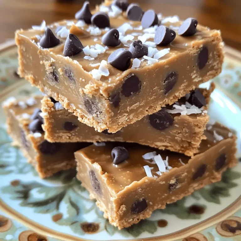 - 1 cup natural peanut butter - 1/2 cup honey or maple syrup - 1 1/2 cups rolled oats - 1/2 cup chocolate chips - 1/2 cup unsweetened shredded coconut - 1/4 cup flaxseeds (optional) - 1 teaspoon pure vanilla extract - A pinch of salt Choosing between creamy or chunky peanut butter: I often prefer creamy peanut butter. It spreads easily and gives a smooth texture. Chunky peanut butter adds a nice crunch if you like that. Choose what you enjoy most. Benefits of using natural sweeteners like honey and maple syrup: Natural sweeteners are better for your health. Honey and maple syrup have nutrients. They add rich flavor and sweetness. Importance of organic versus non-organic ingredients: Organic ingredients are grown without harmful chemicals. They taste better and are safer. If possible, choose organic for your bars. It makes a difference! Start by taking a large mixing bowl. Add 1 cup of natural peanut butter and 1/2 cup of honey or maple syrup. Use a spatula or spoon to mix them until they blend into a smooth and creamy mixture. This is the base of your bars. Then, add 1 teaspoon of pure vanilla extract and a pinch of salt. Stir well until everything is mixed evenly. This step builds a rich flavor for your bars. Next, it's time to add the dry ingredients. Gradually mix in 1 1/2 cups of rolled oats and 1/2 cup of unsweetened shredded coconut. If you like, add 1/4 cup of flaxseeds for a healthy boost. Stir well until all the ingredients start to come together. This should form a thick and sticky mixture. Finally, fold in 1/2 cup of chocolate chips. Make sure the chips are spread evenly without breaking. Now, you need to prepare for chilling. Take an 8x8-inch baking dish and line it with parchment paper. Leave some extra paper hanging over the sides. This makes it easier to lift out the bars later. Take your peanut butter mixture and press it firmly into the bottom of the dish. Use your fingers or the back of a spoon to create an even layer. Compact it tightly to ensure it holds shape. Cover the dish with plastic wrap or foil, and put it in the fridge. Let it chill for at least 2 hours. This helps the bars firm up so you can cut them easily. To get the right texture, compact the mixture well. Press it down firmly in the pan. This ensures the bars hold together. If the mixture is too dry, add a bit more peanut butter or honey. You can also adjust the sweetness. If you like it sweeter, add a little more honey or maple syrup. Taste as you go to find what you like best. You can swap peanut butter for almond or cashew butter. This change gives a new flavor profile. Try adding different chocolate chips too. Use dark chocolate for a rich taste or white chocolate for a sweet twist. You can even leave out the chocolate altogether if you want a simpler bar. There are many fun ways to present your bars. Cut them into fun shapes for kids, or drizzle melted chocolate on top. You can also arrange them on a colorful plate. For a fresh touch, pair the bars with fruits like apples or bananas. Yogurt is another great option. It adds creaminess and complements the flavors well. {{image_4}} You can make these bars even tastier. Add dried fruits like raisins or cranberries for sweetness. These fruits add a chewy texture. You can also mix in nuts or seeds. Almonds, walnuts, or sunflower seeds bring a great crunch. This way, every bite feels exciting and different. Want to keep it vegan? Simply swap honey for maple syrup. This change keeps the bars sweet and sticky. For gluten-free options, use certified gluten-free oats. This way, everyone can enjoy these treats without worry. You can change flavors with the seasons. Add cinnamon for a warm, fall taste. It pairs well with the peanut butter. For holidays, think about peppermint. Crush some peppermint candies and mix them in for a festive touch. This makes your bars feel special and festive! To keep your no-bake peanut butter bars fresh, use an airtight container. Glass or plastic containers work well. When storing, always place parchment paper between layers. This prevents sticking. You can store the bars in the refrigerator or freezer. Refrigeration is great for short-term storage. The freezer is best if you want to keep them longer. At room temperature, these bars last for about 1 week. If you store them in the fridge, they can last up to 2 weeks. In the freezer, they can stay good for up to 3 months. Signs that the bars have gone bad include an off smell or mold. If they feel very hard or crumbly, it’s best to toss them. To thaw frozen bars, simply move them to the fridge for several hours. You can also leave them out at room temperature for about 30 minutes. Eating the bars straight from the fridge gives a nice cool treat. If you prefer, let them sit out for a bit to reach room temperature. This can enhance their flavor and texture. No-bake peanut butter bars can last up to one week in the fridge. Store them in an airtight container to keep them fresh. If you want to keep them longer, you can freeze them for about three months. Just remember to wrap each bar well before freezing. This way, you can enjoy them later without losing flavor or texture. Yes, you can use natural sweeteners like agave syrup or maple syrup. Both options work great and keep the bars sweet. Maple syrup gives a nice flavor that pairs well with peanut butter. If you want a vegan option, maple syrup is a perfect choice. Absolutely! You can swap the peanut butter for sunflower seed butter. This option works well and gives a similar taste. Make sure to check for any nut allergies if you share the bars with others. Sunflower seed butter is a great alternative for a nut-free treat. You have many options for chocolate chips. You can use dairy-free, dark, or milk chocolate chips. Each type offers a different taste. Dairy-free chips are perfect for vegans. Dark chocolate adds a rich flavor, while milk chocolate brings sweetness. Yes, you can easily double or halve the recipe. Just adjust the amount of each ingredient accordingly. Use a bigger baking dish for larger batches. If you want to make fewer bars, just cut the ingredient amounts in half. This flexibility helps you make the perfect amount for your needs. If your mixture is too dry, add a little more peanut butter or syrup. This will help bind everything together. If it’s too sticky, try adding more rolled oats. This will absorb some of the moisture. Adjusting the mixture is key to getting the right texture for your bars. This blog post outlined how to make no-bake peanut butter bars. We covered key ingredients, mixing steps, and storage tips to keep them fresh. Remember, you can customize the recipe with different nuts, sweeteners, or flavors. Try adding fruits or spices for a twist! Making adjustments ensures these bars fit your taste and dietary needs. Enjoy them as a snack or dessert! Now, it's your turn to create a tasty batch that suits you.