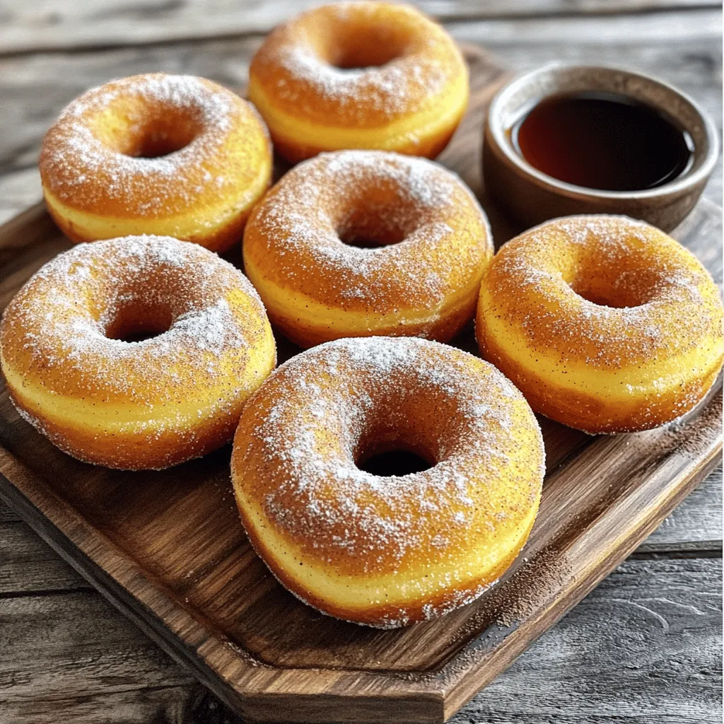 To make Pumpkin Spice Baked Donuts, you need a few key ingredients: - 1 cup all-purpose flour - 1/2 cup pumpkin puree - 1/4 cup granulated sugar - 1/4 cup packed brown sugar - 1 teaspoon baking powder - 1/2 teaspoon baking soda - 1 teaspoon pumpkin pie spice - 1/4 teaspoon salt - 1/2 teaspoon vanilla extract - 1/4 cup milk (dairy or non-dairy) - 1 large egg - 2 tablespoons melted butter or coconut oil If you need to make swaps, here are some ideas. You can use gluten-free flour in place of all-purpose flour. Almond milk or oat milk works well if you prefer non-dairy options. For the egg, try a flax egg or applesauce. These swaps keep the flavor and texture great. Measuring ingredients correctly is very important. Use a dry measuring cup for flour. Spoon the flour into the cup and level it off with a knife. This way, you avoid packing it down, which can lead to dense donuts. For liquids, use a liquid measuring cup with markings. Pour the milk in until it reaches the right line. Using room temperature ingredients helps too. If the egg and milk are at room temperature, they blend better. This leads to a smoother batter and fluffier donuts. 1. First, preheat your oven to 350°F (175°C). This step is key to getting soft, fluffy donuts. 2. While the oven warms up, prepare your donut pan. Lightly grease it with non-stick spray or a bit of oil. This will help the donuts release easily later. 3. In a large mixing bowl, gather all the dry ingredients. Combine: - 1 cup all-purpose flour - 1/4 cup granulated sugar - 1/4 cup packed brown sugar - 1 teaspoon baking powder - 1/2 teaspoon baking soda - 1 teaspoon pumpkin pie spice - 1/4 teaspoon salt 4. Whisk these dry ingredients until well mixed. This helps avoid lumps in the batter. 5. In a separate bowl, mix the wet ingredients. Blend together: - 1/2 cup pumpkin puree - 1/4 cup milk (dairy or non-dairy) - 1/2 teaspoon vanilla extract - 1 large egg - 2 tablespoons melted butter or coconut oil 6. Stir these wet ingredients until you achieve a smooth, creamy mixture. 1. Now, it’s time to combine the wet and dry ingredients. Pour the wet mix into the bowl of dry mix. 2. Stir gently. Be careful not to overmix. A few lumps are okay! Overmixing can lead to dense donuts, which we want to avoid. 3. The batter should have a thick but smooth consistency. This is the key to a good texture. 1. To fill the donut pan, use a piping bag or a zip-top bag with one corner cut off. Pipe the batter into each cavity, filling them about two-thirds full. This allows space for rising. 2. Place the filled pan in your preheated oven. Bake for about 10-12 minutes. The donuts are ready when they turn a light golden color. 3. To check for doneness, insert a toothpick into the center. If it comes out clean, your donuts are perfect! 4. Once baked, take the donut pan out of the oven. Let the donuts cool in the pan for about 5 minutes. 5. After this, gently press the donuts out of the pan and transfer them to a wire rack. Let them cool completely before serving. To make fluffy and light donuts, use room temperature ingredients. Cold items can lead to dense donuts. Mix your dry ingredients well to avoid lumps. When combining wet and dry, stir gently. A few lumps are okay; overmixing is a common mistake. Common mistakes to avoid include: - Not measuring ingredients accurately. - Using cold eggs or milk. - Overbaking the donuts, which can dry them out. For a lovely finish, dust your cooled donuts with powdered sugar. You can also dip them in a mix of cinnamon and sugar. This adds flavor and a nice look. Arrange the donuts on a rustic wooden platter for charm. Pair your donuts with a small bowl of warm maple syrup for dipping. A hot drink, like coffee or tea, makes a great match too. Enjoy! {{image_4}} You can enhance these donuts with fun flavors. Adding chocolate chips gives a sweet twist. I recommend about half a cup of mini chocolate chips. You can also add nuts like walnuts for a crunchy texture. Just fold them into the batter before you fill the donut pan. If you want to skip pumpkin spice, try chai spice instead. Chai spice mixes well with the pumpkin flavor. It adds warmth and a unique taste. You can even combine both spices for a mixed flavor that excites your palate! For a healthier version, you can reduce the sugar. Use only two tablespoons of granulated sugar. You can also swap the milk for almond or oat milk. Both options work great in this recipe. If you want to make these donuts vegan, it’s easy! Use flaxseed meal mixed with water instead of an egg. Combine one tablespoon of flaxseed meal with three tablespoons of water. Let it sit for a few minutes until it thickens. You can also replace the butter with coconut oil. This change keeps the flavor rich without dairy. These simple swaps make your donuts healthier while still tasty! To keep your Pumpkin Spice Baked Donuts fresh, store them in an airtight container. This will help prevent them from drying out. Place the donuts in a cool area, away from sunlight. They will stay fresh for about 2 to 3 days. If you want to keep them soft, add a slice of bread to the container. The bread will help maintain moisture. If you want to save some donuts for later, freezing works well. To freeze, wrap each donut tightly in plastic wrap. Then, place them in a freezer-safe bag. This method keeps them fresh for about 2 to 3 months. When you’re ready to eat them, take the donuts out and let them thaw at room temperature. For the best texture, warm them in the oven for a few minutes after thawing. This step will bring back their delightful taste and soft texture. How long do Pumpkin Spice Baked Donuts last? Pumpkin Spice Baked Donuts stay fresh for 2 to 3 days at room temperature. Store them in an airtight container. For longer storage, place them in the fridge. They can last up to one week in the fridge. Can I make the batter ahead of time? Yes, you can prepare the batter ahead of time. Store it in the fridge for up to 24 hours. Just be sure to mix it gently before filling the donut pan. This helps keep the texture light and fluffy. What to do if the donuts turn out dense or too dry? If your donuts turn out dense, it may be due to overmixing the batter. Mix just until combined. If they are too dry, you can add a splash of milk to moisten them. Avoid adding too much liquid at once. How to fix a batter that’s too runny or thick? For a runny batter, add a bit more flour, one tablespoon at a time. If your batter is too thick, stir in a little milk until it reaches a smoother consistency. Aim for a thick, but pourable batter for perfect donuts. Making Pumpkin Spice Baked Donuts is fun and easy. We covered all the key ingredients, tips for measuring, and step-by-step baking instructions. You learned how to store your donuts for the best taste and freshness. Baking can be a little tricky, but these tips help ensure success. Try out the variations for your own twist. Remember, practice makes perfect. Enjoy your tasty treats!