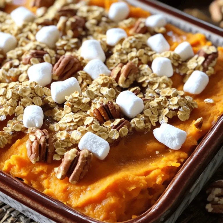 - 4 large sweet potatoes - 1/2 cup pure maple syrup - 1/4 cup unsalted butter - 1/2 cup packed brown sugar - Spices and seasonings (cinnamon, nutmeg, and salt) - Topping options (mini marshmallows, chopped pecans, rolled oats) I love sweet potatoes, especially in this casserole. Their natural sweetness shines through, and they have a creamy texture that makes them perfect for mashing. To start, I use four large sweet potatoes. You want them to be peeled and cut into 1-inch cubes for even cooking. Next, I add half a cup of pure maple syrup. This gives the dish a rich, sweet flavor. I also mix in a quarter cup of unsalted butter to add creaminess. Brown sugar complements the maple syrup well, so I use half a cup. For flavor, I include spices like cinnamon, nutmeg, and a pinch of salt. These spices really enhance the sweet potatoes. Finally, I love to top my casserole with mini marshmallows, chopped pecans, and rolled oats. They give a nice crunch and sweetness to each bite. - Alternative sweeteners (honey, agave) - Dairy-free options (coconut oil, non-dairy butter) - Nut-free variations (using seeds instead of nuts) If you want to mix things up, try different sweeteners! Honey or agave can work instead of maple syrup. If you prefer dairy-free, coconut oil or non-dairy butter makes a great swap. For nut-free versions, use seeds like sunflower or pumpkin seeds. They add crunch without nuts. Start by boiling the sweet potatoes. Fill a large pot with water and bring it to a boil. Add 4 large sweet potatoes, cut into 1-inch cubes. Cook them for 15 to 20 minutes. They should be tender enough to pierce with a fork. Once done, drain the sweet potatoes. Transfer them to a mixing bowl and mash until smooth. The texture is key here. You want a creamy mash, not lumpy. A smooth consistency helps the casserole come together. If it’s too chunky, the dish won't blend well. In the same bowl, mix the mashed sweet potatoes with other ingredients. Add 1/2 cup of pure maple syrup, 1/4 cup of melted unsalted butter, and 1/2 cup of brown sugar. Then, stir in 1 teaspoon of vanilla extract, 1 teaspoon of ground cinnamon, 1/2 teaspoon of freshly grated nutmeg, and 1/4 teaspoon of fine sea salt. Use a spatula or electric mixer for this step. Mixing well creates a creamy texture. You want all the flavors to meld together. This will make your casserole taste amazing. Now, pour the sweet potato mix into a greased 9x13-inch casserole dish. Spread it evenly. This helps it cook uniformly. Next, let’s create the crunchy topping. In a separate bowl, combine 1 cup of mini marshmallows, 1/2 cup of finely chopped pecans, and 1/4 cup of rolled oats. Mix them well. Then, sprinkle the topping over the sweet potato layer in the casserole dish. This crunchy layer adds a fun texture. It contrasts nicely with the soft sweet potatoes. The marshmallows will get gooey, making every bite delicious. To get the best texture in your casserole, adjust the cooking time. If you want a softer dish, cook the sweet potatoes a bit longer. For a firmer consistency, check them sooner. Place your casserole dish in the center of the oven. This helps the heat to circulate evenly. Add a pinch of salt to your sweet potato mix. This balances the sweetness from the maple syrup and brown sugar. You can also layer flavors with spices. Try adding a hint of ginger or allspice for a unique spin. When serving, you can scoop the casserole into individual ramekins. This makes it look fancy and elegant. For a rustic touch, serve it straight from the casserole dish. Top each serving with chopped pecans or a drizzle of maple syrup for a beautiful finish. {{image_4}} You can add bourbon or whiskey to your casserole. This gives it a rich flavor. The warmth from the alcohol pairs well with sweet potatoes. Just a splash will do. You can also include other Southern favorites. Try adding chopped pecans or a hint of black pepper. Pecans add crunch, while black pepper gives a nice kick. These small changes can make your dish special. You can switch up the sweet potatoes for pumpkin or butternut squash. These options work great in fall and winter. They bring their own unique flavors and textures. You can also make your casserole for special occasions. For Thanksgiving or Christmas, add a festive touch. Try topping it with cranberries or pecans for a holiday look. Each season can inspire a new twist on this classic dish. Toppings can change the whole feel of your casserole. You can use different nuts like walnuts or almonds for variety. Seeds like pumpkin or sunflower can also work well. Another idea is to create a crumble topping. Mix oats with brown sugar and butter for a crunchy layer. This adds a different texture and flavor. Each topping option can make your casserole unique and exciting. To keep your Southern Maple Sweet Potato Casserole fresh, use an airtight container. Glass or plastic containers work well. Make sure to let the casserole cool before sealing it. This helps avoid sogginess. If you have leftover topping, store it separately to keep the crunch. The best way to reheat your casserole is in the oven. Preheat your oven to 350°F. Place the casserole in a baking dish. Cover it with foil to keep it moist. Heat for about 20 minutes or until warm. You can also use the microwave. Just heat in short bursts to prevent drying out. For long-term storage, you can freeze it. Wrap the casserole tightly in plastic wrap and then aluminum foil. It can last up to three months in the freezer. You can keep the casserole in the fridge for about four days. Be sure to check for signs of spoilage. If it smells off or looks moldy, it’s time to toss it. Always trust your senses—when in doubt, throw it out! Yes, you can. To prepare ahead, follow these steps: - Cook the sweet potatoes: Boil and mash them as directed. - Mix the ingredients: Combine the sweet potatoes with maple syrup, butter, and spices. - Store: Put the mixture in a greased casserole dish. Cover it well with plastic wrap. - Refrigerate: You can keep it in the fridge for up to 2 days. When ready to bake, just add the topping and cook as directed. No, the original recipe isn't vegan. But you can make it vegan-friendly easily. - Swap butter: Use coconut oil or a non-dairy butter. - Change the sweetener: Maple syrup is already vegan, which is great. - Omit marshmallows: Use a vegan brand or skip them. With these changes, you can enjoy a tasty vegan casserole. This casserole pairs well with many dishes. Here are some ideas: - Roasted vegetables: Brussels sprouts or green beans work great. - Grilled meats: Try serving it with chicken or pork. - Salads: A fresh green salad adds a nice crunch. These options will make your meal balanced and delicious. The Southern Maple Sweet Potato Casserole offers a delicious mix of flavors and textures. You learned about key ingredients, substitutions, and step-by-step instructions to create the perfect dish. Tips on enhancing flavor, presentation, and variations added to your options. Proper storage and reheating ensure your casserole stays tasty. Make this dish your go-to for gatherings. With simple tweaks, you can suit any occasion. Enjoy your cooking journey!