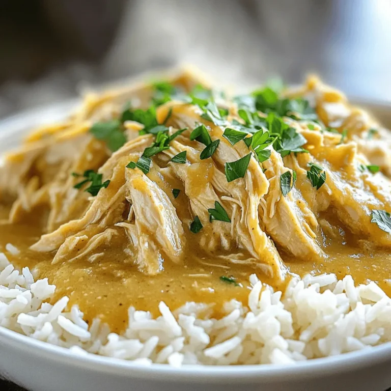 Cooking a warm bowl of crockpot chicken and gravy is simple and delightful. Here’s what you need: - 4 boneless, skinless chicken breasts - 1 can (10.5 oz) cream of chicken soup - 1 packet (1 oz) ranch dressing mix - 1 cup low-sodium chicken broth - 1/2 cup sour cream - 1 teaspoon garlic powder - 1/2 teaspoon onion powder - Salt and pepper, to taste - Fresh parsley, chopped (for garnish) - Cooked rice or creamy mashed potatoes (for serving) Each ingredient plays a key role in creating a rich and creamy dish. The chicken breasts are the star, providing a lean protein base. The cream of chicken soup adds a smooth texture and depth. The ranch dressing mix brings a unique flavor twist that makes this dish stand out. Using low-sodium chicken broth ensures the dish isn't overly salty. Sour cream adds creaminess and tang, while garlic and onion powders enhance the taste. Don’t forget to adjust salt and pepper to suit your liking. A sprinkle of fresh parsley not only brightens up the dish but also adds a pop of color. Serve this savory mix over rice or mashed potatoes for a comforting meal. This dish can feed four people, making it perfect for family dinners. First, gather your ingredients. You need four boneless, skinless chicken breasts, one can of cream of chicken soup, and ranch dressing mix. You’ll also need chicken broth, sour cream, garlic powder, onion powder, salt, and pepper. In a medium bowl, whisk together the cream of chicken soup, ranch dressing mix, chicken broth, sour cream, garlic powder, onion powder, salt, and pepper. Mix until smooth. This sauce is key to flavor. Next, arrange the chicken breasts in a single layer at the bottom of your crockpot. Pour the creamy sauce over the chicken. Make sure every piece is covered. This helps the chicken soak up all the great flavors. Now it’s time to cook. Secure the lid on the crockpot. Set it to cook on low for 6-7 hours or on high for 3-4 hours. The chicken is done when it reaches an internal temperature of 165°F. Check for doneness after the time is up. The chicken should be tender and easy to shred. If it is not done, cook for an extra 30 minutes. When the chicken is ready, remove it from the crockpot. Place it on a plate and use two forks to shred it into bite-sized pieces. Return the shredded chicken to the crockpot. Stir it into the creamy gravy until well mixed. Taste and adjust the seasoning if needed. Serve this dish over cooked rice or creamy mashed potatoes. For a nice touch, sprinkle fresh parsley on top. This adds color and freshness to your plate. Use a white plate to make the creamy chicken stand out. Enjoy your comforting meal! To get the best results, adjust your cooking time based on your crockpot settings. If you cook on low, expect 6-7 hours. On high, it takes about 3-4 hours. Always check the chicken's internal temperature. It should reach 165°F (75°C). This ensures it's safe to eat and super tender. For the ideal chicken texture, remember to coat each breast well with the creamy sauce. This helps keep the chicken moist as it cooks. Shredding the chicken after cooking makes it soak up even more flavor from the gravy. To boost the flavor, you might want to add a pinch of paprika or some thyme. These spices give the dish a nice depth. You can also swap the cream of chicken soup for cream of mushroom for a different taste. For sides, serve this dish over cooked rice or creamy mashed potatoes. You can also add some steamed green beans or carrots. They add color and crunch to your meal. For a beautiful presentation, use a white plate. It showcases the creamy chicken and gravy well. You can drizzle some extra gravy on top for a rich look. Garnish with chopped parsley for a fresh touch. This adds color and a hint of flavor. You could also add lemon slices on the side. They bring brightness to the plate and balance the dish. {{image_4}} You can change the flavor of this dish easily. Instead of cream of chicken soup, try cream of mushroom soup. This adds a rich, earthy taste. If you want a kick, add spices like paprika or cayenne pepper. A little heat can elevate the meal. You can also experiment with herbs. Try adding thyme or rosemary for a fresh touch. These flavors blend well with chicken and make it more aromatic. Don't be afraid to mix and match your favorites. To make this dish lighter, swap out sour cream for Greek yogurt. This keeps it creamy while cutting fat. You can also use low-fat cream of chicken soup, which reduces calories. If you need gluten-free options, ensure the ranch dressing mix is gluten-free. You can find many brands that cater to this need. These swaps keep the dish tasty and friendly for different diets. Using chicken thighs can add more flavor. Thighs are juicier and can handle longer cooking times. This change makes the dish even more delicious. For a vegetarian option, replace chicken with chickpeas or tofu. These ingredients soak up the gravy well. They provide protein and texture, making a satisfying meal for all. After enjoying your meal, store leftovers safely. Let the chicken and gravy cool down before putting it in the fridge. Use airtight containers to keep the dish fresh. Glass or plastic containers work well. Make sure to keep the lid tightly closed. This helps prevent spills and keeps out odors. To freeze your chicken and gravy, first, let it cool completely. Transfer the dish into freezer-safe bags or containers. Remove as much air as possible. This helps avoid freezer burn. Label the bags with the date. When ready to eat, thaw it overnight in the fridge. Reheat in the microwave or on the stove until hot. In the fridge, your chicken and gravy last 3 to 4 days. If frozen, it stays good for up to 3 months. For best taste, eat it sooner rather than later. Always check for any off smells or changes in color before consuming. The best way to reheat this dish is on the stove. Place the chicken and gravy in a pot. Heat it over low to medium heat. Stir it often to avoid sticking. You can also use the microwave. Just place it in a safe dish and cover it. Heat in short bursts, stirring in between. This keeps the chicken moist and tasty. Yes, you can make this dish ahead of time. Prepare the chicken and gravy as directed. Once cooked, let it cool. Store it in an airtight container in the fridge. It will stay fresh for up to three days. You can also freeze it for longer storage. Just thaw it in the fridge before reheating. You can serve this dish with several sides. Cooked rice or creamy mashed potatoes are both great choices. They soak up the gravy well. Steamed vegetables add color and nutrition. You can also serve it with a salad for a fresh crunch. Feel free to mix and match your favorites. Yes, you can cook on high if you’re short on time. Set your crockpot to high and cook for about 3 to 4 hours. Make sure the chicken reaches 165°F (75°C) for safety. The chicken will still be tender and flavorful. Just keep an eye on it as it cooks. You can use frozen chicken breasts, but not directly. It’s best to thaw them first. Thaw the chicken in the fridge overnight. This helps the chicken cook evenly. If you’re in a hurry, you can use the microwave. Just follow the microwave instructions for thawing. Once thawed, you can follow the recipe as usual. This guide to making Crockpot chicken and gravy covers everything you need. From ingredients to cooking tips, each step ensures success. You have options to modify flavors and make it your own. Remember to follow storage tips for leftovers. With these insights, your dish will be tasty and satisfying. Enjoy this comforting meal with your favorite sides. I hope you feel inspired to create this dish at home!