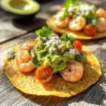 - 1 lb fresh shrimp, peeled and deveined For the best flavor, use fresh shrimp. Look for shrimp that smell like the ocean. They should be firm and shiny. If you can, buy shrimp from a local market for the best taste. Fresh shrimp makes a big difference in your tostadas. - 8 small corn tortillas Corn tortillas are key for this dish. They add a nice crunch when fried. Choose smaller ones for perfect bite-sized tostadas. You can find these at any grocery store. They should be soft but sturdy enough to hold the toppings. - 2 ripe avocados - 1 cup cherry tomatoes, halved - 1/2 medium red onion, finely chopped - 1 jalapeño, finely diced (optional for heat) - 1/4 cup fresh cilantro, chopped - 2 tablespoons lime juice Avocados are creamy and rich. They form the base of your guacamole salsa. Cherry tomatoes add sweetness and color. Red onion gives a nice crunch and zest. The jalapeño can spice things up, but you can skip it if you want. Fresh cilantro adds a pop of flavor. Lime juice brightens everything up and keeps the avocados green. - 1 teaspoon garlic powder - Salt and pepper to taste - Olive oil for frying - Cotija cheese, crumbled (for garnish) Garlic powder enhances the shrimp's flavor. Salt and pepper bring out all the tastes. Use olive oil for frying the tortillas. It adds a lovely richness. Crumbled Cotija cheese on top provides a creamy finish. It’s salty and delicious, perfect for your tostadas. Start by taking a mixing bowl. Add the peeled and deveined shrimp. Season them well with garlic powder, salt, and pepper. Mix it all together. Let the shrimp marinate for about 10 minutes. This helps the shrimp soak up all the flavors. Next, heat a skillet over medium-high heat. Add a drizzle of olive oil and wait until it shimmers. Carefully add the marinated shrimp to the hot skillet. Sauté the shrimp for about 3-4 minutes. They will turn pink and curl up when cooked. Once done, remove them from the heat and set aside. In the same skillet, add a bit more olive oil if needed. Fry each corn tortilla one at a time. Cook them for about 1-2 minutes on each side. You want them to be golden brown and crisp. When finished, place the tortillas on a plate lined with paper towels. This will help drain any extra oil. Grab a medium-sized bowl for this step. Scoop the ripe avocados into the bowl. Use a fork to mash them until they are somewhat smooth. Add the halved cherry tomatoes, chopped red onion, cilantro, lime juice, and jalapeño if you like heat. Season this mixture with salt and pepper. Stir everything together until well combined. Now, it’s time to put everything together. Take a crispy tortilla and spread a generous layer of guacamole salsa on top. Then, place the sautéed shrimp evenly on the guacamole. The layers should be nice and even for the best taste. To top it off, sprinkle crumbled Cotija cheese on each tostada. This adds a creamy and salty flavor. Present your colorful shrimp tostadas on a large platter or individual plates. They are ready to be enjoyed! To make great shrimp, start with fresh shrimp. Look for shrimp that smell clean and ocean-like. After peeling and deveining, season them well. Garlic powder, salt, and pepper are key for flavor. Let the shrimp sit in the bowl for about 10 minutes. This helps them soak up the seasonings. When cooking, use a hot skillet. A medium-high heat works best. Cook the shrimp until they are pink. This takes about 3 to 4 minutes. For crispy tortillas, choose small corn tortillas. Use a non-stick skillet for frying. Heat the skillet with olive oil until it shimmers. Fry each tortilla for 1 to 2 minutes on each side. You'll know they are done when they turn golden brown. After frying, place them on paper towels. This drains the extra oil and keeps them crispy. Guacamole salsa is fun to customize. Start with ripe avocados for the best flavor. Mash them until they are smooth but still chunky. Add cherry tomatoes, red onion, cilantro, and lime juice. For some heat, mix in jalapeño. Adjust the salt and pepper to your taste. If you like a creamier salsa, add more avocados. This salsa pairs perfectly with the shrimp and crispy tortillas! {{image_4}} You can swap shrimp for other proteins. Try grilled chicken or fish. Both add great taste. For a plant-based option, use black beans or grilled tofu. Adjust the cooking time based on the protein you choose. Chicken and fish will need a bit longer to cook. Always season well to keep flavors bold. Get creative with toppings! You can add sliced radishes for crunch. Pickled onions also give a tangy kick. For added freshness, try diced cucumbers or a sprinkle of fresh lime. You can even mix in some corn for sweetness. Each topping can change the dish's vibe, making it fun to explore. Want heat? Add more jalapeño or a dash of hot sauce. You can also use chipotle in adobo for a smoky flavor. If you prefer mild, skip the jalapeño and use sweet bell peppers. Adjusting the spice level lets you cater to different tastes. Remember, it's all about what you enjoy! If you have leftover tostadas, store them properly. Place the crispy tortillas in an airtight container. Keep them at room temperature for up to one day. For longer storage, you can refrigerate them. The shrimp and salsa should be stored separately. This helps keep the tostadas crisp. Use them within two days for the best taste. You can freeze shrimp and salsa for later use. For shrimp, place them in a freezer-safe bag. Remove as much air as possible before sealing. They can last up to three months in the freezer. For guacamole salsa, use a tight container. It also freezes well but may change texture. Use frozen salsa within one month for the best flavor. When you're ready to eat, reheat the shrimp gently. Use a skillet over medium heat. Stir until warm, about 3-4 minutes. Do not overcook, or they will become tough. For the salsa, let it thaw in the fridge overnight. Mix it again before serving. Avoid microwaving the tortillas; instead, crisp them in a skillet for a minute on each side. Enjoy your tasty tostadas again! To make shrimp tostadas crispy, fry the corn tortillas. Use a hot skillet with olive oil. Cook them for 1-2 minutes on each side. The oil makes them golden and crunchy. After frying, place them on paper towels to soak up extra oil. This keeps them crispy longer. Yes, you can use frozen shrimp. Just thaw the shrimp first. Place them in cold water for about 10 minutes. Once thawed, peel and devein them if needed. Then, season and cook as the recipe states. Frozen shrimp works well and saves time! If you can’t find Cotija cheese, try feta cheese. Feta has a similar texture and salty taste. You can also use queso fresco for a milder flavor. Both options will still give your tostadas a nice creamy element. Guacamole salsa lasts about 1-2 days in the fridge. Keep it in an airtight container to reduce browning. The lime juice helps slow this down. If it does brown, just stir it well before serving. Enjoy fresh for the best taste! This article covered the key parts of making delicious shrimp tostadas. We explored fresh ingredients like shrimp, tortillas, avocado, and seasonings. You learned to prepare, cook, and assemble the tostadas with easy steps. I also shared tips to make shrimp juicy and tortillas crispy. Remember, you can customize flavors and store leftovers with ease. Enjoy your cooking journey, and feel free to experiment with different toppings and proteins! Your perfect shrimp tostadas await.