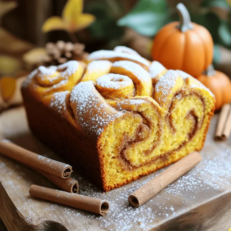 To make this delicious bread, gather these key items: - 1 cup canned pumpkin puree - 1/2 cup vegetable oil - 1 cup granulated sugar - 1/2 cup brown sugar, packed tightly - 3 large eggs, at room temperature - 1 1/2 cups all-purpose flour - 1 teaspoon baking soda - 1 teaspoon baking powder - 1/2 teaspoon salt - 1 teaspoon ground cinnamon - 1/2 teaspoon ground nutmeg - 1/4 teaspoon ground cloves - 1/2 teaspoon vanilla extract - 1 tablespoon cinnamon sugar (1 tablespoon granulated sugar and 1 teaspoon ground cinnamon) You can enhance your bread with these choices: - 1/2 cup chopped nuts (like walnuts or pecans) These add texture and a nice crunch. You can swap some items if needed: - Use applesauce instead of vegetable oil for a lighter option. - Try brown sugar instead of granulated sugar for a richer taste. - If you want a nut-free bread, leave out the chopped nuts. These substitutions keep the flavors nice while meeting your needs. Start by preheating your oven to 350°F (175°C). This ensures even baking. Grab a 9x5-inch loaf pan. Lightly grease it or line it with parchment paper. This step helps the bread come out easily later. In a large bowl, mix the canned pumpkin puree and vegetable oil. Add granulated sugar and brown sugar next. Crack in three large eggs. Use a whisk or hand mixer to blend. Mix until everything is smooth and combined. This will give your bread moisture and flavor. Take a separate medium bowl. Whisk together all-purpose flour, baking soda, and baking powder. Add salt, ground cinnamon, nutmeg, and cloves. Mix until there are no lumps. This step is key for a light, fluffy bread. Now, fold the dry mix into the wet mix. Do this gently. Stir until just combined, leaving some small lumps. If you like nuts, fold in some chopped walnuts or pecans. This adds a nice crunch. Pour half of the batter into the prepared pan. Spread it evenly. Sprinkle the cinnamon sugar on top. Pour the rest of the batter over this layer. Use a knife to gently swirl the two layers together. Avoid over-swirl to keep those pretty layers. Place the pan in the oven and bake for 55 to 65 minutes. Check for doneness by inserting a toothpick. It should come out clean or with a few moist crumbs. Once done, let the bread cool in the pan for 10 minutes. Then, move it to a wire rack to cool fully before slicing. To create a lovely swirl in your pumpkin bread, layer the batter wisely. Start by pouring half of the batter into your loaf pan. Then, sprinkle the cinnamon sugar mix evenly over that layer. Next, pour the remaining batter on top. Use a knife to gently swirl the layers together. Avoid over-mixing; you want distinct layers for a great look. Baking can be tricky. Here are some simple tips to help. First, always measure your ingredients accurately. Use a kitchen scale for precision. Second, don’t skip the preheating step. A hot oven makes your bread rise well. Lastly, check for doneness with a toothpick. It should come out clean or with a few moist crumbs. Want to boost the flavor of your pumpkin bread? Try adding spices like ginger or allspice. A pinch of cardamom can also add warmth. If you like nuts, walnuts or pecans enhance both taste and texture. You can also fold in some chocolate chips for a sweet surprise. Adjust the spices based on your taste for a personal touch. {{image_4}} You can make this bread gluten-free. Use a gluten-free flour blend instead of all-purpose flour. Look for blends that work well in baking. It helps keep the texture light and moist. You may also want to add a bit of xanthan gum, about 1/4 teaspoon, for better structure. This way, everyone can enjoy a slice! To make this bread vegan, swap the eggs for flax eggs. Mix 1 tablespoon of ground flaxseed with 3 tablespoons of water for each egg. Let it sit until it thickens. Use a plant-based oil like coconut or olive oil instead of vegetable oil. Lastly, replace the granulated sugar with coconut sugar. These swaps work great and keep the flavor intact. Get creative with nuts and fruits! You can add 1/2 cup of chopped walnuts or pecans for a crunchy bite. Dried fruits like cranberries or raisins also add sweetness. For a twist, try adding dark chocolate chips for a rich flavor. These small changes can make each loaf unique and fun to share. Enjoy experimenting with your favorite mix-ins! To keep your cinnamon swirl pumpkin bread fresh, store it right. First, let it cool completely. Wrap the bread tightly in plastic wrap or foil. This helps keep moisture in and air out. Then, place it in an airtight container or a resealable bag. Store it at room temperature for up to 3 days. For longer storage, keep it in the fridge for up to a week. Freezing your pumpkin bread is simple. After cooling, slice the bread into pieces. Wrap each slice in plastic wrap. Then, place the wrapped slices in a freezer bag. Squeeze out as much air as possible before sealing. You can freeze the slices for up to 3 months. When you want to enjoy it, just thaw a slice at room temperature or pop it in the microwave for a few seconds. Reheating brings back the bread’s warmth and flavor. You can use an oven or a microwave. For the oven, preheat it to 350°F. Place the slices on a baking sheet and heat for about 10 minutes. In the microwave, heat a slice for about 15 to 20 seconds. Serve the warm bread fresh, maybe with butter or cream cheese. It makes a lovely snack or breakfast treat. Enjoy the warm, sweet, and spicy goodness! Cinnamon Swirl Pumpkin Bread lasts about 4 to 5 days at room temperature. Store it in an airtight container to keep it fresh. For longer storage, place it in the fridge, where it can last up to a week. Yes, you can use fresh pumpkin! Cook and puree it until smooth. Measure out 1 cup of the fresh puree to match the canned pumpkin amount. This swap adds a fresh flavor to your bread. This bread pairs well with many toppings. Try cream cheese for a rich blend or butter for a classic touch. You can also enjoy it with a cup of coffee or tea for a cozy treat. Check your bread with a toothpick. Insert it into the center. If it comes out clean or with a few moist crumbs, your bread is done. Baking usually takes 55 to 65 minutes at 350°F. Absolutely! To make mini loaves, divide the batter into smaller pans. Bake them for about 25 to 30 minutes. Always test with a toothpick to ensure they are fully baked. Cinnamon swirl pumpkin bread combines rich flavors and warm spices. You learned essential and optional ingredients, along with helpful substitutions. I provided easy steps to mix, bake, and perfect your bread. Tips helped avoid common mistakes while exploring tasty variations catered to special diets. Remember to store and freeze your bread for freshness. Enjoying this treat will add joy to your meals and gatherings. Happy baking!