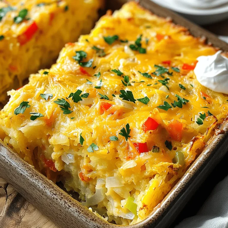 - 1 (24 oz) package of frozen hash browns, fully thawed - 2 cups of shredded sharp cheddar cheese - 1 cup of diced bell peppers (choose red, green, or yellow for color) - 1 cup of finely diced onion - 6 large eggs - 1 cup of whole milk - 1 teaspoon of garlic powder - 1 teaspoon of smoked paprika - ½ cup of cooked and crumbled turkey sausage - Fresh parsley, chopped - Preheat the oven to 375°F (190°C). - Grease a 9x13 inch baking dish. Start by preheating your oven. This step helps the casserole cook evenly. Greasing the dish stops it from sticking. Use non-stick spray or butter. Both work well. - Combine hash browns, cheese, bell peppers, onion, spices. - Distribute the mixture evenly in the baking dish. In a large bowl, mix thawed hash browns, half the cheese, diced bell peppers, and onion. Add garlic powder, smoked paprika, salt, and pepper. Stir until everything is mixed well. Spread this mixture evenly in your greased dish. Press it down gently. This creates a solid base for your casserole. - Whisk eggs and milk together. - Season the egg mixture. In another bowl, whisk together large eggs and whole milk. Make sure they blend smoothly. Add a pinch of salt and pepper for extra taste. This egg mixture will hold the casserole together. - Pour egg mixture over hash brown layer. - Optional: Add turkey sausage. - Top with remaining cheese. Now, pour the egg mixture over the hash brown layer. Make sure it seeps down into the mixture. If you want more flavor, sprinkle cooked turkey sausage on top. Finish by adding the rest of the cheese. This will give the casserole a nice crust. - Cover with foil and bake for 30 minutes. - Remove foil and bake for an additional 15-20 minutes. Cover the dish tightly with aluminum foil. Bake for 30 minutes. After that, take off the foil. Bake for another 15-20 minutes. Watch until the top turns golden brown. The eggs should be fully set in the center. - Let cool for 5 minutes before slicing. - Garnish with parsley before serving. Once baked, let the casserole cool for about 5 minutes. This helps it hold its shape. When ready, slice into squares. For a touch of color, garnish with fresh parsley. Enjoy your hearty hash brown breakfast casserole! - Always make sure your hash browns are fully thawed before mixing. Frozen hash browns can make your casserole soggy. - Don't forget to adjust the seasoning to your taste. Everyone loves different flavors! - Serve with a dollop of sour cream or creamy avocado on top. This adds a nice touch. - Sprinkle extra parsley on top for a burst of color and freshness. It looks great and tastes good too! - A common mistake is not pressing down the hash brown layer. This helps keep it together when baking. - Make sure not to overbake the casserole. Overbaking leads to dry eggs, which nobody likes. Keep an eye on it! {{image_4}} You can easily switch up ingredients in this casserole. Try different types of cheese, like mozzarella or pepper jack. Each cheese brings its own flavor. You can also swap meat options. Bacon or ham works well and adds a nice taste to your dish. Each choice gives a new twist. If you want a vegetarian or vegan dish, I have you covered. Replace the eggs with a vegan alternative, like tofu or chickpea flour. This keeps the texture while making it plant-based. For cheese, use a plant-based option. You can also add vegan sausage for flavor. These swaps keep the dish hearty and satisfying. To boost flavor, add fresh herbs. Thyme or oregano makes a great addition. These herbs elevate the taste and aroma. If you like heat, include spicy ingredients. Jalapeños add a nice kick. This makes your casserole fun and exciting. Each variation allows you to make it your own. To store leftovers, let the casserole cool first. Cut it into squares. Place the squares in an airtight container. You can keep it in the fridge for up to three days. For reheating, use the microwave or oven. If using the oven, preheat it to 350°F (175°C). Bake for about 15-20 minutes. This helps keep the eggs nice and fluffy. For freezing, wrap the casserole tightly in plastic wrap. Then, cover it with aluminum foil. This prevents freezer burn. You can freeze it for up to three months. Before reheating, move the casserole to the fridge to thaw overnight. This helps it warm evenly. After thawing, reheat as described above. In the fridge, the hash brown casserole lasts about three days. You will know it's spoiled if you see mold or smell something off. If it looks or smells strange, throw it away to be safe. You can prepare this casserole the night before. Start by mixing the hash browns and other veggies in a bowl. Then, layer the mixture in your baking dish. In a separate bowl, whisk the eggs and milk. Pour the egg mixture over the hash browns, cover it with foil, and store it in the fridge. The next morning, just bake it as directed. This saves time and is great for busy mornings. Yes, fresh hash browns work well too! If you choose fresh, make sure to cook them lightly before mixing. This helps remove excess moisture. You may need to adjust the baking time. Keep an eye on it, and check for a golden top and set eggs. This casserole pairs well with many sides. Consider serving it with fresh fruit, like berries or sliced melons. You can also add crispy bacon or sausage for extra flavor. A nice cup of coffee or fresh juice completes the meal perfectly. Yes, this hash brown breakfast casserole is gluten-free! The main ingredients do not contain gluten. Always check labels on any extras, like sausage or cheese. If needed, use gluten-free versions to ensure the dish stays safe for everyone. This blog post has covered how to make a delicious hash brown breakfast casserole. We explored the key ingredients, mixing techniques, and baking steps. Remember, you can customize it by using different meats or cheese. Store leftovers wisely to keep them fresh. This dish is perfect for any breakfast or brunch occasion. With a few simple steps, you can create a tasty meal everyone will enjoy. Get creative and have fun cooking!