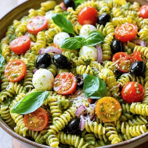 - Pasta Options: Fusilli or Penne - Pesto Ingredients: Fresh Basil, Pine Nuts, Olive Oil, Garlic, Parmesan Cheese - Additional Salad Ingredients: Cherry Tomatoes, Black Olives, Red Onion - Seasoning: Salt, Pepper, Lemon Zest, and Juice - Optional Garnish: Fresh Mozzarella Balls To make a great pesto pasta salad, choose your pasta first. Fusilli or penne works best. They hold onto the pesto well. Next, gather the pesto ingredients. You'll need fresh basil, pine nuts, olive oil, garlic, and Parmesan cheese. These flavors blend to make a fresh sauce. Then, add the salad ingredients. Cherry tomatoes add sweetness, while black olives bring a bit of salt. Red onion adds crunch and flavor. Don't forget the seasoning! Use salt and pepper to taste. Lemon zest and juice will brighten the dish. Lastly, think about garnishing. Fresh mozzarella balls can add a creamy touch. They also look great on the plate. With these ingredients, you set the stage for a tasty and colorful salad. Feel free to mix and match based on your taste! To start, fill a large pot with water and add salt. The water needs to taste like the sea. Bring this water to a rolling boil. This means bubbles are rapidly rising. Add 2 cups of pasta, like fusilli or penne. Cook it according to the package directions. You want the pasta to reach al dente texture. Al dente means it is cooked but still firm. This usually takes about 8 to 10 minutes. Once cooked, drain the pasta in a colander. Spread it out on a baking sheet to cool. This helps stop the cooking process. For the pesto, gather your ingredients. You will need: - 1 cup fresh basil leaves - 1/3 cup pine nuts, lightly toasted - 1/2 cup extra-virgin olive oil - 2 cloves garlic, minced - 1/2 cup grated Parmesan cheese - Salt and pepper to taste - Zest and juice of 1 lemon In a food processor, add the basil, pine nuts, garlic, and Parmesan. Pulse the mixture until it is finely chopped. While the processor runs, slowly pour in the olive oil. This creates a smooth and creamy pesto. Season it with salt and pepper. Add lemon zest and juice to brighten the flavor. Blend again to mix everything well. In a large mixing bowl, combine the cooled pasta and pesto. Gently mix them with a spatula or wooden spoon. Next, add in the halved cherry tomatoes, sliced black olives, and finely chopped red onion. These ingredients add color and taste. Use a folding motion to combine. This method is better than stirring because it keeps the pasta intact. Chilling the pasta salad is key for flavor. Cover the bowl with plastic wrap or a lid. Place it in the fridge for at least 30 minutes. This helps the flavors meld together. When ready to serve, taste the salad. You might need more salt, pepper, or lemon juice. If you like, fold in fresh mozzarella balls for creaminess. You can serve the pasta salad cold or at room temperature. Enjoy! How to store pesto for freshness Store your pesto in an airtight jar. Pour a thin layer of olive oil on top. This helps keep the pesto bright and fresh. It can last about a week in the fridge. If you want to keep it longer, freeze it in ice cube trays. Once frozen, pop them into a bag. This way, you have small portions ready to use. Alternative nuts for pesto Pine nuts are great, but they can be pricey. You can use walnuts, almonds, or cashews. Each nut adds a unique flavor. Experiment to find your favorite! Best practices for seasoning Always taste your pesto while making it. Adjust salt and pepper as needed. A dash of lemon juice brightens the flavors. Remember, fresh herbs like basil add a lot of taste. So, pack them in! Ways to add extra creaminess For a creamier texture, add more cheese. You can use ricotta or cream cheese. These make the pesto rich and smooth. If you want a vegan option, blend in some silken tofu. It adds creaminess without dairy. Colorful serving suggestions Serve your pasta salad in a bright bowl. A colorful dish makes it more appealing. You can mix in vibrant veggies like bell peppers or spinach. This adds color and nutrients. Garnishing ideas for visual appeal Top your salad with fresh basil leaves. They look great and taste fresh. A sprinkle of extra cheese also adds a nice touch. Lastly, drizzle some olive oil for shine and flavor. {{image_4}} For a vegan twist on pesto pasta salad, you can skip the cheese. Instead of Parmesan, use nutritional yeast. It adds a cheesy flavor without dairy. You can also try cashews or sunflower seeds as nut alternatives. They blend well into the pesto, giving it a creamy texture. If you want to add protein, consider grilled chicken, shrimp, or chickpeas. Chicken and shrimp give a nice texture and flavor. Chickpeas are a great plant-based option. You can mix in protein to make the salad more filling. Just remember to balance the flavors with the pesto. Using seasonal vegetables makes this dish more fun. In summer, add sweet corn or zucchini. In fall, try roasted butternut squash or Brussels sprouts. Adapting the recipe helps bring out fresh flavors. It also makes the salad vibrant and colorful. To keep your pesto pasta salad fresh, use airtight containers. Glass containers work best. They prevent odors and keep the salad crisp. Make sure to cool the salad completely before sealing it. This helps avoid excess moisture that can make the pasta soggy. If you want to store the salad longer, consider freezing it. However, pasta salad does change in texture when frozen. To freeze, pack the salad in freezer-safe bags, removing as much air as possible. You can also freeze the pesto separately. This way, you can enjoy fresh flavors anytime. Reheating pesto pasta salad is simple. The best method is to let it sit at room temperature for a bit. You can also warm it gently in a microwave. Use a low setting and check every 30 seconds. This method helps keep the pasta from getting too soft. To maintain flavor and texture, avoid high heat. If reheating, add a splash of olive oil or lemon juice. This helps revive the salad's taste. Stir gently to mix everything well before serving. You can store Pesto Pasta Salad in the fridge for up to three days. Use an airtight container to keep it fresh. After three days, the flavors fade and the pasta may become mushy. If you want to keep it longer, consider freezing it. Just know the texture may change after freezing. Yes, you can use store-bought pesto. Just pick a high-quality brand for the best flavor. Some store-bought options may taste a bit different than fresh. Always check the ingredients for added oils and preservatives. Fresh pesto adds a brighter taste, but store-bought is a quick option. Pesto Pasta Salad pairs well with grilled chicken or fish. It also goes great with a fresh green salad. You can serve it alongside crusty bread or garlic bread for a complete meal. For a fun twist, try it with a side of roasted vegetables or a fruit salad. Yes, you can make this recipe gluten-free. Look for gluten-free pasta options made from rice or quinoa. These choices work well and keep the dish tasty. Just cook them according to the package directions for the best results. Enjoy your delicious gluten-free Pesto Pasta Salad! This blog post covered the essential steps to make a delicious pesto pasta salad. We explored the key ingredients, from pasta options to vibrant toppings. You learned how to make a smooth pesto and combine all the elements for optimal flavor. I shared tips on enhancing your dish and variations for special diets. Remember, storage and reheating are crucial for maintaining taste. Enjoy this dish at any gathering, knowing it will impress everyone. Creating it at home lets you customize flavors to your liking. Dive into the joy of cooking!