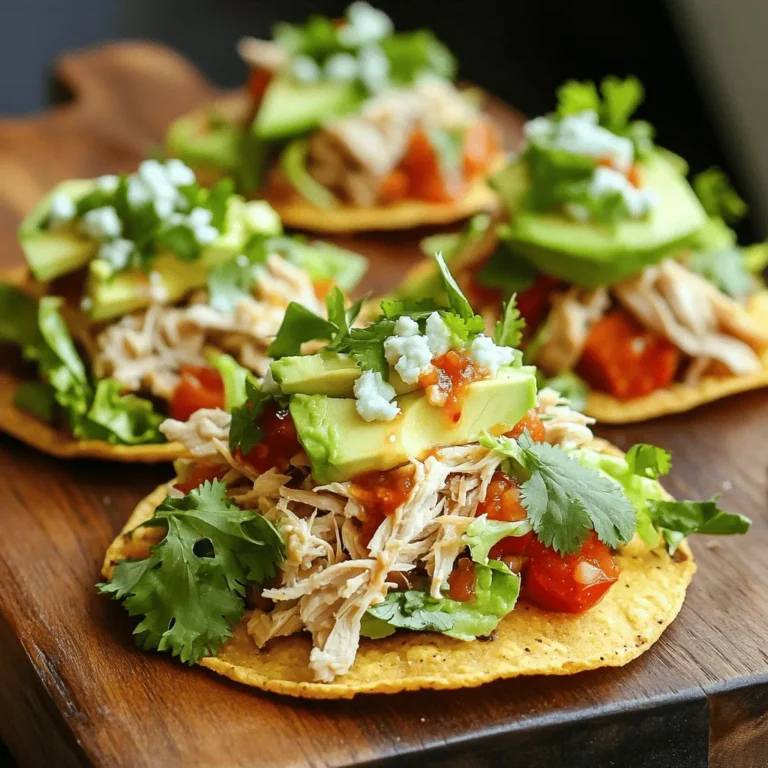 - 4 tostada shells - 2 cups rotisserie chicken, shredded - 1 cup refried beans - 1 cup freshly shredded lettuce - 1 medium tomato, finely diced - 1 ripe avocado, sliced - 1/2 cup crumbled queso fresco - 1/4 cup fresh cilantro, chopped - 1/2 cup salsa of your choice - Juice of 1 lime - 1 teaspoon chili powder - 1 tablespoon olive oil - Salt and freshly ground black pepper, to taste Using rotisserie chicken makes this dish quick. You can grab one from the store or make your own. The tostada shells provide a crispy base. They are easy to find, and baking them adds crunch. You will want fresh toppings to add color and taste. Crisp lettuce and juicy tomatoes brighten the dish. Slices of avocado give a creamy texture. Queso fresco adds a salty touch. Fresh cilantro brings a burst of flavor. Seasoning is key. Lime juice adds a zing. Chili powder gives a warm kick. Olive oil helps all the flavors mix well. Salt and pepper round everything out. Together, these ingredients make a tasty meal. They create a mix of flavors and textures. You can enjoy these tostadas for lunch or dinner! 1. Preheat your oven to 350°F (175°C). This step is key to making crispy tostada shells. 2. Place your tostada shells on a baking sheet. Make sure they have space between them. 3. Use a brush to coat each shell lightly with olive oil. This gives them a nice flavor. 4. Bake the shells for about 5-7 minutes. You want them to be warm and slightly crispy. 1. While the shells bake, get your chicken ready. Take 2 cups of shredded rotisserie chicken. 2. In a bowl, mix the chicken with the juice of 1 lime, 1 teaspoon of chili powder, and a pinch of salt and pepper. 3. Toss everything well until the chicken is coated. This mix adds great flavor to your tostadas. 1. Once your tostada shells are baked, it’s time to build your meal. 2. Start by spreading a generous tablespoon of warm refried beans on each shell. This forms your base. 3. Next, add the seasoned chicken mixture on top of the beans. Make sure to spread it evenly. 4. Now, layer on the fresh toppings. Start with shredded lettuce, then add diced tomatoes, and slices of avocado. 5. Finally, sprinkle some crumbled queso fresco and chopped cilantro on top. This adds color and taste. 6. For extra flavor, drizzle your favorite salsa over each tostada just before serving. - Baking tips for tostada shells: Preheat your oven to 350°F. Arrange the tostada shells on a baking sheet. Brush each shell lightly with olive oil. Bake for 5-7 minutes. You want them warm and slightly crispy. - Avoiding sogginess with toppings: Use warm refried beans as a base layer. Spread them on the shells right before adding other toppings. This helps keep the tostadas crisp. - Using pre-prepped ingredients: Buy rotisserie chicken from the store. This saves you time on cooking. Use pre-shredded lettuce and diced tomatoes too. These small choices speed up your meal prep. - Quick assembly ideas: Set up a topping bar. Lay out all your ingredients in bowls. Let everyone build their own tostadas. This makes it fun and fast! - Best sides to serve with tostadas: Serve with a simple side salad or corn. These add freshness and balance to your meal. You can also offer chips with salsa for extra crunch. - Presentation tips for a beautiful dish: Arrange tostadas on a large platter. Garnish with lime wedges and chopped cilantro. This adds color and makes the dish pop. Guests will love the look! {{image_4}} You can switch up the protein in your tostadas. Instead of rotisserie chicken, try these options: - Grilled shrimp: Quick to cook and adds a nice flavor. - Pulled pork: Use leftovers from your BBQ for a smoky twist. - Sautéed beef: Ground beef with spices gives a hearty touch. For a vegetarian option, use beans. Black or pinto beans work well. They are filling and tasty. Just mash or heat them up before spreading on the tostada. Spice blends can change the taste of your tostadas. Here are some ideas: - Cajun seasoning: Adds a kick and warmth. - Taco seasoning: Brings classic flavors that everyone loves. - Smoked paprika: Gives a unique, smoky taste. Try unique toppings for more flavor: - Pickled red onions: They add tang and crunch. - Jalapeños: For those who prefer heat. - Fresh corn: Sweet and crunchy, perfect for summer. Making tostadas ahead of time saves you effort. Here are some tips: - Prepare the ingredients: Cook and store your chicken or beans in advance. - Assemble before serving: Keep toppings separate until you serve. This keeps everything fresh and crispy. To freeze, store layers separately. Use airtight containers for best results. When you’re ready to eat, reheat the tostada shells in the oven. This will keep them crunchy. Just warm the toppings on the stove. Enjoy your quick meal! To keep your tostadas fresh, store each component separately. Place leftover tostada shells in a dry container. Use a paper towel to absorb moisture. For the chicken and beans, use airtight containers. This keeps all ingredients tasting great. - Tostada shells: Store in a cool, dry place. - Chicken and beans: Use airtight containers in the fridge. - Toppings: Keep in separate containers to avoid sogginess. Reheat tostada shells in the oven for crispiness. Preheat the oven to 350°F (175°C). Place shells on a baking sheet for about 5 minutes. This brings back their crunch. For leftover toppings, heat them in the microwave. Cover the bowl with a damp paper towel. This keeps them from drying out. - Tostada shells: 5 minutes in the oven. - Toppings: Microwave with a damp paper towel. Use the FIFO (First In, First Out) method for storing leftovers. This means eat older items first. Store chicken and beans for up to three days in the fridge. Check for spoilage signs like off smells, color changes, or odd textures. If you notice any of these, it’s best to discard them. - Chicken and beans: Up to three days in the fridge. - Signs of spoilage: Off smells, strange colors, or odd textures. To keep your tostadas crispy, avoid adding wet toppings. Focus on layering. Start with refried beans, then add chicken. Use fresh veggies like lettuce and tomatoes on top. Serve salsa on the side. Bake your tostadas until they are golden and crunchy. This helps keep them from getting soggy. Yes, you can use different beans. Black beans work well. You can also try pinto beans or white beans. If you want a twist, use chickpeas for a unique flavor. Each option adds a different taste and texture to your tostadas. For mild salsa, try a fresh tomato salsa or a mild green salsa. If you like heat, go for a spicy salsa verde or a chipotle salsa. These add depth and flavor to your tostadas. Always choose a salsa that matches your taste. You can change your toppings to suit your taste. Try adding corn, jalapeños, or radishes for a crunch. Fresh herbs like basil or mint can add a unique twist. You can also use different cheeses, like cheddar or cotija, for more flavor. Get creative with your favorites! If you don’t have rotisserie chicken, you can use cooked chicken breast. Shred or chop it to match the texture. You can also use canned chicken or turkey. For a vegetarian option, try grilled veggies or tofu for a hearty filling. Rotisserie chicken tostadas are simple and fun to make. We covered the main ingredients, like tostada shells and fresh toppings. I shared step-by-step instructions for a tasty result. Tips helped ensure the best texture, and I offered variations to keep things exciting. In the end, enjoy this dish your way. Feel free to experiment with flavors or ingredients. With my guide, you can create something delicious every time. Happy cooking!