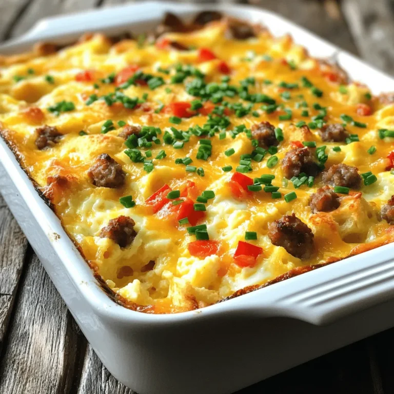 To make the Ultimate Breakfast Casserole, you need the following ingredients: - 8 large eggs - 2 cups milk - 1 cup shredded cheddar cheese - 1 cup diced bell peppers - 1 cup diced onion - 2 cups cooked breakfast sausage - 4 cups day-old bread - 1 teaspoon garlic powder - 1 teaspoon onion powder - Salt and black pepper to taste - Fresh chives for garnish These ingredients come together to create a hearty and tasty breakfast dish. The eggs and milk form a creamy base. The cheese adds richness and flavor. I love using both red and green bell peppers for color. They bring a fresh crunch to the casserole. Cooked breakfast sausage gives it a savory kick. Day-old bread soaks up the egg mixture, making every bite soft and flavorful. Garlic and onion powder enhance the taste without overwhelming it. Finally, a sprinkle of chives adds a pop of green and freshness. Make sure to grab fresh ingredients for the best flavor. This simple list is easy to remember and shop for. Enjoy the process of putting this dish together! - Preheat the oven to 350°F (175°C). - Grease a 9x13-inch baking dish. Start by warming up your oven. This step helps the casserole cook evenly. Next, grab a baking dish and coat it well with non-stick spray. This will help the casserole slide right out when it’s done. - Whisk eggs and milk together. - Add garlic powder, onion powder, salt, and black pepper. In a big bowl, crack the eggs and pour in the milk. Use a whisk to mix them well until smooth. Then, sprinkle in garlic powder, onion powder, salt, and black pepper. This mix will be the heart of our casserole. - Incorporate diced veggies and sausage. - Fold in the diced bread. Now it’s time to add color and flavor. Toss in the diced bell peppers, onion, and crumbled sausage. Stir gently to mix everything. Next, fold in the diced bread. This step helps soak up all that tasty egg mixture. - Transfer mixture to the baking dish. - Initial baking covered with foil for 25 minutes. - Final baking uncovered for 15-20 minutes. Pour the mixture into your greased dish. Spread it evenly with a spatula. Cover the dish tightly with foil and place it in the oven. Bake for 25 minutes. This helps it steam and set. After that, remove the foil and bake for another 15-20 minutes. Look for a bubbly, golden top. - Allow to cool before slicing. - Garnish with chives. Once it’s done, take it out of the oven. Let it cool for 5-10 minutes. This makes slicing easier. Before serving, sprinkle fresh chives on top. They add a nice touch and flavor boost. Enjoy your delicious breakfast casserole! - To make sure the bread absorbs the egg mixture, let it sit for a bit. This helps the bread soak up all those tasty flavors. - Use non-stick spray generously on the baking dish. This will help the casserole slide out easily when you serve it. No one likes a stuck casserole! - For an appealing presentation, cut the casserole into neat squares. Place each square on a plate, and sprinkle some chopped chives on top. This adds color and looks great. - Consider serving it with a dollop of sour cream on the side. You can also add a fresh fruit medley. This brightens up the plate and adds a sweet touch to the meal. {{image_4}} You can easily change this recipe to fit your needs. For a vegetarian option, swap out the sausage for mushrooms or spinach. Both choices add great flavor and texture. If you want to change the cheese, try feta, mozzarella, or pepper jack. Each will give a different taste to the dish. To boost the flavor of your casserole, add herbs and spices. Fresh herbs like basil or parsley bring a nice touch. You can also sprinkle in spices like paprika or cayenne for heat. Mixing in different vegetables can change the whole dish. Try zucchini, tomatoes, or even kale for added nutrition. These simple changes can make your breakfast casserole even more exciting and tasty. To store leftovers, let the casserole cool completely first. Then, cut it into slices. Place the slices in an airtight container. This helps keep them fresh. You can store it in the fridge for up to three days. For best results, use glass or plastic containers with tight lids. These containers prevent moisture loss and keep flavors intact. If you want to save leftovers for longer, freezing is a great option. First, make sure the casserole is completely cool. Wrap individual slices in plastic wrap tightly. Then, place them in a freezer bag or airtight container. This keeps out air and prevents freezer burn. To thaw, move a slice from the freezer to the fridge. Let it sit overnight. When you are ready to eat, reheat it in the oven at 350°F (175°C) for about 15-20 minutes. You can also use the microwave if you are short on time. Just make sure it heats all the way through. You can store the casserole in the fridge for up to four days. Make sure to cover it tightly with plastic wrap or foil. This keeps it fresh and prevents it from drying out. If you want to keep it longer, freezing is a great option. Yes, you can! You can mix everything the night before. Just cover the dish and place it in the fridge. Bake it in the morning for a hot breakfast. This saves time and lets you enjoy a stress-free morning. You can serve fresh fruit on the side for a sweet touch. A dollop of sour cream adds creaminess. Consider serving a light salad or some crispy bacon for extra flavor. These sides balance the meal and make it more fun. Absolutely! You can swap the sausage for mushrooms or spinach for a veggie dish. Try different cheeses like mozzarella or feta for unique flavors. Add herbs like basil or cilantro for freshness. The options are endless, so feel free to get creative! This blog post covered the Ultimate Breakfast Casserole. We explored the right ingredients, simple steps, and helpful tips. You can make it ahead and customize it to your taste. With options for storage and serving, the casserole fits any meal. Remember, cooking should be fun and creative. Enjoy making this dish with family and friends!