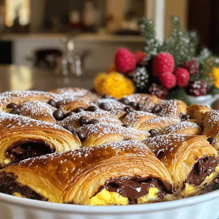 - 4 large chocolate croissants, sliced into thick pieces - 4 large eggs - 1 cup whole milk - 1/2 cup heavy cream - 1/4 cup granulated sugar - 1 teaspoon pure vanilla extract - 1/4 teaspoon fine sea salt - 1/2 cup semi-sweet chocolate chips - Powdered sugar for dusting - Fresh berries for garnish Choose quality chocolate croissants for the best taste. Fresh croissants give a nice texture. Use whole milk and heavy cream for creaminess. The eggs should be large and fresh for a rich custard. Pure vanilla extract adds depth, while fine sea salt enhances sweetness. Semi-sweet chocolate chips melt perfectly, creating gooey pockets of chocolate. For the garnish, fresh berries add color and freshness. Powdered sugar can give a sweet touch on top. Quality ingredients make all the difference in this chocolate croissant breakfast bake. Start by preheating your oven to 350°F (175°C). This step warms the oven for even cooking. Next, grab a 9x13-inch baking dish. Grease it well with butter or non-stick spray. This helps prevent the croissants from sticking. Now, take your four large chocolate croissants. Slice them into thick pieces. Arrange these slices in the greased baking dish. Overlap them slightly to create a nice, layered look. This adds to the texture and taste. In a large mixing bowl, crack four large eggs. Add one cup of whole milk and half a cup of heavy cream. Then, mix in a quarter cup of granulated sugar. Don’t forget one teaspoon of pure vanilla extract and a quarter teaspoon of fine sea salt. Whisk everything until it is smooth and a bit frothy. Carefully pour the custard mixture over the croissants. Use a spatula to press down on the croissants. Make sure each piece soaks up the custard. This step is key for a rich texture. Next, sprinkle half a cup of semi-sweet chocolate chips on top. This adds pockets of melted chocolate. Let the dish sit for about 15 minutes. This resting time helps the croissants absorb the custard. Now, place the baking dish in the oven. Bake for 25 to 30 minutes. Look for a golden brown top. Insert a knife in the center; it should come out clean. After baking, take the dish out of the oven. Allow it to cool for about five minutes. This helps the bake set before slicing. For a yummy finish, dust the top with powdered sugar. You can also add fresh berries like strawberries or blueberries for color and taste. Serve warm, and enjoy! Layering croissants gives the bake a nice shape and texture. Cut each croissant into thick slices. Arrange them in the baking dish. Overlap the slices slightly. This helps the custard soak in evenly. Make sure to fill every space. You can use four croissants or more, depending on size. To ensure even soaking, pour the custard mix over the croissants slowly. Use a spatula to press down on each piece. This step helps the croissants absorb the liquid fully. Let the dish rest for 15 minutes before baking. This waiting time lets the croissants soak up the flavors. Bake the dish at 350°F for 25 to 30 minutes. Look for a golden brown top. Use a knife to check the center. If it comes out clean, the bake is ready. After you take it out, let it cool for five minutes. This helps it set and makes slicing easier. Dust with powdered sugar for a sweet touch! {{image_4}} You can use various croissants for this bake. Try almond croissants for a nutty taste. A plain croissant works too, allowing the chocolate chips to shine. You can even use raspberry or ham and cheese croissants for unique flavors. Each choice adds a twist to the dish. Adding nuts can enhance the texture and flavor. Chopped walnuts or pecans work great. You can also sprinkle in some cinnamon or nutmeg for warmth. A splash of orange zest adds freshness. Mix it up and find your favorite combo! Top your bake with different ingredients for fun. Fresh fruits like bananas or sliced strawberries add sweetness. You can also drizzle caramel or chocolate sauce for extra richness. Instead of powdered sugar, consider using crushed nuts for a crunchy finish. Get creative and make it your own! To keep your chocolate croissant breakfast bake fresh, let it cool first. Once cool, cover it tightly with plastic wrap or aluminum foil. You can also place it in an airtight container. It will stay fresh in the fridge for about 3 days. When you’re ready to enjoy leftovers, preheat your oven to 350°F (175°C). Place the bake in an oven-safe dish. Cover it with foil to keep it moist. Heat for about 15-20 minutes or until warmed through. If you want a crispy top, remove the foil for the last few minutes. To freeze the breakfast bake, slice it first. Wrap each slice tightly in plastic wrap, then place them in a freezer bag. This way, you can take out only what you need. It will keep well in the freezer for up to 2 months. To reheat, let slices thaw overnight in the fridge, then follow the reheating guidelines. Yes, you can prepare this recipe the night before. Assemble the croissants, custard, and chocolate. Cover the dish and place it in the fridge. In the morning, bake it fresh. This saves time and makes breakfast easier. If you don’t have whole milk, use 2% milk or almond milk. Both will work well. However, the texture may change slightly. Whole milk gives a creamier taste, so keep that in mind. To avoid soggy croissants, let them sit in the egg mixture for a short time. Press them gently, so they soak just enough. Baking them right after soaking helps keep them crisp and delicious. Absolutely! You can use dark chocolate, white chocolate, or even chocolate chunks. Each type gives a unique flavor. Mix and match to find your favorite combination. This recipe guide details how to make a delicious croissant breakfast bake. You learned about key ingredients and tips for using quality items. The step-by-step instructions ensure easy preparation, baking, and serving. I shared variations to customize your dish, along with smart storage ideas. Finally, the FAQs help answer common questions. By following these steps, you’ll create a tasty treat that everyone will love. Enjoy experimenting with flavors to make it your own!