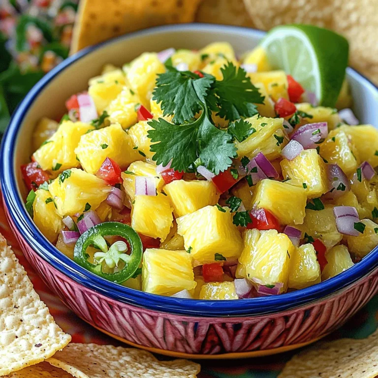 - 1 ripe pineapple, finely diced - 1 red bell pepper, diced - 1/2 small red onion, minced - 1 jalapeño pepper, seeds removed and minced - Juice of 2 limes - 1/4 cup freshly chopped cilantro - Salt to taste - 1 tablespoon honey (optional) - Additional spices (e.g., cumin, garlic powder) - Extra fruits (e.g., mango, peach) When I make fresh pineapple salsa, I love starting with high-quality ingredients. The ripe pineapple is key. It adds natural sweetness and a juicy crunch. I finely dice it for even mixing. Next, I chop the red bell pepper into small pieces. It brings a sweet flavor and bright color. I also use a bit of red onion for sharpness. Mince it well, so the flavor blends nicely. The jalapeño adds just the right kick. Removing the seeds reduces the heat, making it milder. I always squeeze fresh lime juice over the mix. It gives a zesty brightness that balances the sweetness of the pineapple. Cilantro is a must for me. It adds a fresh, herbal note. I chop it finely and stir it in. A pinch of salt brings out all the flavors. If you like a sweet touch, add honey. It makes the salsa even more delightful. Feel free to customize your salsa! You can add spices like cumin or garlic for a twist. Extra fruits like mango or peach give it a unique flair. Enjoy creating your perfect fresh pineapple salsa! To start, peel the ripe pineapple carefully. Use a sharp knife to avoid slips. Once peeled, cut it into quarters. Remove the tough core from each quarter. Now, finely dice the pineapple into small, bite-sized pieces. This helps the salsa mix well and taste great. Next, grab a large mixing bowl. Combine the diced pineapple with the diced red bell pepper. Add the minced red onion and minced jalapeño. Make sure to mix gently. You don’t want to bruise the vegetables. Now, squeeze the juice of two limes over the mixture. Be sure to catch any seeds. Then, add the freshly chopped cilantro. If you like your salsa sweet, drizzle in the honey too. Mix everything together gently with a large spoon. Season the salsa with a pinch of salt. Taste and adjust the salt to your liking. Mix it one more time to spread the salt evenly. Let the salsa sit at room temperature for about 10 minutes. This resting time helps the flavors blend together beautifully. Before you serve, taste it again. Adjust the seasoning if needed, adding more salt or lime juice. Fresh pineapple salsa pairs well with crispy tortilla chips. The crunch of the chips complements the juicy salsa. You can also serve it with grilled chicken or fish for a fresh kick. Tacos and quesadillas benefit from a scoop of this vibrant salsa. It adds brightness and flavor to your favorite dishes. Store leftover salsa in an airtight container. This helps keep it fresh. Place it in the fridge for up to three days. To maintain its texture, try not to mix in the chips. If you want to keep it fresh longer, consider freezing it. Just remember, the texture may change after thawing. When choosing a pineapple, look for one that is ripe. A ripe pineapple smells sweet and has a slight give when pressed. For spice lovers, add more jalapeño or leave some seeds in. If you prefer milder salsa, use less jalapeño. You can also add a pinch of sugar to balance out the heat. {{image_4}} You can mix fresh pineapple with other fruits. Mango or peach works well for added sweetness. These fruits bring a different flavor and texture. You can also explore combinations like kiwi or papaya. Each new fruit adds a twist to your salsa. Try different mixes to find your favorite. It makes the salsa more fun and exciting. Want your salsa spicier? Add more jalapeños or use other hot peppers. Serrano or habanero peppers add a nice kick. Start with a small amount and taste as you go. This way, you control the heat. If you prefer it milder, skip the jalapeño. You can also remove the seeds for less heat. Another option is to add diced bell pepper instead. It keeps the salsa tasty without the spice. You can serve pineapple salsa in many ways. One idea is to use lettuce wraps. Just fill each leaf with salsa for a fresh bite. It’s a fun, low-carb option. You can also use the salsa as a topping for grilled meats. It pairs well with chicken, fish, or pork. The sweet and tangy flavors enhance the grilled taste. These serving styles make your dish more versatile and enjoyable. Fresh Pineapple Salsa lasts about 3 to 4 days in the fridge. Store it in an airtight container. This helps keep the flavors fresh. If you notice any moisture, drain it before serving again. You can use canned pineapple, but fresh is best. Canned pineapple often has added sugar and syrup. It may also be softer and less bright than fresh. If you choose canned, rinse it well to remove extra syrup. Fresh Pineapple Salsa pairs well with many dishes. Serve it with: - Tortilla chips for a crunchy dip. - Grilled chicken or fish for a tropical twist. - Tacos to add flavor and zest. - Rice bowls for a refreshing topping. - Nachos for a fun party snack. These pairings bring out the salsa's bright flavors. Enjoy experimenting with different options! This Tropical Pineapple Fiesta Salsa is a bright and fresh dip. It has sweet pineapple, crunchy bell pepper, and zesty lime. You will need just a few ingredients, making it simple to prepare. Ingredients: - 1 ripe pineapple, finely diced - 1 red bell pepper, diced - 1/2 small red onion, minced - 1 jalapeño pepper, seeds removed and minced - Juice of 2 limes - 1/4 cup freshly chopped cilantro - Salt to taste - 1 tablespoon honey (optional, for added sweetness) To make it, chop the pineapple and mix it with the other veggies. Squeeze lime juice over the mix. If you want it sweeter, add honey. Season with salt, stir gently, and let it sit for ten minutes. This salsa shines at summer parties or with tacos. This salsa is low in calories and full of vitamins. A serving has about 50 calories. The pineapple gives you vitamin C, while the bell pepper adds fiber. Cilantro may help with digestion. It is gluten-free and vegan, making it a great choice for many diets. Be careful with the jalapeño if you prefer less heat. You can skip it or use less. Enjoy this vibrant salsa guilt-free! Fresh pineapple salsa is a bright and tasty dish that adds joy to any meal. We covered the simple ingredients and step-by-step instructions you need to make it right. You learned tips for serving, storing, and customizing your salsa. Make it your own by adding fruits or adjusting the spice level. Enjoy this salsa with chips, grilled meats, or in wraps. With this guide, you're ready to impress at your next get-together. Happy salsa-making!