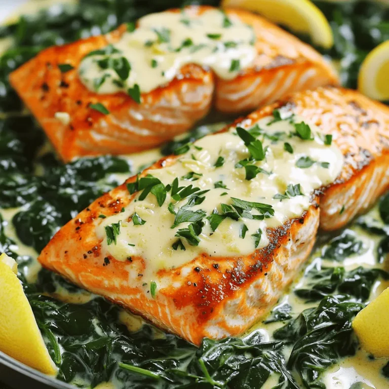 To make Easy Creamy Salmon Florentine, you need a few simple ingredients. Here’s the list: - 2 salmon fillets (about 6 oz each) - 2 cups fresh spinach, roughly chopped - 1 cup heavy cream - 1/2 cup freshly grated Parmesan cheese - 1 tablespoon extra virgin olive oil - 2 cloves garlic, finely minced - 1/2 teaspoon crushed red pepper flakes (optional for heat) - Salt and freshly cracked black pepper to taste - Lemon wedges, for serving - Fresh parsley, finely chopped, for garnish Each ingredient plays a key role in creating a rich and creamy dish. The salmon is the star, providing a tender and flaky texture. Fresh spinach adds a pop of color and nutrients. Heavy cream gives the sauce its luscious quality, while Parmesan cheese adds depth of flavor. Olive oil enhances cooking and adds richness. Garlic brings a wonderful aroma, and red pepper flakes can give a nice kick, if desired. Seasonings like salt and black pepper elevate all the flavors. Finally, lemon wedges and parsley brighten the dish and add freshness. With these ingredients, you can create a delightful meal in just 25 minutes! First, pat the salmon fillets dry with a paper towel. This helps the fish sear well. Next, season both sides with salt and pepper. This step is key for flavor. For a perfect cook, aim for an internal temperature of 145°F. Heat a large non-stick skillet over medium-high heat. Add one tablespoon of olive oil and let it shimmer. Carefully place the salmon skin-side down in the hot oil. Sear for about 4-5 minutes until a golden crust forms. Flip the fillets and cook for another 3-4 minutes. The fish should flake easily when done. Transfer the salmon to a plate and keep it warm. In the same skillet, lower the heat to medium. Add 2 cloves of minced garlic and sauté for about 30 seconds. You want it fragrant but not burnt. Then, add 2 cups of roughly chopped spinach. Stir and cook for 2-3 minutes. The spinach will wilt down nicely. Pour 1 cup of heavy cream into the skillet. Use a wooden spoon to scrape up any bits from the bottom. This adds great flavor. Let the mixture simmer for 2-3 minutes to thicken a bit. Gradually add ½ cup of grated Parmesan cheese. Stir until it melts and the sauce is creamy. If you like heat, sprinkle in some crushed red pepper flakes. Carefully place the seared salmon back into the skillet. Spoon the creamy sauce over the top of the fish. Heat it through for about one minute. This warms the salmon without overcooking it. Transfer the salmon to serving plates. Make sure each piece gets a generous amount of the creamy spinach sauce. For a fresh touch, sprinkle some chopped parsley on top. Serve with lemon wedges for a zesty kick that brightens the dish. To ensure your salmon cooks just right, check the internal temperature. It should reach 145°F for safe eating. A great tip for a crispy skin is to make sure the skin is dry. Pat it with a paper towel before cooking. This helps it fry up nice and crispy. When you add the salmon to the pan, place it skin-side down. Let it cook undisturbed for the first few minutes. This helps form a golden crust. If you want to switch up the heavy cream, try using half-and-half or coconut cream. Both options create a rich sauce. For spice lovers, add more crushed red pepper flakes. Start with a pinch, then taste and adjust. You can also add garlic powder for extra depth. If you prefer a milder sauce, skip the red pepper altogether. Plating your salmon well can make a big difference. Start by placing a scoop of sauce on the plate first. This creates a base for your salmon. Then, gently place the salmon on top. To make it pop, sprinkle fresh parsley over the dish. A few lemon wedges on the side add color and freshness. They also give a nice zesty touch when served. {{image_4}} You can switch the salmon for other fish like cod or tilapia. These fish cook well and have nice flavors. You can also use chicken breast for a different protein. If you prefer plant-based options, try tofu or chickpeas. For a dairy-free version, you can use coconut cream instead of heavy cream. It gives a nice richness and works well with the flavors. Nutritional yeast can replace Parmesan cheese for a cheesy taste without dairy. Adding herbs can change the taste of your dish. Fresh dill or basil adds a bright flavor. You can also try thyme or oregano for a heartier touch. If you like spice, a pinch of cayenne pepper or more red pepper flakes can kick it up a notch. For cheese, you can swap Parmesan with feta or goat cheese. Both add unique flavors and creamy textures. Experiment with different cheeses to find your favorite blend. This dish pairs well with many sides. Steamed asparagus or roasted broccoli complements the salmon nicely. You can also serve it with fluffy rice or creamy mashed potatoes for a filling meal. Use simple cooking methods for sides. Steaming keeps veggies bright and crisp. Roasting adds flavor and texture. Whichever you choose, keep it light to balance the creamy salmon. To keep your Creamy Salmon Florentine fresh, store leftovers in the fridge. Place the salmon in an airtight container. This helps prevent the dish from drying out. It also keeps the flavors locked in. Make sure to finish the leftovers within two days for the best taste. When it's time to reheat, avoid dry salmon. I recommend using a skillet on low heat. Cook it gently for about 5 minutes. You can also use the microwave. Heat it for 30 seconds, then check. If it's not warm, add another 15 seconds. Always check the center to ensure it’s heated through. Yes, you can freeze Creamy Salmon Florentine. For this, let it cool completely before freezing. Place it in a freezer-safe container. It’s best to eat it within three months for quality. When ready to eat, thaw it overnight in the fridge. Reheat gently to enjoy the creamy goodness again. It takes about 25 minutes total. - Prep time: 10 minutes - Cook time: 15 minutes Yes, you can use frozen salmon. - Thaw the fillets overnight in the fridge. - If you cook from frozen, add a few extra minutes to the cooking time. You can pair this dish with several sides. - Steamed broccoli or green beans adds color and nutrients. - Serve with rice or pasta for a filling meal. - A fresh salad can lighten the meal and add crunch. Yes, it can be a healthy choice. - Salmon is high in omega-3 fatty acids. - Spinach offers vitamins and minerals. - Heavy cream adds calories but can be enjoyed in moderation. You can prep some parts ahead. - Cook the salmon and sauce, then store separately. - Reheat gently before serving. - It's best to serve fresh for flavor and texture. You learned how to make a tasty Creamy Salmon Florentine. We covered ingredients, prep steps, and tips for perfecting your dish. Always ensure the salmon is cooked just right for the best flavor. Try different ingredients to make the dish your own. With the right storage, leftovers can be just as good. Enjoy impressing friends and family with this dish. Happy cooking!