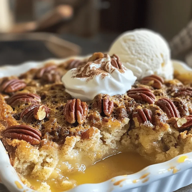 To make Pecan Pie Dump Cake, gather these simple ingredients. Each one adds to the yummy flavor. - 1 cup chopped pecans - 1 cup packed brown sugar - 1 cup granulated white sugar - 1 teaspoon pure vanilla extract - 1 cup unsalted butter, melted - 1 cup evaporated milk - 1 box yellow cake mix (15.25 oz) - 1/2 teaspoon ground cinnamon - Whipped cream or vanilla ice cream for serving (optional) Each ingredient plays a key role in creating the delightful taste and texture of this dessert. The chopped pecans give a nice crunch, while the buttery goodness from the melted butter adds richness. Remember, the cake mix is what makes this recipe easy. You can add whipped cream or ice cream on top for an extra treat! Set your oven temperature to 350°F (175°C). This step is key for baking. In a large bowl, mix 1 cup of chopped pecans, 1 cup of packed brown sugar, and 1 cup of granulated white sugar. Use a whisk or spoon to combine these dry ingredients well. This mixture adds the sweet, nutty flavor you love. In another bowl, blend 1 cup of melted butter, 1 cup of evaporated milk, and 1 teaspoon of pure vanilla extract. Whisk until smooth. This creamy mix brings moisture to the cake. Gradually pour the butter mixture into the bowl with the sugars and pecans. Stir gently until just combined. This step is important; overmixing can change the texture. Now, spread the mixture evenly into a greased 9x13 inch baking dish. Layer 1 box of yellow cake mix evenly over the top of the pecan mixture. Do not stir! This keeps the layers distinct. Next, dust the top lightly with 1/2 teaspoon of ground cinnamon. This adds a lovely spice to your dessert. Bake in your preheated oven for 40-45 minutes. Check for a golden brown top and bubbling edges. This means your cake is ready. Allow it to cool for a few minutes before serving. Enjoy the warm, sweet aroma as you prepare to dig in! To get the best texture in your pecan pie dump cake, avoid overmixing. When you combine the wet and dry ingredients, mix just until combined. If you stir too much, it can make the cake dense. Here are some common baking issues you might face: - Cake too dry: This can happen if you bake it too long. Keep an eye on it in the oven. - Not enough flavor: Ensure you use pure vanilla extract for the best taste. For a perfect serving, I recommend garnishing with whipped cream or a few extra pecans. These touches make the cake look great and taste even better. Pair your slice with a nice cup of coffee or a sweet dessert wine. The flavors blend well and make for a delightful treat after dinner. Enjoy your baking! {{image_4}} You might wonder if you can swap pecans for other nuts. Yes, you can! Walnuts or almonds work well. They add different flavors and textures. Walnuts give a slightly bitter taste, while almonds have a sweet crunch. Try them in your dump cake for a fun twist! Want to make your pecan pie dump cake even more exciting? Add chocolate chips or caramel sauce. Both ingredients melt into the cake as it bakes. The chocolate adds a rich flavor, and the caramel gives a sweet touch. You can even mix in both if you want a treat that is truly special! If you're looking for healthier options, consider some easy swaps. Substitute white sugar with coconut sugar or honey. This change can lower the overall sugar content. You can also use a whole grain cake mix for added nutrition. These small changes can make your dessert a bit lighter while keeping the taste delicious! Store your pecan pie dump cake at room temperature for 2 days. If you want it to last longer, move it to the fridge. In the fridge, it will stay fresh for about a week. Just cover it with plastic wrap or foil to keep it moist. If you leave it out, the top may dry out. So, keep it covered! When you want to enjoy leftover dump cake, reheating is simple. The best method is to use the oven. Preheat it to 350°F (175°C), then place the cake in a safe dish. Heat it for about 10 to 15 minutes. You can also use a microwave for a quick option. Heat a slice for about 30 seconds. For a warm treat, add some whipped cream or ice cream on top! If you want to save some for later, freezing works great! First, let the cake cool completely. Then, cut it into slices. Wrap each slice in plastic wrap. Place the wrapped slices in a freezer bag. Make sure to remove as much air as possible. When you're ready to eat, take a slice out and thaw it in the fridge overnight. You can also reheat it from frozen, but it may take a bit longer. Enjoy your delicious pecan pie dump cake whenever you like! Yes, you can prepare this cake in advance. Mix the ingredients and store them in the fridge. Just bake it when you are ready to serve. This cake tastes great fresh, but it also holds well for a day or two. If you need a dairy-free option, use almond milk or coconut milk. You can also use regular milk. Just remember, the flavor may change a bit. If you want a creamier texture, try using coconut cream. Pecan Pie Dump Cake stays fresh for about three to five days. Store it in an airtight container. Keep it at room temperature for up to two days. After that, move it to the fridge to keep it longer. You can use any cake mix, but yellow cake mix works best. It gives the right flavor and texture. A white cake mix can also work, but it may lack the depth of yellow cake. Experiment to find what you like. Yes, you can use whole pecans. Just chop them a bit for better mixing. Whole pecans give a nice crunch. You can also use pecan halves for a nice look on top. You now have all you need to create a delicious Pecan Pie Dump Cake. We explored essential ingredients, easy steps, and helpful tips to ensure perfect results. Don't forget the tasty variations and smart storage methods for leftovers. Bake this treat for any gathering, or just enjoy it yourself. With the right care, this cake will delight you time and again. Enjoy baking and sharing your new favorite dessert!