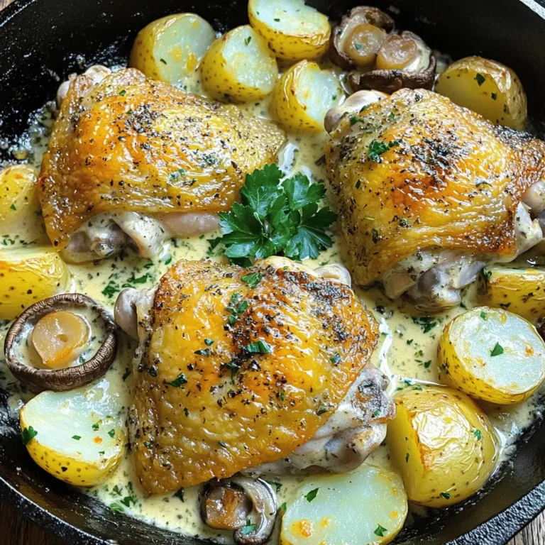 To make this dish, gather these ingredients: - 4 bone-in, skin-on chicken thighs - 4 medium-sized potatoes, cut into quarters - 8 ounces of cremini mushrooms, halved - 1 cup heavy cream - 4 cloves garlic, minced - 1 tablespoon fresh rosemary, finely chopped - 1 tablespoon fresh thyme, finely chopped - 2 tablespoons olive oil - Salt and freshly ground black pepper, to taste - Fresh parsley, chopped, for garnish I love using fresh herbs in my cooking. They add bright, lively flavors. Fresh rosemary and thyme work best in this recipe. If you only have dried herbs, use them. You will need less. For this recipe, use 1 teaspoon of each dried herb in place of fresh. Dried herbs can lose their flavor over time, so check the date on the jar. Fresh herbs give a better taste and aroma. Don't worry if you can't find every ingredient! Here are some easy swaps: - Chicken Thighs: You can use bone-in, skin-on chicken breasts instead. They will still taste great. - Potatoes: Swap with sweet potatoes for a sweeter touch. - Cremini Mushrooms: White button mushrooms work just as well. - Heavy Cream: If you want a lighter dish, use half-and-half or coconut milk. - Olive Oil: Canola or avocado oil is a good alternative. These swaps will keep the dish tasty while allowing you to use what you have on hand. Enjoy creating your own version! First, heat your oven to 400°F (200°C). This step is key for even cooking. Next, grab a large bowl and add your quartered potatoes and halved mushrooms. Drizzle 1 tablespoon of olive oil over them. Sprinkle salt and black pepper to taste. Toss everything well to coat. You want all the pieces to be seasoned. Transfer the seasoned veggies into a large cast-iron skillet or roasting pan. Arrange them in a single layer for proper roasting. In the same bowl, it’s time to make the creamy herb sauce. Whisk together 1 cup of heavy cream, 4 minced garlic cloves, 1 tablespoon of chopped rosemary, and 1 tablespoon of chopped thyme. Add a pinch of salt and pepper. This sauce packs a lot of flavor. It will soak into the chicken and veggies, making them taste amazing. Now, nestle the chicken thighs on top of your veggies in the skillet. Pour the creamy herb sauce over the chicken and vegetables. Make sure everything is well covered. Next, place the skillet in the hot oven. Bake for 45-50 minutes. Check the chicken’s internal temperature; it should reach 165°F (75°C). The skin should be golden and crispy. About halfway through, stir the potatoes and mushrooms gently. This helps everything cook evenly. Once done, let the dish rest for 5 minutes before serving. This step keeps the chicken juicy and tender. To roast chicken well, start with quality meat. Use bone-in, skin-on thighs for the best flavor. Pat the chicken dry with paper towels. This helps the skin crisp up nicely. Season the chicken with salt and pepper right before cooking. It enhances the taste and makes the skin flavorful. Always preheat your oven to 400°F (200°C). A hot oven seals in juices and gives a nice color. Crispy skin is a must for roasted chicken. Here are some key steps: - Dry the chicken: Moisture on the skin makes it soggy. - Use high heat: The oven temperature should be hot enough to crisp the skin. - Add olive oil: Drizzling olive oil on the skin helps it brown and crisp. - Avoid overcrowding: Leave space around each piece. This allows heat to circulate. Check the chicken halfway through cooking. If the skin is not golden, turn up the heat slightly. You can boost flavor in many ways. Try using fresh herbs like rosemary and thyme. They add a garden-fresh taste. Garlic also brings depth to the dish. You can add lemon zest for a bright touch. If you want more richness, mix in grated cheese to the cream sauce. Consider using different mushrooms as well. Shiitake or button mushrooms can change the flavor profile. Always taste as you go. Adjust salt and pepper to your liking. {{image_4}} You can swap out chicken for hearty vegetables. Use hearty options like eggplant or cauliflower. They soak up flavors well. For protein, add chickpeas or white beans. These will make your dish filling and tasty. Don't forget to season your veggies with herbs and spices! A creamy sauce will still work great in this dish. Herbs give this dish its wonderful taste. If you want a twist, try different herbs. Basil or oregano can add a fresh kick. If you love a spicy flavor, add some red pepper flakes. For a citrus twist, use fresh lemon zest. Each herb will change the taste and make it unique. Experiment to find your favorite mix! Seasonal veggies can brighten up this dish. In spring, add asparagus or peas for a pop of color. Summer works well with zucchini or bell peppers. In fall, consider adding carrots or butternut squash. Winter calls for root vegetables like parsnips or turnips. These veggies will not only add flavor but also nutrition. Enjoy the variety they bring! To keep your creamy herb roasted chicken fresh, let it cool first. Place the chicken, potatoes, and mushrooms in an airtight container. Store the leftovers in the fridge for up to three days. Make sure to seal the container well to avoid any odors. You want to keep that delicious flavor locked in! When you're ready to enjoy your leftovers, reheating is key. Use your oven for the best result. Preheat it to 350°F (175°C). Place your dish in an oven-safe container. Cover it with foil to keep moisture in. Heat for about 20 minutes or until warm. This keeps the chicken juicy and the skin crispy. You can also use a microwave for quick reheating. Just remember to cover the dish, and heat it in short bursts to avoid drying it out. If you want to save your creamy herb roasted chicken for later, freezing is a great option. Allow the dish to cool completely. Place it in a freezer-safe container. You can also use freezer bags for easy storage. Squeeze out any air before sealing. This dish can last in the freezer for up to three months. When you’re ready to eat, thaw it overnight in the fridge and reheat as mentioned above. Enjoy your meal without any waste! The best side dish is a fresh green salad. A simple salad adds crunch and freshness. You can use mixed greens, cherry tomatoes, and cucumbers. A light vinaigrette will enhance the meal. Another great option is crusty bread. It helps soak up the creamy sauce. You might also enjoy steamed green beans or roasted carrots. These sides balance the rich flavors of the chicken. To make this recipe gluten-free, focus on your ingredients. Ensure the heavy cream has no additives. Use fresh herbs, as they are naturally gluten-free. Always check that your chicken is gluten-free too. Most chicken is safe but look for any added ingredients. Use gluten-free broth if you want to add more flavor. This recipe naturally fits gluten-free diets since it contains no flour. Yes, you can use boneless chicken thighs. They will cook faster than bone-in thighs. This can save time in the kitchen. Adjust the cooking time to about 30-35 minutes. Make sure the internal temperature still reaches 165°F (75°C). The creamy sauce will still keep the chicken juicy. Boneless thighs are also great for easy serving. Enjoy this dish your way! This blog post covered how to make Creamy Herb Roasted Chicken with Mushrooms and Potatoes. You learned about the best ingredients, tips for roasting, and tasty variations. Always remember to select fresh herbs for bold flavors and try the easy substitutions. With these steps, you can impress anyone at your table. Whether you’re enjoying leftovers or experimenting with new flavors, this dish is sure to delight. Happy cooking!