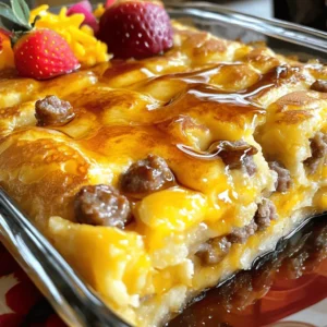- 8 large eggs - 2 cups milk - 2 cups pancake mix - 1 pound breakfast sausage (mild or spicy) - 1 cup shredded cheddar cheese - 1/2 cup maple syrup (plus extra for serving) - 1 teaspoon vanilla extract - 1 teaspoon baking powder - 1/2 teaspoon salt - 1/2 teaspoon ground cinnamon - Fresh fruit (berries or sliced bananas) for garnish (optional) If you want to make this dish gluten-free, use gluten-free pancake mix. For a dairy-free option, try almond milk and a dairy-free cheese. You can also swap eggs for flaxseed meal mixed with water. These changes keep the flavor and texture while meeting your dietary needs. Maple syrup is the classic choice for this casserole. You can also try flavored syrups like blueberry or strawberry. Fresh fruit adds color and taste. Berries, bananas, or even slices of peaches can brighten each plate. Try adding chopped nuts for a crunchy twist. Start by preheating your oven to 350°F (175°C). This step is key. It helps the casserole cook evenly. Next, grab a 9x13 inch baking dish. Grease it with cooking spray or butter. This prevents the casserole from sticking. Now, let’s cook the sausage. Take 1 pound of breakfast sausage. Place it in a medium skillet over medium heat. Use a spatula to crumble the sausage. Cook it for about 6 to 8 minutes. You want it browned and fully cooked. Once done, drain any extra grease. Move the sausage to a plate and let it cool. In a large mixing bowl, add 8 large eggs, 2 cups of milk, 1/2 cup of maple syrup, and 1 teaspoon of vanilla extract. Whisk these together until well mixed. In another bowl, whisk 2 cups of pancake mix, 1 teaspoon of baking powder, 1/2 teaspoon of salt, and 1/2 teaspoon of ground cinnamon. Gradually add the dry mix to the wet mix. Stir gently until just combined. Don’t overmix, as this keeps the batter fluffy. Now it's time to combine. Fold the cooked sausage and 1 cup of shredded cheddar cheese into the batter. Make sure they are evenly spread throughout. This adds flavor and texture to the casserole. Pour the batter into the greased baking dish. Spread it evenly. Bake in the preheated oven for 25 to 30 minutes. Check for doneness by inserting a toothpick in the center. It should come out clean. When it’s done, let the casserole cool for about 10 minutes before slicing. Enjoy your delicious sausage pancake breakfast casserole! To stop the casserole from sticking, grease your baking dish well. Use cooking spray or butter. Make sure you cover all the corners. This keeps your casserole intact when you slice it. You can also line the dish with parchment paper for easy removal. To make your casserole fluffy, do not overmix the batter. Mix until the dry ingredients are just combined. Overmixing makes the batter dense. Also, make sure your baking powder is fresh. This helps the casserole rise nicely in the oven. Serve the casserole warm with a drizzle of maple syrup. Fresh fruit like berries or sliced bananas adds color and flavor. You can also sprinkle extra cheese on top for a cheesy finish. Each bite will be a tasty mix of flavors and textures. {{image_4}} You can easily switch up the meat in this casserole. If you like turkey sausage, use that instead of pork. It cuts down on fat but still packs flavor. You could also use crispy bacon for a smoky twist. Just cook it until it's nice and crunchy before adding it to the mix. Both options give you a different taste and texture. If you want a meat-free meal, swap the sausage for veggies. Chopped bell peppers, onions, or mushrooms add great flavor. You can sauté them with a bit of olive oil for extra taste. For a protein boost, toss in some black beans or chickpeas. This keeps the dish hearty and satisfying without the meat. Feel free to get creative with flavors. Add spices like paprika for a kick or Italian seasoning for a herby touch. Different cheeses can change the whole vibe. Try pepper jack for some heat or feta for a tangy taste. You can also mix in some fresh herbs like parsley or chives for added freshness. Each variation makes the casserole uniquely yours! To store your sausage pancake breakfast casserole, let it cool completely. Use an airtight container to keep it fresh. This keeps moisture in and prevents drying out. You can store it in the fridge for up to four days. Label the container with the date for easy tracking. When you are ready to enjoy leftovers, preheat your oven to 350°F (175°C). Place the casserole in an oven-safe dish. Cover it with foil to keep it moist. Heat for about 15-20 minutes. You can also microwave individual portions for 1-2 minutes. Just make sure it heats evenly. If you want to freeze the casserole, cut it into portions. Wrap each piece tightly in plastic wrap, then foil. This double wrap helps prevent freezer burn. You can freeze it for up to three months. When ready to eat, thaw it in the fridge overnight before reheating. Yes, you can use homemade pancake mix. Just ensure it has the right dry ingredients. You need flour, baking powder, and a pinch of salt. The mix must be light and fluffy for the best results. To make this casserole ahead, you can prepare it the night before. Mix the wet and dry ingredients and combine them. Store it in the fridge. Bake it in the morning. This saves time and lets the flavors blend well. You can use honey, agave nectar, or fruit preserves. Each adds sweetness and flavor. Adjust the amount based on your taste. If you want a twist, try a flavored syrup like blueberry or strawberry. Yes, you can adjust the recipe size. For a smaller dish, halve the ingredients and use an 8x8 inch pan. For a larger size, simply double the ingredients and use a bigger baking dish. Adjust baking time as needed. This blog post covered everything you need for a tasty breakfast casserole. We explored key ingredients, cooking steps, and clever tips. I shared variations to fit your taste and how to store leftovers. Enjoy experimenting with flavors and options that make this dish your own. Remember, cooking can be fun and easy. Dive in and create a delicious breakfast that everyone will love!