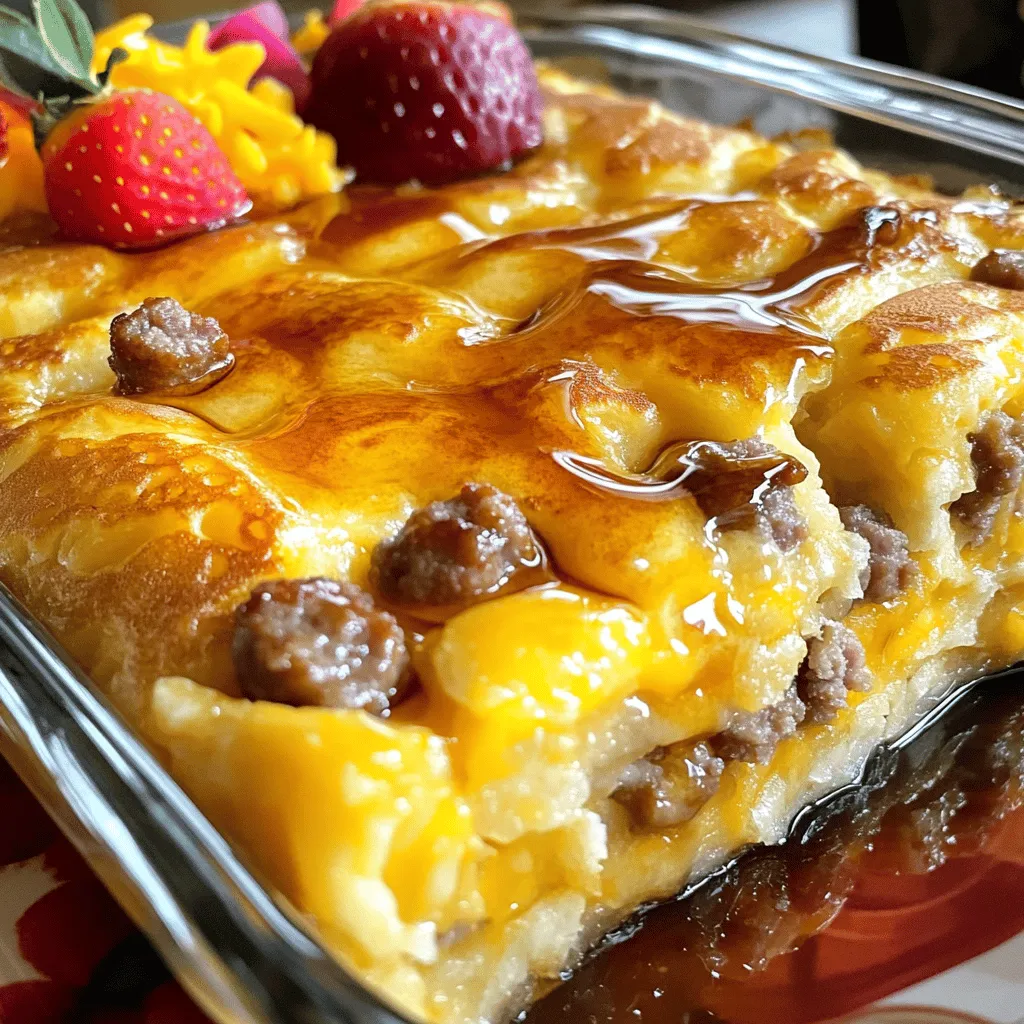 - 8 large eggs - 2 cups milk - 2 cups pancake mix - 1 pound breakfast sausage (mild or spicy) - 1 cup shredded cheddar cheese - 1/2 cup maple syrup (plus extra for serving) - 1 teaspoon vanilla extract - 1 teaspoon baking powder - 1/2 teaspoon salt - 1/2 teaspoon ground cinnamon - Fresh fruit (berries or sliced bananas) for garnish (optional) If you want to make this dish gluten-free, use gluten-free pancake mix. For a dairy-free option, try almond milk and a dairy-free cheese. You can also swap eggs for flaxseed meal mixed with water. These changes keep the flavor and texture while meeting your dietary needs. Maple syrup is the classic choice for this casserole. You can also try flavored syrups like blueberry or strawberry. Fresh fruit adds color and taste. Berries, bananas, or even slices of peaches can brighten each plate. Try adding chopped nuts for a crunchy twist. Start by preheating your oven to 350°F (175°C). This step is key. It helps the casserole cook evenly. Next, grab a 9x13 inch baking dish. Grease it with cooking spray or butter. This prevents the casserole from sticking. Now, let’s cook the sausage. Take 1 pound of breakfast sausage. Place it in a medium skillet over medium heat. Use a spatula to crumble the sausage. Cook it for about 6 to 8 minutes. You want it browned and fully cooked. Once done, drain any extra grease. Move the sausage to a plate and let it cool. In a large mixing bowl, add 8 large eggs, 2 cups of milk, 1/2 cup of maple syrup, and 1 teaspoon of vanilla extract. Whisk these together until well mixed. In another bowl, whisk 2 cups of pancake mix, 1 teaspoon of baking powder, 1/2 teaspoon of salt, and 1/2 teaspoon of ground cinnamon. Gradually add the dry mix to the wet mix. Stir gently until just combined. Don’t overmix, as this keeps the batter fluffy. Now it's time to combine. Fold the cooked sausage and 1 cup of shredded cheddar cheese into the batter. Make sure they are evenly spread throughout. This adds flavor and texture to the casserole. Pour the batter into the greased baking dish. Spread it evenly. Bake in the preheated oven for 25 to 30 minutes. Check for doneness by inserting a toothpick in the center. It should come out clean. When it’s done, let the casserole cool for about 10 minutes before slicing. Enjoy your delicious sausage pancake breakfast casserole! To stop the casserole from sticking, grease your baking dish well. Use cooking spray or butter. Make sure you cover all the corners. This keeps your casserole intact when you slice it. You can also line the dish with parchment paper for easy removal. To make your casserole fluffy, do not overmix the batter. Mix until the dry ingredients are just combined. Overmixing makes the batter dense. Also, make sure your baking powder is fresh. This helps the casserole rise nicely in the oven. Serve the casserole warm with a drizzle of maple syrup. Fresh fruit like berries or sliced bananas adds color and flavor. You can also sprinkle extra cheese on top for a cheesy finish. Each bite will be a tasty mix of flavors and textures. {{image_4}} You can easily switch up the meat in this casserole. If you like turkey sausage, use that instead of pork. It cuts down on fat but still packs flavor. You could also use crispy bacon for a smoky twist. Just cook it until it's nice and crunchy before adding it to the mix. Both options give you a different taste and texture. If you want a meat-free meal, swap the sausage for veggies. Chopped bell peppers, onions, or mushrooms add great flavor. You can sauté them with a bit of olive oil for extra taste. For a protein boost, toss in some black beans or chickpeas. This keeps the dish hearty and satisfying without the meat. Feel free to get creative with flavors. Add spices like paprika for a kick or Italian seasoning for a herby touch. Different cheeses can change the whole vibe. Try pepper jack for some heat or feta for a tangy taste. You can also mix in some fresh herbs like parsley or chives for added freshness. Each variation makes the casserole uniquely yours! To store your sausage pancake breakfast casserole, let it cool completely. Use an airtight container to keep it fresh. This keeps moisture in and prevents drying out. You can store it in the fridge for up to four days. Label the container with the date for easy tracking. When you are ready to enjoy leftovers, preheat your oven to 350°F (175°C). Place the casserole in an oven-safe dish. Cover it with foil to keep it moist. Heat for about 15-20 minutes. You can also microwave individual portions for 1-2 minutes. Just make sure it heats evenly. If you want to freeze the casserole, cut it into portions. Wrap each piece tightly in plastic wrap, then foil. This double wrap helps prevent freezer burn. You can freeze it for up to three months. When ready to eat, thaw it in the fridge overnight before reheating. Yes, you can use homemade pancake mix. Just ensure it has the right dry ingredients. You need flour, baking powder, and a pinch of salt. The mix must be light and fluffy for the best results. To make this casserole ahead, you can prepare it the night before. Mix the wet and dry ingredients and combine them. Store it in the fridge. Bake it in the morning. This saves time and lets the flavors blend well. You can use honey, agave nectar, or fruit preserves. Each adds sweetness and flavor. Adjust the amount based on your taste. If you want a twist, try a flavored syrup like blueberry or strawberry. Yes, you can adjust the recipe size. For a smaller dish, halve the ingredients and use an 8x8 inch pan. For a larger size, simply double the ingredients and use a bigger baking dish. Adjust baking time as needed. This blog post covered everything you need for a tasty breakfast casserole. We explored key ingredients, cooking steps, and clever tips. I shared variations to fit your taste and how to store leftovers. Enjoy experimenting with flavors and options that make this dish your own. Remember, cooking can be fun and easy. Dive in and create a delicious breakfast that everyone will love!