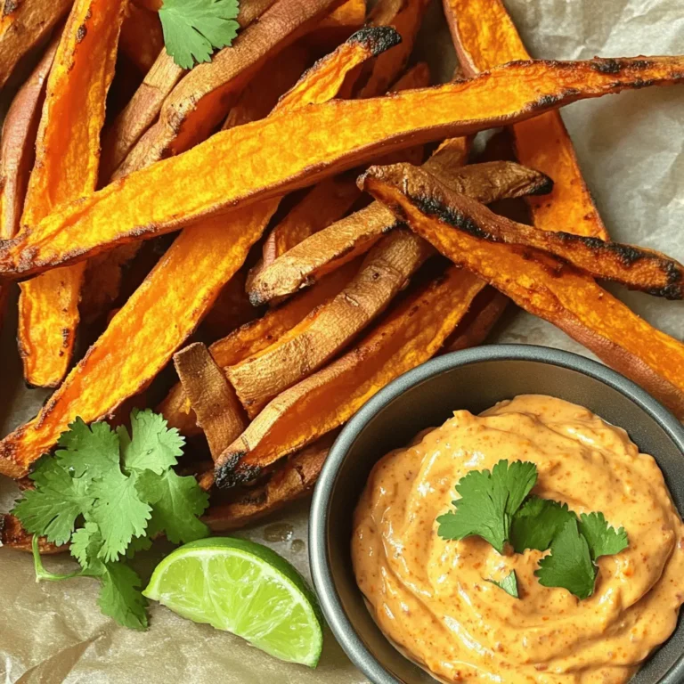 - 2 medium sweet potatoes - 2 tablespoons olive oil - Seasoning mix: smoked paprika, garlic powder, salt, black pepper - 1 cup mayonnaise - 1 tablespoon chipotle in adobo sauce - 1 teaspoon fresh lime juice To make Air Fryer Sweet Potato Fries with Chipotle Mayo, you need fresh, quality ingredients. Start with two medium sweet potatoes. They should be firm and vibrant. The olive oil helps the fries crisp up nicely. Use two tablespoons for a perfect coating. Next, let’s talk about the seasoning. The mix of smoked paprika, garlic powder, salt, and black pepper adds depth. Each spice plays a role in flavor. Smoked paprika brings a warm, smoky taste. Garlic powder adds a savory kick. Salt enhances all the flavors, while black pepper gives a subtle heat. For the chipotle mayo, you will need one cup of mayonnaise. This creamy base balances the spicy chipotle flavor. Add one tablespoon of chipotle in adobo sauce for heat. Adjust this amount based on how spicy you like it. Finally, add one teaspoon of fresh lime juice. This adds brightness and tang to the mayo. Make sure you have all these ingredients ready. They will come together to create a delightful snack that is both crispy and spicy. Start by peeling the sweet potatoes. This removes the tough skin. Next, slice them into thin fries. Aim for about ¼ inch thick. This thickness helps them cook evenly. If the fries are too thick, they won’t crisp well. Uniformity is key for great fries. In a large bowl, mix together the olive oil, smoked paprika, garlic powder, salt, and black pepper. This blend adds flavor and depth. Add the sweet potato fries to the bowl. Toss them well, so every fry is coated. An even coat means better taste and texture. Preheat your air fryer to 400°F (200°C). This step is vital for crispy fries. After five minutes, place the fries in the air fryer basket. Arrange them in a single layer. This allows hot air to circulate better. Cook for 15-18 minutes. Shake the basket halfway through. This helps them brown evenly. Check for a golden color and crispiness to ensure they are done. While the fries cook, let’s make the chipotle mayo. In a small bowl, combine the mayonnaise, chipotle in adobo sauce, and lime juice. Stir until smooth and well mixed. You can adjust the spice to your liking. Add more chipotle for extra heat, or use less for mild flavor. Once the fries are done, remove them from the air fryer. Let them cool for a couple of minutes. For a great presentation, sprinkle chopped fresh cilantro on top. Serve the fries warm with the chipotle mayo in a small bowl. Add a lime wedge for a pop of color and flavor. Enjoy your tasty creation! Soaking sweet potatoes is key. It helps remove excess starch. This step makes the fries crispier. Soak them in cold water for at least 30 minutes. After soaking, drain and dry them well. Arrange the fries in the air fryer basket in a single layer. This allows hot air to circulate. If your basket is small, fry in batches. Overcrowding the basket leads to soggy fries. You can alter the spice level in your mayo. Add more chipotle for extra heat. If you want mild flavor, use less chipotle. You can also try smoked paprika for a different taste. For a twist, swap mayonnaise for Greek yogurt. This change gives a tangy flavor. You can also mix in garlic powder or fresh herbs for extra taste. Keep your air fryer clean. Wipe it down after each use. This helps maintain performance and flavor. To avoid overcooking, check your fries often. Shake the basket halfway through cooking. If they look golden brown, pull them out. This way, you get the perfect crisp every time. {{image_4}} You can make sweet potato fries even more exciting. Here are a few ideas: - Adding Different Seasonings: Try cajun spice for a kick. Herb-infused blends also work well. Mix in dried thyme or rosemary for a fresh taste. Just sprinkle your favorite spices before air frying. - Using Other Root Vegetables: Don't limit yourself to sweet potatoes. You can use parsnips or carrots. These root veggies fry up nicely too. Just slice them thin, just like sweet potatoes. The chipotle mayo is great, but why stop there? Here are some custom sauce ideas: - Other Mayo Variations: You can mix in avocado for a creamy dip. Garlic mayo adds nice flavor too. Just blend your choice with mayo and enjoy! - Alternative Sauces: Try sriracha aioli for a spicy twist. A yogurt dip can be refreshing and light. Simply mix yogurt with herbs or spices for a unique flavor. To keep leftover sweet potato fries fresh, follow these steps: - Refrigeration: Place the fries in an airtight container. They will stay good for up to 3 days. - Freezing: For longer storage, freeze them. Place the fries in a single layer on a baking sheet. Once frozen, transfer them to a freezer bag. They can last for about 3 months. To reheat fries and keep them crispy, use your air fryer. Set it to 375°F (190°C) and fry for about 5 to 7 minutes. This method revives their crunch and flavor. You can also use an oven, but the air fryer works best. For the chipotle mayo, store it in the fridge. Use a clean jar or container for best results. - Best practices: Seal it tightly to avoid air exposure. This helps keep the mayo fresh. - Shelf life: It stays good for about 1 week. Always check for any off smells before using. Use this mayo as a dip or spread. It adds a spicy kick to sandwiches or tacos! Yes, you can make sweet potato fries in an oven or deep fryer. To bake them, preheat your oven to 425°F (220°C). Toss the fries in oil and seasoning, then spread them out on a baking sheet. Bake for about 25-30 minutes, flipping halfway through. For deep frying, heat oil to 350°F (175°C) and fry the fries until golden and crispy. To make sweet potato fries healthier, use less oil. You can also bake them instead of frying. Try these tips: - Cut back on oil to 1 tablespoon. - Use an oil spray to coat the fries lightly. - Add spices for flavor instead of oil. - Serve the fries with fresh veggies or a salad. If you lack chipotle in adobo sauce, try these substitutes: - Smoked paprika for a smoky flavor. - Cayenne pepper for heat. - A mixture of chili powder and vinegar can mimic the sauce's tang. - Try mixing regular mayo with hot sauce for a kick. Yes, sweet potato fries are naturally gluten-free. Just ensure that any seasonings or sauces you use are also gluten-free. Check labels for hidden gluten in processed ingredients. If you're using a dipping sauce, look for gluten-free options or make your own! In this post, we covered how to make sweet potato fries and chipotle mayo. I shared step-by-step instructions, helpful tips for perfect fries, and creative variations to try. Remember, soaking fries leads to crispiness, and you can customize the mayo to match your taste. Whether you're enjoying them as a snack or a side, these fries are easy and delicious. Feel free to explore different seasonings and sauces to keep things exciting. Enjoy your cooking and stay creative in the kitchen!