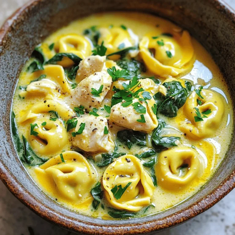 - 2 cups cooked chicken breast, cubed - 12 oz cheese tortellini (fresh or frozen) - 4 cloves garlic, minced - 1 cup heavy cream - 1 cup freshly grated Parmesan cheese - 1 tablespoon olive oil - 1 teaspoon Italian seasoning blend - Salt and black pepper, to taste - 1 cup fresh spinach, chopped (if large leaves) - 2 tablespoons fresh parsley, finely chopped (for garnish) For this dish, I recommend choosing high-quality ingredients. Fresh tortellini adds a soft texture that elevates the meal. If you prefer frozen, just ensure they're not stuck together. The garlic should be minced finely for a strong flavor. I use fresh Parmesan cheese, as it melts better and gives a richer taste. Heavy cream is essential for that creamy finish, but you can substitute it with a lighter option if needed. When it comes to seasonings, Italian seasoning blends well with the dish. Adjust the salt and pepper to your taste. Fresh spinach not only adds color but also nutrients. Finally, the parsley makes for a great garnish. It brightens the dish and adds a burst of freshness. This combination of ingredients creates a delightful meal. You can tweak the recipe based on your preferences and what you have on hand. Enjoy the creamy, cheesy goodness! - Boil salted water in a large pot. - Carefully add the tortellini. - Cook according to the package directions. - Drain the tortellini and set aside. - Heat olive oil in a skillet over medium heat. - Add minced garlic and sauté for about 1 minute. - Watch closely to prevent burning. - Add cubed chicken to the skillet. - Sprinkle in Italian seasoning blend. - Stir and cook until chicken is warmed through. - Lower the heat and pour in the heavy cream. - Stir gently and let it simmer for 2-3 minutes. - This enhances all the warm flavors. - Slowly whisk in freshly grated Parmesan cheese. - Stir until the sauce becomes smooth and creamy. - Add the cooked tortellini to the skillet. - Mix in the fresh spinach. - Fold everything together until spinach wilts. - Taste the dish and adjust with salt and pepper. - Remove from heat and plate the dish. - Garnish with chopped fresh parsley before serving. - Timing for cooking tortellini: Follow the package instructions for perfect pasta. Fresh tortellini cooks faster than frozen, typically around 3-5 minutes. Keep an eye on it to ensure it stays tender and doesn’t overcook. - Avoiding burnt garlic: Garlic can go from golden to burnt very fast. Sauté it for only about 1 minute until it smells good. If it starts to brown too much, lower your heat immediately to save the flavor. - Alternatives for heavy cream: If you want a lighter dish, use half-and-half or whole milk. For a vegan option, try canned coconut milk or cashew cream for creaminess. - Options for tortellini flavors: Cheese tortellini works great, but you can try spinach or mushroom tortellini for extra flavor. Each option adds its own twist to the dish. - Serving ideas for an appealing dish: Use shallow pasta bowls for a nice look. Drizzle some olive oil on top and sprinkle with extra Parmesan for flair. - Pairing with garlic bread: Serve this tortellini with warm garlic bread on the side. The crunch of the bread adds a nice texture to your meal. {{image_4}} You can easily switch up the flavors in this dish. Adding mushrooms gives a nice earthy taste. Just sauté them with the garlic for a rich flavor. Sun-dried tomatoes also add a sweet and tangy kick. They can brighten the whole dish. Want to try different proteins? Shrimp cooks fast and adds a seafood flair. Just toss them in the skillet until they turn pink. Sausage can also work well. Slice it thin and brown it first for a bold flavor. If you need gluten-free options, look for gluten-free tortellini. Many brands offer this choice now. You can still enjoy that creamy sauce with no worries. For dairy-free options, try using coconut cream or cashew cream. These can give you that creaminess you crave without dairy. Are you vegan? Use plant-based proteins, like chickpeas or tofu. For the sauce, blend soaked cashews with garlic and nutritional yeast. This makes a rich, creamy base that fits right in. To keep your creamy garlic Parmesan chicken tortellini fresh, let it cool first. Place it in an airtight container. This keeps moisture out and flavors in. It’s best to consume leftovers within three days. After that, the taste may not be as good. Freezing this dish is simple. First, let it cool completely. Then, portion it into freezer-safe bags or containers. Make sure to remove as much air as possible. This helps prevent freezer burn. You can freeze it for up to three months. When you’re ready to enjoy it again, reheat gently. Thaw it overnight in the fridge for best results. Heat it on the stove over low heat. Stir occasionally until it warms through. You can also add a splash of cream if it seems too thick. Enjoy your meal again with great taste! To make creamy garlic Parmesan chicken tortellini, you start by cooking the tortellini in salted water. Drain it when tender. In a skillet, heat olive oil and sauté minced garlic until fragrant. Add cubed cooked chicken and Italian seasoning, cooking until warm. Pour in heavy cream and let it simmer. Whisk in Parmesan cheese until smooth. Finally, fold in the tortellini and spinach, mixing until the spinach wilts. Season with salt and pepper before serving. Yes, you can use frozen tortellini! Just cook it according to the package instructions. Make sure to add it to boiling water directly from the freezer. This will save you time and still give great flavor. Always drain excess water after cooking to keep the dish creamy. If you need a substitute for heavy cream, try these options: - Half-and-half for a lighter creaminess - Greek yogurt for a tangy twist - Coconut milk for a dairy-free option - Silken tofu blended until smooth for a vegan choice This dish lasts about 3 to 4 days in the fridge. Store it in an airtight container. Always let it cool down before sealing. Reheat it gently on the stove or in the microwave. Make sure it is heated all the way through before enjoying. You can serve this dish with many sides: - A fresh green salad for crunch - Garlic bread for extra flavor - Roasted vegetables for a healthy touch - Steamed broccoli for added nutrition Each of these options complements the creamy tortellini well! This blog post covered everything you need to make creamy garlic Parmesan chicken tortellini. From gathering the right ingredients to step-by-step cooking tips, you now have a full picture. Remember to experiment with add-ins like mushrooms or shrimp to customize your dish. Storing leftovers properly ensures you enjoy this meal multiple times. Keep your pantry stocked, and you'll have a quick meal ready whenever you need it. Simple, satisfying, and full of flavor, this dish is sure to impress anyone at your table.