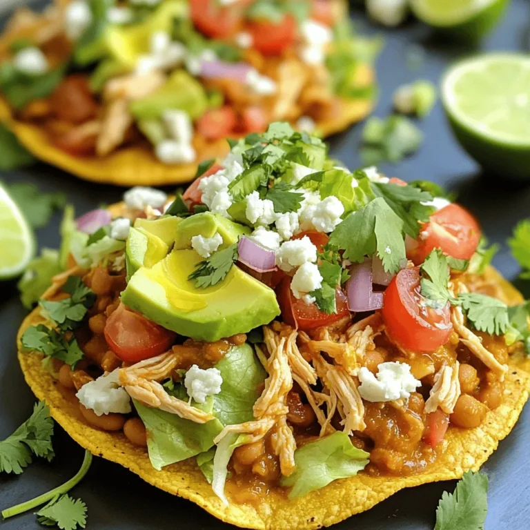 - 4 tostada shells - 2 cups shredded rotisserie chicken - 1 cup refried beans - 1 cup shredded lettuce - 1 cup diced tomatoes - ½ cup diced red onion - ½ cup crumbled queso fresco - 1 ripe avocado, sliced - ¼ cup fresh cilantro, finely chopped - 1 lime, juiced - 1 teaspoon ground cumin - 1 teaspoon chili powder - Salt and pepper to taste - Olive oil, for drizzling For this recipe, I love using crispy tostada shells. They give a great crunch. The shredded rotisserie chicken adds flavor and makes prep easy. I also use refried beans; they help hold everything together. Fresh toppings are a must! I always add shredded lettuce for a nice crunch. Diced tomatoes add sweetness and color. Diced red onion gives a sharp bite that balances the dish. For garnishes, I like crumbled queso fresco. It adds a creamy texture. Sliced avocado brings a rich, buttery flavor. Fresh cilantro adds brightness, and lime juice gives a zesty kick. I use ground cumin and chili powder for a warm spice blend. Don’t forget salt and pepper! A drizzle of olive oil adds a finishing touch. With these ingredients, you’ll create a tasty and colorful meal. Enjoy the mix of flavors and textures in every bite! - Preheat your oven to 375°F (190°C). This step is key for crispy tostadas. - Arrange the tostada shells on a baking sheet. Bake for 5-7 minutes. Watch for a light golden color. - In a bowl, mix the shredded rotisserie chicken with ground cumin, chili powder, lime juice, salt, and pepper. - Stir well to coat the chicken evenly. This seasoning adds a lot of flavor. - Use a spoon to spread about 2 tablespoons of refried beans on each tostada shell. - Pile on the seasoned chicken mixture. Make sure each tostada is full. - Top with shredded lettuce, diced tomatoes, and red onions. Spread them evenly. - Add sliced avocado for creaminess and color. - Sprinkle crumbled queso fresco and chopped cilantro on top for freshness. - Drizzle a little olive oil over each tostada. This adds a nice touch. - Serve the tostadas right away. Add lime wedges on the side for a zesty kick. To get crispy tostada shells, bake them at 375°F (190°C). Place them on a baking sheet. Bake for 5 to 7 minutes until they turn golden. Keep an eye on them to avoid burning. Choose high-quality tostada shells. Look for ones that are thick and sturdy. Thinner shells may break easily. Add flavor with spices and herbs. Ground cumin and chili powder add warmth. You can also try smoked paprika for a deeper taste. For some heat, add jalapeños or diced serrano peppers. Fresh herbs like cilantro brighten the dish. Don't be shy; experiment with your favorite spices! Serve the tostadas on a colorful platter. Arrange them in a circle or line. This makes them look inviting. For garnish, add lime wedges and extra cilantro. A squeeze of lime adds a zesty touch. You can also sprinkle some extra queso fresco on top. {{image_4}} You can make a tasty vegetarian tostada by using beans and veggies. Instead of rotisserie chicken, use refried beans as the base. Add black beans or pinto beans for more protein. You can mix in corn, bell peppers, and zucchini for extra flavor and texture. Some great plant-based proteins include: - Tofu - Tempeh - Lentils These options give you a hearty meal without meat. For a fun twist, try Mexican-inspired toppings. You can add pickled jalapeños, corn salsa, or chipotle crema for extra heat. Want to mix it up? Consider fusion variations. Add Thai peanut sauce or Indian chutney for a unique flavor. Feel free to experiment with your favorite flavors. The sky is the limit! Pair your tostadas with delicious sides. Mexican rice or a fresh guacamole works well. You can also serve them with a side of black beans or corn salad. For drinks, margaritas are a classic choice. A refreshing limeade or iced tea also complements the meal. Enjoy your tostadas with a fun drink! To keep your tostadas fresh, store them in the fridge. Place the tostadas in an airtight container. This helps keep them from getting soggy. It’s best to store the toppings separately. This way, the tostadas stay crispy. You can freeze leftover rotisserie chicken, but avoid freezing the tostada shells. They can lose their crunch when thawed. When reheating tostadas, you want to keep them crispy. The best method is to use the oven. Preheat the oven to 350°F (175°C). Place the tostadas on a baking sheet. Heat for about 5-10 minutes. This works better than the microwave, which can make them chewy. If you must use the microwave, do so for just a few seconds. Leftover tostadas will last in the fridge for about 3 days. Always check for signs of spoilage. If the tostadas look or smell off, it’s best to throw them out. Look for mold or unusual textures, especially on the toppings. Staying safe with food is important! Yes, you can use cooked chicken. Any cooked chicken works well. Shredded or diced chicken is best. Just make sure it is seasoned. You might want to add some spices for extra flavor. This way, your tostadas stay tasty and fun to eat. You can make tostadas in advance easily. Bake the tostada shells and store them. Keep them in an airtight container to stay crisp. You can also prepare the filling early. Mix the chicken, beans, and spices together. Just assemble everything before serving for the best taste. The best toppings are fresh and colorful. Here are some popular choices: - Shredded lettuce - Diced tomatoes - Diced red onion - Sliced avocado - Crumbled queso fresco - Fresh cilantro Feel free to mix and match. Your favorite toppings can make each tostada special. To add spice, consider these tips: - Use spicy chili powder or add diced jalapeños. - Drizzle with hot sauce before serving. - Mix in some diced green chiles with your chicken. These simple changes will give your tostadas a nice kick. Enjoy the heat! We covered the key steps to make delicious tostadas, from fresh ingredients to assembly tips. Remember, crispy shells and tasty fillings set the stage for a great meal. Get creative with toppings, and don't shy away from trying new flavors. With proper storage, your leftovers will stay fresh, too. Enjoy your tostada-making adventure and share them with friends or family for a fun meal together.