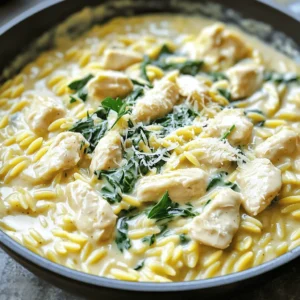 - 1 lb chicken breast, cut into bite-sized pieces - 1 cup orzo pasta - 4 cloves garlic, minced - 1 medium onion, finely chopped Chicken breast is the star of this dish. I love using it because it cooks fast and stays juicy. Orzo pasta adds a fun twist. It’s small and cooks quickly. Garlic and onion bring great flavor. They add depth to every bite. - 4 tablespoons unsalted butter (divided) - 1 cup heavy cream - 1/2 cup grated Parmesan cheese Unsalted butter makes this dish rich. I use it to sauté the chicken and aromatics. Heavy cream adds that creamy texture we crave. Parmesan cheese gives it a salty kick. All these fats work together for a dreamy taste. - 2 cups chicken broth (low-sodium recommended) - 1 cup fresh spinach, roughly chopped - 1 teaspoon dried thyme - 1 teaspoon smoked paprika Chicken broth keeps the dish moist. I prefer low-sodium to control the salt. Fresh spinach adds color and nutrition. Thyme and smoked paprika enhance the flavor. Together, they create a delightful mix that makes each bite memorable. - Start by melting 2 tablespoons of unsalted butter in a large skillet over medium heat. - Once melted, add 1 pound of chicken breast cut into bite-sized pieces. - Season the chicken with salt, black pepper, 1 teaspoon of dried thyme, and 1 teaspoon of smoked paprika. - Sauté the chicken for about 5-7 minutes, until it turns golden brown and is cooked through. - Transfer the chicken to a plate and set it aside for later. - In the same skillet, add the remaining 2 tablespoons of butter. - Once the butter melts, add 1 medium onion that has been finely chopped. - Next, add 4 cloves of minced garlic. - Sauté these for 2-3 minutes, stirring often, until the onion is soft and the garlic smells great. - Stir in 1 cup of orzo pasta, mixing it well with the garlic and onion. - Cook the orzo for another 1-2 minutes to let it toast and soak in the flavors. - Carefully pour in 2 cups of low-sodium chicken broth. - Bring the mixture to a simmer and cover the skillet with a lid. - Let the orzo cook for about 10 minutes, stirring occasionally, until it is al dente. - When the orzo is ready, lower the heat. - Stir in 1 cup of heavy cream, simmering gently for about 2-3 minutes. - This will thicken the sauce and make it creamy. - Add the cooked chicken back to the skillet. - Toss in 1 cup of roughly chopped fresh spinach and 1/2 cup of grated Parmesan cheese. - Mix everything thoroughly and cook for another 2-3 minutes, until the spinach wilts and the cheese melts. - Finally, taste the dish and adjust seasoning with more salt and black pepper as needed. To get the perfect creamy sauce, I suggest adjusting the cream to your taste. If you want it richer, use heavy cream. For a lighter version, you can use half-and-half or whole milk. If the sauce is too thick, add a splash of chicken broth to loosen it up. If it’s too thin, let it simmer longer to thicken naturally. To make the flavors pop, taste your dish often. You can adjust the salt and pepper based on your preference. If you love heat, try adding a pinch of red pepper flakes. Fresh herbs like basil or thyme can also enhance the flavor profile. Just chop them finely and stir them in at the end for a fresh taste. You can try different methods to cook the orzo. Instead of cooking it in the skillet, boil it separately in salted water. Drain it and then mix it back in with the creamy sauce. Another option is to bake it in the oven. Combine all ingredients in an oven-safe dish and bake until bubbly. Both methods bring unique flavors to the dish. {{image_4}} You can switch out the chicken for shrimp or tofu. Shrimp cooks fast and adds a nice flavor. Use medium or large shrimp for best results. Tofu is a great choice for a vegetarian meal. Make sure to press the tofu to get rid of extra water. Other cuts of chicken work well too. Thighs are juicier and add a richer taste. Adding seasonal veggies boosts nutrition and color. Try using broccoli, zucchini, or bell peppers. These veggies add crunch and flavor. You can mix them in with the onions and garlic. Cook them until tender for the best taste. This keeps your meal fresh and exciting. Boost the taste by adding different herbs or spices. Fresh herbs like basil or thyme can brighten the dish. You can also try adding a pinch of red pepper flakes for heat. Experiment with lemon zest for a zesty kick. These changes can make your meal unique every time. To store leftovers, let the dish cool first. Place it in an airtight container. This keeps the orzo and chicken fresh. You can refrigerate it for up to three days. Make sure to label the container with the date. This way, you'll remember how long it's been stored. For reheating, I recommend using the stove. Place the leftover orzo in a skillet over low heat. Add a splash of chicken broth or cream to help it warm up. Stir gently until heated through. You can also use the microwave. Heat in short bursts, stirring in between. This helps prevent uneven heating. To freeze, let the dish cool completely. Then, transfer it to a freezer-safe container. Leave some space at the top for expansion. You can freeze it for up to three months. To thaw, move it to the fridge overnight. Reheat as mentioned above for the best results. Yes, you can use whole wheat orzo in this dish. It adds a nice nutty flavor. Whole wheat orzo is a great option for a healthier meal. Just remember, it may take a bit longer to cook than regular orzo. Keep an eye on it and adjust the cooking time as needed. To make this meal gluten-free, swap the orzo for gluten-free pasta. Many brands offer gluten-free orzo made from rice or corn. You can also use quinoa or cauliflower rice for a lighter option. Just make sure to check that your chicken broth is gluten-free, too. This meal will stay fresh in the fridge for about three days. Store it in an airtight container to keep it tasty. Reheat it gently on the stove to keep the creaminess intact. If it seems dry, add a splash of chicken broth or cream when reheating. You can serve this dish with a simple green salad or roasted vegetables. Garlic bread pairs well too. For a heartier meal, add some steamed broccoli or asparagus on the side. The fresh veggies balance the creamy flavors perfectly. Yes, you can make this recipe ahead of time! Prepare the chicken and orzo, then store them separately. Reheat them together when you're ready to serve. This way, you maintain the creamy texture and flavors. Just note that the orzo may absorb some sauce, so keep extra cream on hand. This blog post explored how to make a delicious Creamy Garlic Butter Chicken Orzo Skillet. We discussed key ingredients, step-by-step cooking instructions, and helpful tips for the perfect dish. You learned how to adjust creaminess and seasoning to suit your taste. Don’t forget about the variations and storage tips to make this meal last. Cooking can be fun and easy. Enjoy this dish with loved ones for a satisfying meal!
