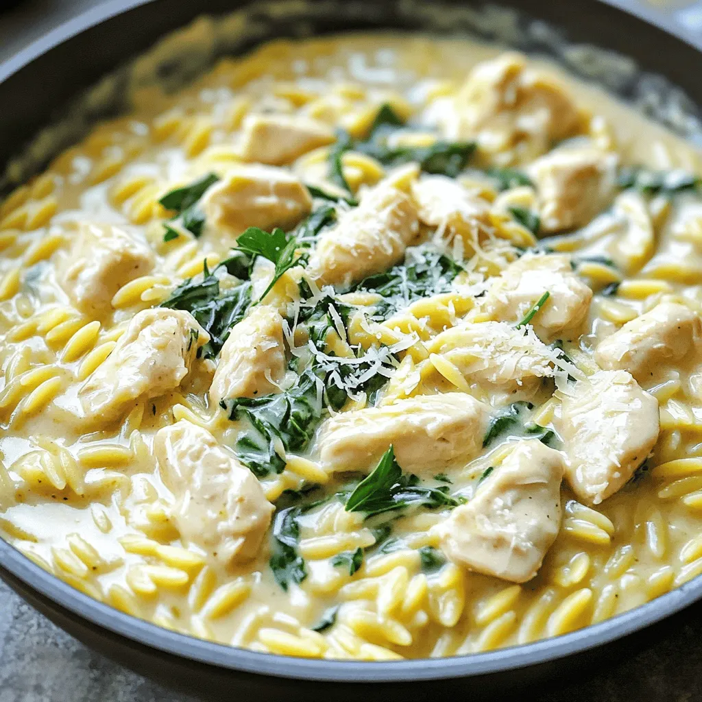 - 1 lb chicken breast, cut into bite-sized pieces - 1 cup orzo pasta - 4 cloves garlic, minced - 1 medium onion, finely chopped Chicken breast is the star of this dish. I love using it because it cooks fast and stays juicy. Orzo pasta adds a fun twist. It’s small and cooks quickly. Garlic and onion bring great flavor. They add depth to every bite. - 4 tablespoons unsalted butter (divided) - 1 cup heavy cream - 1/2 cup grated Parmesan cheese Unsalted butter makes this dish rich. I use it to sauté the chicken and aromatics. Heavy cream adds that creamy texture we crave. Parmesan cheese gives it a salty kick. All these fats work together for a dreamy taste. - 2 cups chicken broth (low-sodium recommended) - 1 cup fresh spinach, roughly chopped - 1 teaspoon dried thyme - 1 teaspoon smoked paprika Chicken broth keeps the dish moist. I prefer low-sodium to control the salt. Fresh spinach adds color and nutrition. Thyme and smoked paprika enhance the flavor. Together, they create a delightful mix that makes each bite memorable. - Start by melting 2 tablespoons of unsalted butter in a large skillet over medium heat. - Once melted, add 1 pound of chicken breast cut into bite-sized pieces. - Season the chicken with salt, black pepper, 1 teaspoon of dried thyme, and 1 teaspoon of smoked paprika. - Sauté the chicken for about 5-7 minutes, until it turns golden brown and is cooked through. - Transfer the chicken to a plate and set it aside for later. - In the same skillet, add the remaining 2 tablespoons of butter. - Once the butter melts, add 1 medium onion that has been finely chopped. - Next, add 4 cloves of minced garlic. - Sauté these for 2-3 minutes, stirring often, until the onion is soft and the garlic smells great. - Stir in 1 cup of orzo pasta, mixing it well with the garlic and onion. - Cook the orzo for another 1-2 minutes to let it toast and soak in the flavors. - Carefully pour in 2 cups of low-sodium chicken broth. - Bring the mixture to a simmer and cover the skillet with a lid. - Let the orzo cook for about 10 minutes, stirring occasionally, until it is al dente. - When the orzo is ready, lower the heat. - Stir in 1 cup of heavy cream, simmering gently for about 2-3 minutes. - This will thicken the sauce and make it creamy. - Add the cooked chicken back to the skillet. - Toss in 1 cup of roughly chopped fresh spinach and 1/2 cup of grated Parmesan cheese. - Mix everything thoroughly and cook for another 2-3 minutes, until the spinach wilts and the cheese melts. - Finally, taste the dish and adjust seasoning with more salt and black pepper as needed. To get the perfect creamy sauce, I suggest adjusting the cream to your taste. If you want it richer, use heavy cream. For a lighter version, you can use half-and-half or whole milk. If the sauce is too thick, add a splash of chicken broth to loosen it up. If it’s too thin, let it simmer longer to thicken naturally. To make the flavors pop, taste your dish often. You can adjust the salt and pepper based on your preference. If you love heat, try adding a pinch of red pepper flakes. Fresh herbs like basil or thyme can also enhance the flavor profile. Just chop them finely and stir them in at the end for a fresh taste. You can try different methods to cook the orzo. Instead of cooking it in the skillet, boil it separately in salted water. Drain it and then mix it back in with the creamy sauce. Another option is to bake it in the oven. Combine all ingredients in an oven-safe dish and bake until bubbly. Both methods bring unique flavors to the dish. {{image_4}} You can switch out the chicken for shrimp or tofu. Shrimp cooks fast and adds a nice flavor. Use medium or large shrimp for best results. Tofu is a great choice for a vegetarian meal. Make sure to press the tofu to get rid of extra water. Other cuts of chicken work well too. Thighs are juicier and add a richer taste. Adding seasonal veggies boosts nutrition and color. Try using broccoli, zucchini, or bell peppers. These veggies add crunch and flavor. You can mix them in with the onions and garlic. Cook them until tender for the best taste. This keeps your meal fresh and exciting. Boost the taste by adding different herbs or spices. Fresh herbs like basil or thyme can brighten the dish. You can also try adding a pinch of red pepper flakes for heat. Experiment with lemon zest for a zesty kick. These changes can make your meal unique every time. To store leftovers, let the dish cool first. Place it in an airtight container. This keeps the orzo and chicken fresh. You can refrigerate it for up to three days. Make sure to label the container with the date. This way, you'll remember how long it's been stored. For reheating, I recommend using the stove. Place the leftover orzo in a skillet over low heat. Add a splash of chicken broth or cream to help it warm up. Stir gently until heated through. You can also use the microwave. Heat in short bursts, stirring in between. This helps prevent uneven heating. To freeze, let the dish cool completely. Then, transfer it to a freezer-safe container. Leave some space at the top for expansion. You can freeze it for up to three months. To thaw, move it to the fridge overnight. Reheat as mentioned above for the best results. Yes, you can use whole wheat orzo in this dish. It adds a nice nutty flavor. Whole wheat orzo is a great option for a healthier meal. Just remember, it may take a bit longer to cook than regular orzo. Keep an eye on it and adjust the cooking time as needed. To make this meal gluten-free, swap the orzo for gluten-free pasta. Many brands offer gluten-free orzo made from rice or corn. You can also use quinoa or cauliflower rice for a lighter option. Just make sure to check that your chicken broth is gluten-free, too. This meal will stay fresh in the fridge for about three days. Store it in an airtight container to keep it tasty. Reheat it gently on the stove to keep the creaminess intact. If it seems dry, add a splash of chicken broth or cream when reheating. You can serve this dish with a simple green salad or roasted vegetables. Garlic bread pairs well too. For a heartier meal, add some steamed broccoli or asparagus on the side. The fresh veggies balance the creamy flavors perfectly. Yes, you can make this recipe ahead of time! Prepare the chicken and orzo, then store them separately. Reheat them together when you're ready to serve. This way, you maintain the creamy texture and flavors. Just note that the orzo may absorb some sauce, so keep extra cream on hand. This blog post explored how to make a delicious Creamy Garlic Butter Chicken Orzo Skillet. We discussed key ingredients, step-by-step cooking instructions, and helpful tips for the perfect dish. You learned how to adjust creaminess and seasoning to suit your taste. Don’t forget about the variations and storage tips to make this meal last. Cooking can be fun and easy. Enjoy this dish with loved ones for a satisfying meal!