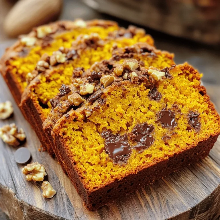 When making Easy Pumpkin Chocolate Chip Bread, you need the right mix of tasty ingredients. Here’s what you will need: - 1 ½ cups all-purpose flour - 1 teaspoon baking soda - ½ teaspoon baking powder - ½ teaspoon salt - 1 teaspoon ground cinnamon - ½ teaspoon ground nutmeg - ½ teaspoon ground ginger - ½ cup vegetable oil - 1 cup canned pumpkin puree - 1 cup granulated sugar - 2 large eggs - 1 teaspoon vanilla extract - 1 cup semi-sweet chocolate chips - ½ cup chopped walnuts (optional) These ingredients come together to create a soft, moist bread. The pumpkin adds a rich flavor and a beautiful color. The chocolate chips give a sweet touch. You can add walnuts if you like a little crunch. Each ingredient plays an important role in making this bread a delight. Grab these items before you start baking. They will help you create a warm, comforting loaf that everyone will love. - Preheat the Oven: First, heat your oven to 350°F (175°C). Grease a 9x5 inch loaf pan with butter or spray. You can also use parchment paper for easy removal. - Mix Dry Ingredients: In a medium bowl, add 1 ½ cups of all-purpose flour, 1 teaspoon of baking soda, ½ teaspoon of baking powder, and ½ teaspoon of salt. Then, add 1 teaspoon of ground cinnamon, ½ teaspoon of nutmeg, and ½ teaspoon of ginger. Whisk these together until well mixed. Set this bowl aside. - Combine Wet Ingredients: In a large bowl, pour in ½ cup of vegetable oil, 1 cup of canned pumpkin puree, and 1 cup of granulated sugar. Add 2 large eggs and 1 teaspoon of vanilla extract. Whisk these wet ingredients until smooth. - Integrate Dry Mixture: Slowly add the dry mixture to the wet mixture. Stir gently with a spatula. Mix just until combined. It is okay if there are a few lumps. - Add Chocolate Chips and Nuts: Carefully fold in 1 cup of semi-sweet chocolate chips. If you want, add ½ cup of chopped walnuts. Make sure they are evenly mixed into the batter. - Prepare to Bake: Pour the batter into the greased loaf pan. Use a spatula to smooth the top for an even surface. - Bake and Cooling Time: Place the loaf pan in the oven. Bake for 60-70 minutes. Keep checking it. The bread is done when a toothpick inserted in the center comes out clean or with a few moist crumbs. After baking, let it cool in the pan for about 10 minutes. Then, move the bread to a wire rack to cool completely before slicing. How to Achieve Moist Bread To keep your pumpkin chocolate chip bread moist, use canned pumpkin puree. This adds moisture. The oil also helps keep the bread soft. Avoid overmixing the batter. Mix just until combined. This keeps air in the batter and helps it rise. Flavor Enhancements Add spices to boost flavor. Ground cinnamon, nutmeg, and ginger bring warmth. You can also try adding vanilla extract for a sweet touch. Using semi-sweet chocolate chips adds a rich taste. If you like nuts, chopped walnuts add crunch. You can even swap chocolate chips for white chocolate for a new twist. Serving Suggestions Slice the bread while warm. Serve it with butter for a rich taste. A sprinkle of cinnamon on top makes it look inviting. You can serve it as a breakfast treat or a sweet snack. Garnishing Ideas For a fun garnish, add a drizzle of melted chocolate on top. You can also use a dusting of powdered sugar for a sweet finish. Fresh herbs like mint can add a pop of color. This makes your dish look more appealing and festive. {{image_4}} You can change ingredients in the pumpkin chocolate chip bread for new tastes. Alternative Flours You can use whole wheat flour or almond flour. Whole wheat gives a nutty flavor. Almond flour makes the bread moist and adds protein. Just remember to adjust the amount. Different Mix-ins Feel free to try other fun mix-ins. Instead of chocolate chips, use white chocolate or butterscotch chips. You can also add dried fruits like cranberries or raisins. Nuts like pecans or hazelnuts work great too. You can make this recipe fit different diets with simple changes. Gluten-Free Options For a gluten-free version, use a gluten-free flour blend. This will keep the bread soft and tasty. Look for blends that include xanthan gum for the best result. Vegan Adaptations To make this bread vegan, swap eggs with flax eggs. Mix one tablespoon of ground flaxseed with two and a half tablespoons of water. Let it sit for five minutes before adding it to the wet mix. Use a plant-based oil and sugar that is vegan-friendly. - Room Temperature Storage: Store the bread in an airtight container at room temp. It stays fresh for up to three days. If you notice it getting dry, add a slice of bread to keep it moist. - Refrigeration Tips: You can refrigerate the bread for up to a week. Wrap it tightly in plastic wrap first. This helps keep the bread from drying out. - Best Practices for Freezing: Wrap the bread tightly in plastic wrap and then in aluminum foil. This protects it from freezer burn. You can freeze it for up to three months. - Thawing Instructions: To thaw, take the bread out of the freezer. Leave it wrapped at room temp for a few hours. For quicker thawing, you can microwave it on low for about 10-15 seconds. Enjoy it warm! Can I use fresh pumpkin instead of canned? Yes, you can use fresh pumpkin. Just cook and puree it first. Fresh pumpkin gives a great taste and texture. Make sure it is well-drained for the best results. How long will the bread last? The bread lasts about 4 to 5 days at room temperature. Store it in an airtight container to keep it fresh. You can also refrigerate it for up to one week. Can I double the recipe? Absolutely! Doubling the recipe works well. Just use two loaf pans. Keep an eye on the baking time; it may take a few extra minutes. Why is my bread sinking? Bread can sink if the batter is too wet or if it has not baked long enough. Always check for doneness with a toothpick. Don’t overmix the batter either. What should I do if the bread is too dry? If the bread is too dry, try adding a bit more oil or pumpkin puree next time. You can also cover it with foil while baking to keep moisture in. Can this be made as muffins? Yes! This recipe makes great muffins. Just pour the batter into a muffin tin instead of a loaf pan. Bake for about 20 to 25 minutes. How to adjust cooking time for smaller loaves? For smaller loaves, reduce the baking time. Start checking for doneness at 30 minutes. Adjust based on the size of your pans. In this blog post, I shared a simple pumpkin bread recipe. We went over essential ingredients, step-by-step instructions, and helpful tips. You learned how to store and freeze your bread for later enjoyment. Variations allow for fancier flavors, and I answered common questions too. Baking pumpkin bread can be fun and rewarding. With these guidelines, you can create a treat your family will love. Enjoy your baking journey and savor each bite of your creation!
