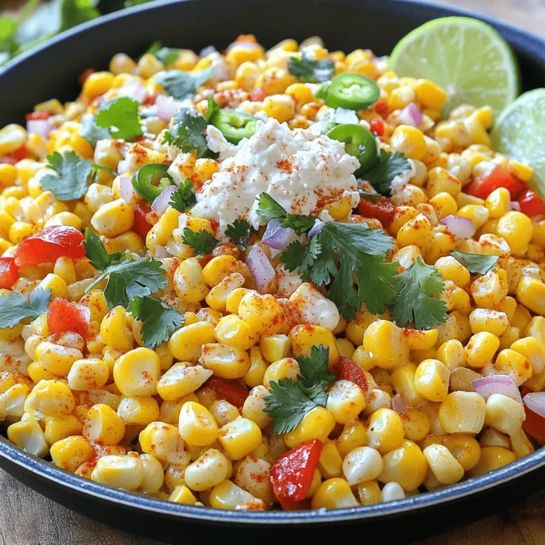 To make this dish, you need fresh flavors and colors. Here are the key ingredients: - 4 cups corn kernels (fresh, frozen, or canned) - 1 red bell pepper, diced - 1 jalapeño, seeded and minced - 1 small red onion, chopped - 3 cloves garlic, minced - 1 teaspoon chili powder - ½ teaspoon ground cumin - ½ teaspoon smoked paprika - Salt and black pepper to taste - 2 tablespoons olive oil - ¼ cup mayonnaise - ½ cup cotija cheese, crumbled - Fresh cilantro leaves for garnish - Lime wedges for serving You can swap some ingredients if you need to. Here are some good options: - Use green bell pepper instead of red for a milder flavor. - Swap jalapeño for a milder pepper, like a poblano. - Use Greek yogurt instead of mayonnaise for a lighter touch. - Try feta cheese if cotija isn’t available. Choosing fresh ingredients is key to great taste. Here’s how to pick them: - Corn: Look for bright yellow kernels with a sweet smell. - Bell Pepper: Choose firm peppers with smooth skin. - Jalapeño: Pick small, bright green ones for more heat. - Onion: Select firm onions with no soft spots. - Cilantro: Fresh cilantro should look vibrant and green. These tips will help you get the best flavors for your dish. Enjoy the process of cooking! Start by placing a large skillet over medium-high heat. Pour in 2 tablespoons of olive oil. Let it heat for about one minute. You want it shimmering but not smoking. This step helps the flavors bloom. Next, add the chopped red onion to the hot oil. Sauté it for three to four minutes. Stir it often. You want the onion to be soft and fragrant. Then, mix in 3 cloves of minced garlic, 1 diced red bell pepper, and 1 finely minced jalapeño. Cook these for another two to three minutes. The peppers should soften and brighten in color. Now it’s time to add the star of the dish. Stir in 4 cups of corn kernels. You can use fresh, frozen, or canned corn. Let them cook for about five minutes while stirring occasionally. This helps to char the corn slightly. Next, sprinkle in 1 teaspoon of chili powder, ½ teaspoon of ground cumin, and ½ teaspoon of smoked paprika. Add salt and black pepper to taste. Mix well to coat all the corn and veggies with spices. Cook for one more minute to let the flavors blend. To make your One-Pan Mexican Street Corn Skillet pop, focus on fresh ingredients. Use sweet corn for a natural sweetness. If you can, roast the corn first for a smoky taste. When cooking the onions, let them soften well. This adds a nice depth to the dish. Don't skip the spices! They bring warmth and zest. Mix them in well for even flavor. For a richer texture, add more mayonnaise than the recipe suggests. You can also stir in some sour cream for extra creaminess. A splash of heavy cream works well, too. This gives a smooth, velvety feel to each bite. Ensure you mix it in after cooking to keep everything fresh. Presenting your dish well makes it even more appealing. Serve it in a bright bowl to showcase the colors. Sprinkle extra cotija cheese on top for a nice touch. Add a handful of cilantro leaves for a fresh look. Place lime wedges around the dish to invite your guests to squeeze over their servings. This not only looks good but also adds a burst of flavor! {{image_4}} To kick up the heat, you can add more jalapeños. Use two or three jalapeños, finely minced. You can also add a pinch of cayenne pepper. This spice will give the dish a nice kick. If you want extra flavor, try adding some hot sauce. A few dashes can transform this dish into a spicy delight. This dish is already mostly veggie, but you can add more vegetables. Try adding zucchini or mushrooms for extra texture. You can also replace the mayonnaise with a vegan alternative. This keeps it creamy without using dairy. Fresh avocado can be another great addition. It adds creaminess and a rich flavor. Feel free to get creative with other ingredients. You can add black beans for protein and fiber. They blend well with the corn and spices. Try using different types of cheese, like feta or queso fresco. You can also swap the red bell pepper for green or yellow peppers. Each pepper brings its unique flavor to the dish. Fresh herbs like basil or mint can also add a fresh twist. After you enjoy your One-Pan Mexican Street Corn Skillet, let it cool. Place leftovers in an airtight container. This keeps the dish fresh and tasty. Store the container in the fridge. It will last up to three days. To reheat, you can use a skillet or microwave. If using a skillet, add a splash of water. Heat over medium heat until warm. Stir occasionally to keep it from sticking. In the microwave, place it in a microwave-safe dish. Cover it loosely and heat for about one to two minutes. Check if it's hot enough, then enjoy again! If you want to keep it longer, freezing works great. First, let the dish cool completely. Then, transfer it to a freezer-safe container. Leave some space at the top for expansion. Label the container with the date. It can stay in the freezer for up to three months. When ready to eat, thaw it in the fridge overnight before reheating. You can pair this dish with many sides. Try serving it with grilled chicken or shrimp for protein. Tacos also make a great match. You can place it next to a fresh salad or rice. Cornbread provides a sweet touch to balance the spices. Don't forget to add lime wedges for extra zest. This dish is so versatile that it fits well with many meals. Yes, you can use frozen corn! It saves time and is easy to find. Just make sure to thaw it before cooking. The taste might differ slightly, but it will still be delicious. If using frozen corn, cook it until heated through and lightly charred. This will help bring out the sweet corn flavor. Absolutely! To make this dish vegan, swap mayonnaise for a plant-based alternative. You can use cashew cream or vegan mayo. For cheese, try a vegan cheese option or skip it entirely. The flavors will still shine through with the spices and fresh veggies. Enjoy a tasty vegan twist on this classic recipe! In this blog post, we explored how to make a delicious One-Pan Mexican Street Corn Skillet. We covered essential ingredients and tips for selecting the freshest ones. I shared step-by-step instructions for perfect preparation and flavorful sautéing. You learned useful tips for creaminess and presentation. Variations let you adjust spice and suit vegetarian diets. We even talked about storage and reheating. This dish is easy, fun, and full of flavor. Enjoy trying it yourself!