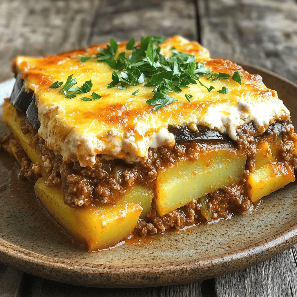 - 3 large eggplants, sliced into 1/4 inch rounds - 1 lb ground beef or lamb - 3 medium potatoes, peeled and sliced into rounds Moussaka starts with the base of sliced eggplants. I prefer large eggplants for their rich flavor. Ground meat, either beef or lamb, adds a hearty touch. Potatoes serve as a sturdy layer, too. - 1 large onion, finely diced - 3 cloves garlic, minced - 1 can crushed tomatoes - 2 tablespoons tomato paste - 1 teaspoon ground cinnamon - 1 teaspoon dried oregano - 1 teaspoon sea salt - 1/2 teaspoon black pepper - 1/4 cup extra virgin olive oil - 1 1/2 cups béchamel sauce - 1/2 cup fresh grated Parmesan cheese - 1/2 cup shredded mozzarella cheese The seasonings make the dish sing. The mix of cinnamon and oregano gives it a warm flavor. The béchamel sauce adds creaminess, while the cheeses bring richness and a nice crust. - Fresh parsley for garnish - Variations for different dietary preferences Feel free to add fresh parsley on top for color. If you want to switch things up, consider using lentils or mushrooms instead of meat. This way, you can cater to different diets while keeping the dish tasty. First, preheat your oven to 375°F (190°C). Slice the eggplants into 1/4 inch rounds. Lay them on a baking sheet and sprinkle salt over each slice. Let them sit for about 30 minutes. This step draws out moisture, making the eggplants less soggy. After 30 minutes, rinse the slices under cold water. Pat them dry with paper towels. This removes excess salt and moisture. Next, fill a pot with water and add a pinch of salt. Bring the water to a boil. Once boiling, add the potato slices. Cook them for about 5-7 minutes. You want them slightly tender but still firm. After cooking, drain the potatoes and set them aside to cool. In a large skillet, heat 2 tablespoons of olive oil over medium heat. Add the diced onion and minced garlic. Sauté them for about 3-4 minutes, until they are soft and fragrant. Next, add 1 pound of ground beef or lamb. Break it apart with a spoon and cook until browned, about 5-7 minutes. After browning the meat, add 1 can of crushed tomatoes, 2 tablespoons of tomato paste, 1 teaspoon of ground cinnamon, 1 teaspoon of dried oregano, 1 teaspoon of sea salt, and 1/2 teaspoon of black pepper. Stir well and let the mixture simmer for 10-15 minutes. This helps the flavors blend nicely. For the béchamel sauce, if you choose to make it from scratch, melt 1/4 cup of butter in a saucepan over medium heat. Whisk in 1/4 cup of flour until you have a smooth paste. Gradually add 2 cups of milk while whisking. Stir until the sauce thickens. Add a pinch of salt and nutmeg for taste. How to prevent sogginess: Sogginess can ruin your moussaka. To avoid this, salt the eggplant slices. Let them sit for about 30 minutes. This draws out excess moisture. Rinse the slices well and pat them dry. This step makes a big difference. Cooking methods for eggplants: You can cook eggplants in different ways. Sautéing gives a nice flavor. Frying adds richness, but be mindful of oil. Baking is a great option, too. It keeps them tender without extra fat. Choose the method that works best for your taste. Best practices for assembly: When layering your moussaka, start with potatoes. This creates a solid base. Next, add half of the meat mixture. Follow with half of the eggplant. Repeat these layers. The last layer should be eggplant. This keeps everything neat and organized. Ensuring even cooking: To ensure even cooking, spread each layer evenly. Use a spatula to smooth out the filling. This helps the heat circulate. It also ensures that every bite has the same great taste. Ideal pairing with salads: Moussaka pairs well with fresh salads. A Greek salad is a perfect choice. The crisp veggies add a nice contrast. The tangy dressing balances the rich flavors of the moussaka. Alternative side dishes: You can serve moussaka with other sides, too. Roasted vegetables or a simple rice dish work well. These options add variety to your meal. Choose sides that you enjoy and that complement the moussaka. {{image_4}} You can easily make moussaka vegetarian. Just swap the meat for lentils or mushrooms. Lentils add protein and a nice texture. Use cooked green or brown lentils for a hearty bite. If you prefer mushrooms, use a mix of button and portobello mushrooms for depth. Sauté them with onions and garlic until soft. This gives your dish a rich flavor without meat. If you need a gluten-free option, try a gluten-free béchamel sauce. Use gluten-free flour or cornstarch to thicken your sauce. You can also use almond or coconut milk for a dairy-free version. Just like the classic sauce, cook it until smooth and thick. This way, you still get that creamy topping without gluten. Moussaka is not the same everywhere in Greece. Each region has its twist. In some areas, they add zucchini or bell peppers. Others use different spices or herbs. For example, in Crete, they may add a layer of béchamel with egg. These changes create unique flavors and textures. Explore different styles to find your favorite! To keep your moussaka fresh, let it cool first. After it cools, cover it tightly with plastic wrap or aluminum foil. You can also use an airtight container. Store it in the fridge for up to three days. Keeping it sealed prevents it from drying out. When you’re ready to eat, just take it out and enjoy! If you want to save moussaka for later, freezing is a great option. Cut it into individual slices for easy serving. Wrap each slice in plastic wrap, then place them in a freezer-safe bag. Make sure to press out any extra air. You can freeze moussaka for up to three months. Label the bag with the date so you know when to use it. To reheat moussaka, avoid the microwave if you can. The oven is best for keeping the texture nice. Preheat your oven to 350°F (175°C). Place the moussaka in an oven-safe dish and cover it with foil. Heat for about 20-30 minutes, or until it’s warm all the way through. If you want a crispy top, remove the foil for the last 5-10 minutes. Enjoy your delicious moussaka just like when it was fresh! Moussaka is a rich dish made with layers of flavor. The main ingredients include: - Eggplants - Ground beef or lamb - Potatoes - Onions - Garlic - Crushed tomatoes - Tomato paste - Spices like cinnamon and oregano - Béchamel sauce - Parmesan and mozzarella cheese These simple ingredients combine to create a wonderful comfort food. Yes, you can prepare moussaka in advance. Here’s how: - Cook and cool: You can cook the meat and prepare the eggplants a day before. Let them cool, then layer them in a baking dish. - Cover tightly: Wrap the dish with plastic wrap or foil. This keeps the flavors fresh. - Bake later: When ready to eat, simply bake it. You might need to add a few extra minutes to the cooking time. To keep your moussaka from becoming soggy, follow these tips: - Salt the eggplants: Salting helps draw out moisture. After 30 minutes, rinse and dry them well. - Cook the meat properly: Make sure to brown the meat well. This adds flavor and reduces moisture. - Layer wisely: Don’t overload with sauce. Keep each layer balanced for even cooking. In this article, I covered moussaka's main ingredients, step-by-step instructions, and helpful tips. Key components like eggplants, ground meat, and béchamel sauce create a rich flavor. I also shared dietary variations, storage tips, and answers to common questions. Moussaka is versatile and can fit many tastes. With practice, you can make it just right for friends or family. Enjoy the process of cooking and experimenting with flavors. Your journey in moussaka-making can be both fun and tasty!