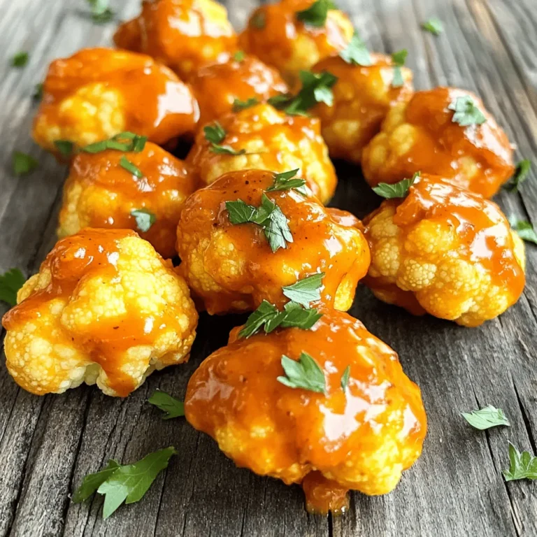 To make Air Fryer Crispy Buffalo Cauliflower Bites, gather these key ingredients: - 1 medium head of cauliflower, cut into bite-sized florets - 1 cup all-purpose flour (gluten-free flour works too) - 1 teaspoon garlic powder - 1 teaspoon onion powder - 1 teaspoon smoked paprika - 1/2 teaspoon cayenne pepper (or less for mild spice) - 1/4 teaspoon salt - 1/4 teaspoon black pepper - 1 cup unsweetened almond milk (or your favorite plant-based milk) - 1/2 cup buffalo sauce (store-bought or homemade) - 1 tablespoon olive oil (optional for extra crispiness) You can easily swap some ingredients for better taste or dietary needs. If you want a gluten-free option, use gluten-free flour. Almond milk can be replaced with soy milk or oat milk. For those avoiding spice, cut back on cayenne or use a mild sauce. You can also add other spices like cumin for extra flavor. Crispy cauliflower bites taste great with a dip. I recommend these sauces: - Ranch dressing - Blue cheese dressing - Yogurt dip with herbs - Spicy mayo These dips add an extra layer of flavor to your bites. Enjoy experimenting with different combinations! First, rinse the cauliflower florets well under cool water. This helps remove any dirt. Next, use a clean kitchen towel to pat them dry. The florets must be completely dry. Moisture can make them soggy instead of crispy. In a large mixing bowl, add the flour, garlic powder, onion powder, smoked paprika, cayenne pepper, salt, and black pepper. Mix these dry ingredients well. Then, slowly pour in the almond milk. Whisk until the batter is smooth and lump-free. This batter will give the cauliflower a tasty coating. Preheat your air fryer to 375°F (190°C) for about 5 minutes. This step is crucial for crispiness. Dip each cauliflower floret into the batter, letting any extra drip off. Place the florets in a single layer in the air fryer basket. Avoid overcrowding the basket. For extra crunch, lightly spray or brush them with olive oil. Air fry for 15-20 minutes. Shake the basket halfway through to ensure even cooking. Look for a golden brown color on the outside. Once the cauliflower bites are cooked, move them to a separate bowl. Drizzle the buffalo sauce over the hot bites. Toss gently until all pieces are well-coated. You can adjust the sauce amount based on how spicy you want them. If you want your bites even crispier, return them to the air fryer. Cook for an additional 3-5 minutes. This step is not necessary but can enhance the texture. Enjoy the crispy goodness with your favorite dipping sauce! To get the best crunch, start by drying your cauliflower well. A dry surface helps the batter stick and crisp up. You can also add a little olive oil to the batter for extra crunch. When air frying, keep the florets in a single layer. This lets hot air flow around them. Shake the basket halfway through cooking to ensure even crisping. If you want them even crispier, pop them back in for a few minutes after coating with sauce. Buffalo sauce can be hot, so adjust it to your taste. If you like it mild, use less sauce or pick a milder brand. You can also change the cayenne pepper in the batter. If you want more heat, add more cayenne. For a sweeter touch, mix in some honey with the sauce. This balance helps you enjoy flavor without too much heat. Prep your cauliflower ahead of time. You can cut and dry it the day before. Store it in the fridge in an airtight container. When making the batter, whisk it to a smooth texture. This saves time when coating the florets. Use a measuring cup to pour the batter over the florets. This way, you can coat them faster. Keep an eye on the cooking time. It’s quick, so check often to avoid overcooking. {{image_4}} You can easily make these bites gluten-free. Just swap the all-purpose flour with gluten-free flour. It works just as well for a crispy coating. Make sure to check your buffalo sauce, too. Some brands contain gluten. For a vegan-friendly option, use plant-based milk like almond or oat milk. This change keeps the bites light and tasty. Most buffalo sauces are vegan, but check the label to be sure. Want to switch up the taste? Try BBQ sauce instead of buffalo for a sweet twist. Lemon pepper seasoning adds a zesty touch if you prefer something brighter. You can even mix spices to create your unique flavor! After enjoying your crispy buffalo cauliflower bites, let them cool completely. Place leftovers in an airtight container. Store them in the fridge for up to three days. If you want to keep them longer, consider freezing. To reheat, use your air fryer. Set it to 375°F (190°C). Heat the bites for about 5-7 minutes. This will help regain their crispiness while warming them through. You can also use an oven, but the air fryer works best. If you want to freeze the bites, do it before coating them with buffalo sauce. Place the uncooked, battered florets on a baking sheet. Freeze them for about 1-2 hours until solid. Then transfer them to a freezer bag. They can last for up to three months. When ready to cook, air fry them straight from the freezer. Adjust cooking time as needed. To cut cauliflower for bites, start with a medium head of cauliflower. Remove the green leaves and stem. Cut the head into quarters. Then, slice each quarter into bite-sized florets. Aim for pieces about 1 to 2 inches in size. This size helps them cook evenly and stay crispy. Yes, you can use frozen cauliflower florets. Just make sure to thaw them first. Pat them dry with a towel to remove excess moisture. This step is key for keeping them crispy. Use the same batter and cooking steps as fresh florets for tasty results. You can store crispy buffalo cauliflower bites in an airtight container. They stay fresh for about 3 to 5 days in the fridge. For the best texture, reheat them in the air fryer for a few minutes before serving. This keeps them crispy, just like when they were fresh. If you want a change from buffalo sauce, try these alternatives: - BBQ sauce for a sweet twist. - Teriyaki sauce for a savory flavor. - Garlic parmesan sauce for a rich taste. - Lemon pepper seasoning for a zesty kick. Experiment with different sauces to find your favorite! This blog post covered how to make delicious buffalo cauliflower bites. We discussed key ingredients, step-by-step instructions, and tips for the best results. You learned about gluten-free options and flavor variations. I also shared storage methods and answered common questions. Try these bites for a tasty snack or side dish. They are easy and fun to make. Enjoy exploring different flavors and sauces to find your favorite!