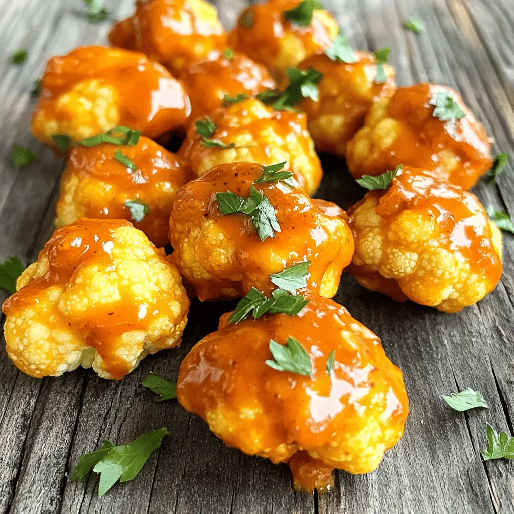 To make Air Fryer Crispy Buffalo Cauliflower Bites, gather these key ingredients: - 1 medium head of cauliflower, cut into bite-sized florets - 1 cup all-purpose flour (gluten-free flour works too) - 1 teaspoon garlic powder - 1 teaspoon onion powder - 1 teaspoon smoked paprika - 1/2 teaspoon cayenne pepper (or less for mild spice) - 1/4 teaspoon salt - 1/4 teaspoon black pepper - 1 cup unsweetened almond milk (or your favorite plant-based milk) - 1/2 cup buffalo sauce (store-bought or homemade) - 1 tablespoon olive oil (optional for extra crispiness) You can easily swap some ingredients for better taste or dietary needs. If you want a gluten-free option, use gluten-free flour. Almond milk can be replaced with soy milk or oat milk. For those avoiding spice, cut back on cayenne or use a mild sauce. You can also add other spices like cumin for extra flavor. Crispy cauliflower bites taste great with a dip. I recommend these sauces: - Ranch dressing - Blue cheese dressing - Yogurt dip with herbs - Spicy mayo These dips add an extra layer of flavor to your bites. Enjoy experimenting with different combinations! First, rinse the cauliflower florets well under cool water. This helps remove any dirt. Next, use a clean kitchen towel to pat them dry. The florets must be completely dry. Moisture can make them soggy instead of crispy. In a large mixing bowl, add the flour, garlic powder, onion powder, smoked paprika, cayenne pepper, salt, and black pepper. Mix these dry ingredients well. Then, slowly pour in the almond milk. Whisk until the batter is smooth and lump-free. This batter will give the cauliflower a tasty coating. Preheat your air fryer to 375°F (190°C) for about 5 minutes. This step is crucial for crispiness. Dip each cauliflower floret into the batter, letting any extra drip off. Place the florets in a single layer in the air fryer basket. Avoid overcrowding the basket. For extra crunch, lightly spray or brush them with olive oil. Air fry for 15-20 minutes. Shake the basket halfway through to ensure even cooking. Look for a golden brown color on the outside. Once the cauliflower bites are cooked, move them to a separate bowl. Drizzle the buffalo sauce over the hot bites. Toss gently until all pieces are well-coated. You can adjust the sauce amount based on how spicy you want them. If you want your bites even crispier, return them to the air fryer. Cook for an additional 3-5 minutes. This step is not necessary but can enhance the texture. Enjoy the crispy goodness with your favorite dipping sauce! To get the best crunch, start by drying your cauliflower well. A dry surface helps the batter stick and crisp up. You can also add a little olive oil to the batter for extra crunch. When air frying, keep the florets in a single layer. This lets hot air flow around them. Shake the basket halfway through cooking to ensure even crisping. If you want them even crispier, pop them back in for a few minutes after coating with sauce. Buffalo sauce can be hot, so adjust it to your taste. If you like it mild, use less sauce or pick a milder brand. You can also change the cayenne pepper in the batter. If you want more heat, add more cayenne. For a sweeter touch, mix in some honey with the sauce. This balance helps you enjoy flavor without too much heat. Prep your cauliflower ahead of time. You can cut and dry it the day before. Store it in the fridge in an airtight container. When making the batter, whisk it to a smooth texture. This saves time when coating the florets. Use a measuring cup to pour the batter over the florets. This way, you can coat them faster. Keep an eye on the cooking time. It’s quick, so check often to avoid overcooking. {{image_4}} You can easily make these bites gluten-free. Just swap the all-purpose flour with gluten-free flour. It works just as well for a crispy coating. Make sure to check your buffalo sauce, too. Some brands contain gluten. For a vegan-friendly option, use plant-based milk like almond or oat milk. This change keeps the bites light and tasty. Most buffalo sauces are vegan, but check the label to be sure. Want to switch up the taste? Try BBQ sauce instead of buffalo for a sweet twist. Lemon pepper seasoning adds a zesty touch if you prefer something brighter. You can even mix spices to create your unique flavor! After enjoying your crispy buffalo cauliflower bites, let them cool completely. Place leftovers in an airtight container. Store them in the fridge for up to three days. If you want to keep them longer, consider freezing. To reheat, use your air fryer. Set it to 375°F (190°C). Heat the bites for about 5-7 minutes. This will help regain their crispiness while warming them through. You can also use an oven, but the air fryer works best. If you want to freeze the bites, do it before coating them with buffalo sauce. Place the uncooked, battered florets on a baking sheet. Freeze them for about 1-2 hours until solid. Then transfer them to a freezer bag. They can last for up to three months. When ready to cook, air fry them straight from the freezer. Adjust cooking time as needed. To cut cauliflower for bites, start with a medium head of cauliflower. Remove the green leaves and stem. Cut the head into quarters. Then, slice each quarter into bite-sized florets. Aim for pieces about 1 to 2 inches in size. This size helps them cook evenly and stay crispy. Yes, you can use frozen cauliflower florets. Just make sure to thaw them first. Pat them dry with a towel to remove excess moisture. This step is key for keeping them crispy. Use the same batter and cooking steps as fresh florets for tasty results. You can store crispy buffalo cauliflower bites in an airtight container. They stay fresh for about 3 to 5 days in the fridge. For the best texture, reheat them in the air fryer for a few minutes before serving. This keeps them crispy, just like when they were fresh. If you want a change from buffalo sauce, try these alternatives: - BBQ sauce for a sweet twist. - Teriyaki sauce for a savory flavor. - Garlic parmesan sauce for a rich taste. - Lemon pepper seasoning for a zesty kick. Experiment with different sauces to find your favorite! This blog post covered how to make delicious buffalo cauliflower bites. We discussed key ingredients, step-by-step instructions, and tips for the best results. You learned about gluten-free options and flavor variations. I also shared storage methods and answered common questions. Try these bites for a tasty snack or side dish. They are easy and fun to make. Enjoy exploring different flavors and sauces to find your favorite!