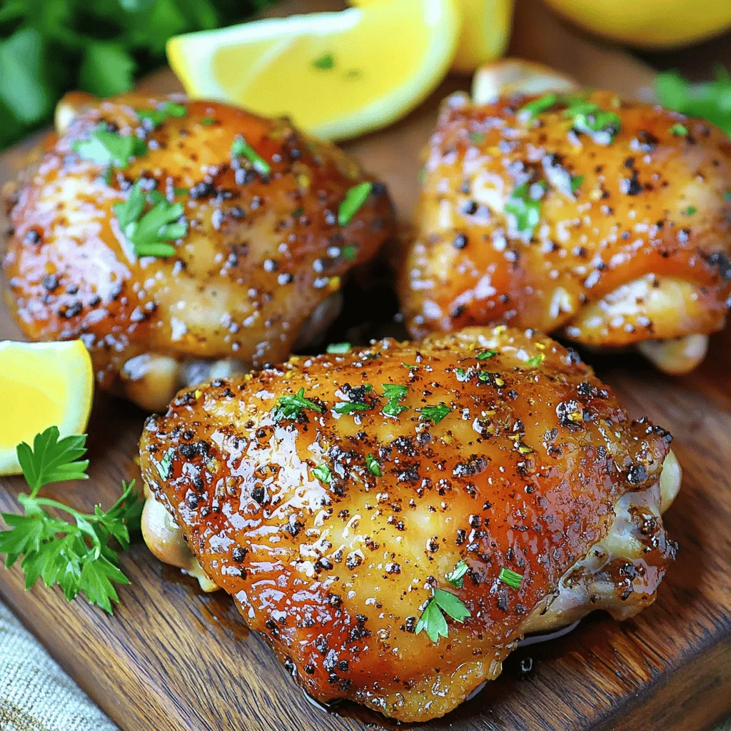 - 4 bone-in, skin-on chicken thighs - 2 tablespoons olive oil - 1 tablespoon lemon pepper seasoning - 1 teaspoon garlic powder - 1 teaspoon onion powder - 1 teaspoon smoked paprika - 1 teaspoon salt - ½ teaspoon freshly ground black pepper - Juice of 1 lemon - Fresh parsley, chopped (for garnish) - Use 4 chicken thighs for a meal serving 4 people. - Measure 2 tablespoons of olive oil for the marinade. - For the seasoning, use 1 tablespoon of lemon pepper. - Add 1 teaspoon each of garlic powder, onion powder, smoked paprika, and salt. - Use ½ teaspoon of black pepper for a little kick. - Squeeze juice from 1 whole lemon for bright flavor. - Chop a handful of fresh parsley for a colorful garnish. These ingredients create a vibrant flavor and a juicy chicken thigh. The olive oil helps the spices stick and adds moisture. The lemon juice brightens the dish, making each bite delightful. Don’t skip the parsley; it adds fresh color and taste. Start by setting your air fryer to 400°F (200°C). Preheat it for about 5 minutes. This step is key. It helps the chicken cook evenly and become crispy. In a large bowl, pour in 2 tablespoons of olive oil. Next, add 1 tablespoon of lemon pepper seasoning, 1 teaspoon of garlic powder, 1 teaspoon of onion powder, 1 teaspoon of smoked paprika, 1 teaspoon of salt, and ½ teaspoon of freshly ground black pepper. Mix all these ingredients together until they blend well. You want a nice, smooth marinade that can coat the chicken perfectly. Now, take 4 chicken thighs and place them in the bowl with the marinade. Use your hands or tongs to toss the chicken. Make sure every piece gets covered in the marinade. For the best flavor, let the chicken sit for at least 15-30 minutes. This time helps the flavors soak in deeply. Once the air fryer is hot, arrange the chicken thighs in the basket. Place them skin-side up in a single layer. Avoid stacking them to ensure they cook well. Air fry the chicken for 25-30 minutes. Halfway through, flip the thighs to get an even cook. Check that the internal temperature reaches 165°F (75°C) and that the skin is golden brown. After cooking, take the chicken out of the air fryer. Let it rest for about 5 minutes. Resting is important. It allows the juices to settle, keeping the chicken juicy. For a nice touch, sprinkle chopped fresh parsley over the thighs. Serve with lemon wedges for an extra burst of flavor. To get that perfect crispy skin, preheat your air fryer. Set it to 400°F (200°C) for about 5 minutes. This step helps create the right environment for crispiness. When you marinate the chicken, let it soak for at least 15-30 minutes. The olive oil helps the skin crisp up nicely. Place the chicken skin-side up in the basket. Avoid overcrowding; give each piece space to breathe. Want to kick the flavor up a notch? Try adding fresh herbs like thyme or rosemary. You can also mix in a bit of cayenne pepper for heat. If you love garlic, add more garlic powder or even minced fresh garlic. A splash of soy sauce can add depth, too. Experiment with other seasonings you enjoy. One common mistake is not preheating the air fryer. This can lead to uneven cooking. Another pitfall is marinating for too short a time. If you rush this step, the chicken lacks flavor. Make sure to flip the chicken halfway through. This helps it brown evenly. Lastly, always check the internal temperature. It should reach 165°F (75°C) to ensure it’s safe to eat. {{image_4}} You can switch up the flavor with different spices. Try using Cajun seasoning for some heat. Italian herbs like oregano or basil also work well. If you want a kick, add chili powder or cayenne pepper. For a sweet touch, mix in a bit of brown sugar. Each blend brings a new taste, so feel free to get creative! If you want to swap chicken thighs, consider bone-in chicken breasts. They stay juicy and cook well in the air fryer. You can also use turkey thighs for a leaner option. For a plant-based meal, try marinated tofu. Just cut it into thick slices and follow the same cooking steps. Air fryers are great for many cooking styles. You can roast vegetables alongside your chicken for a complete meal. Try cooking the chicken at a lower temperature for longer if you want it extra tender. Another option is to add a glaze during the last few minutes of cooking for a sweet finish. Experiment with times and temperatures to find your favorite style! After enjoying your air fryer lemon pepper chicken thighs, store leftovers in the fridge. Place the chicken in an airtight container. This keeps the chicken fresh for up to four days. To avoid sogginess, separate the chicken from any sauce or juices. When you're ready to eat, you can enjoy the flavors again. Freezing chicken thighs is easy and keeps them tasty. Wrap each thigh tightly in plastic wrap. Then, place them in a freezer-safe bag. Make sure to remove as much air as possible. Label the bag with the date. You can freeze the chicken for up to three months. When you're ready to cook, thaw in the fridge overnight. To reheat air fryer chicken thighs, use your air fryer again. Set it to 375°F (190°C). Cook for about 10-15 minutes until heated through. This keeps the skin crispy. You can also reheat in an oven. Place on a baking sheet and heat at 350°F (175°C) for 15-20 minutes. Avoid the microwave to keep the texture right. Enjoy every bite just like the first time! Marinate chicken thighs for at least 15 to 30 minutes. This time lets the flavors soak in. For the best taste, consider marinating overnight. The longer the chicken sits in the marinade, the better it tastes. Just make sure not to go overboard. Too long can make the meat mushy. Yes, you can use boneless chicken thighs. They cook faster, so reduce the cooking time by about 5 to 10 minutes. Check for an internal temperature of 165°F (75°C) to ensure they are done. Boneless thighs are great for easy eating and more even cooking. Pair your lemon pepper chicken thighs with fresh sides. Some great options include: - Steamed broccoli - Garlic mashed potatoes - Mixed green salad - Quinoa with herbs These dishes balance the rich flavors of the chicken. They add freshness and texture to your meal. Enjoy! Making lemon pepper chicken thighs is easy and fun. We covered key ingredients, like chicken thighs and olive oil, and detailed steps for perfect results. With tips for crispy skin and flavor boosts, you can enjoy delicious meals. Remember to store leftovers right, and don't be afraid to try new seasonings or proteins. Cooking should be enjoyable and creative. Embrace the process and savor every bite. You'll impress yourself and others with these simple techniques. Happy cooking!