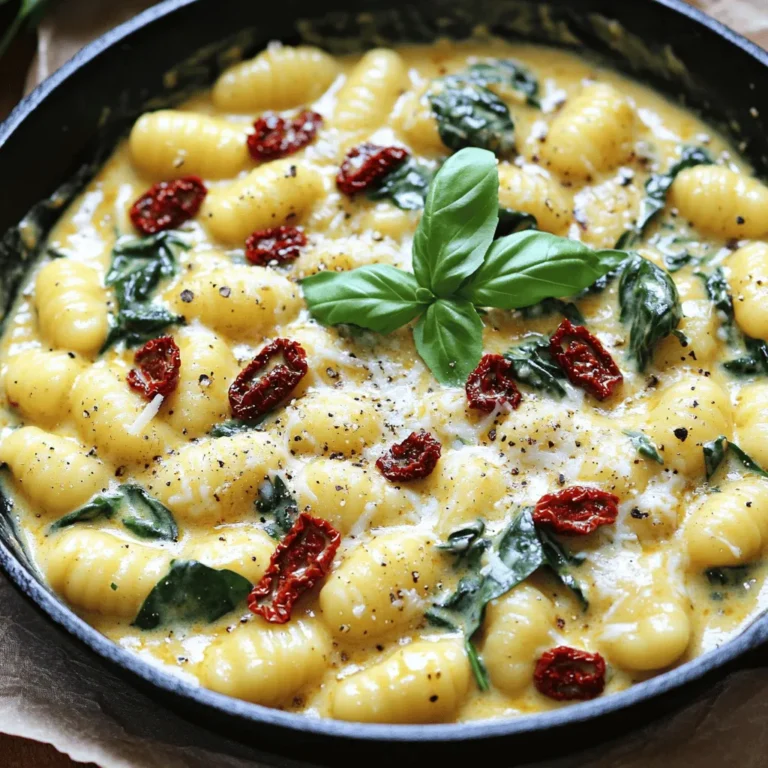 - 1 package (16 oz) gnocchi (fresh or frozen) - 1 cup sun-dried tomatoes in oil, chopped - 3 cloves garlic, minced - 2 cups fresh spinach, roughly chopped - 1 cup heavy cream - 1 cup grated Parmesan cheese The main ingredients create a creamy and rich dish. Gnocchi serves as the perfect base, soft and pillowy. Sun-dried tomatoes add a burst of flavor that contrasts with the creaminess. Fresh spinach brings color and nutrients to the mix. Garlic enhances the aroma, while Parmesan cheese gives a savory touch. - 1 tablespoon olive oil - 1 teaspoon Italian seasoning - Salt and pepper to taste Using olive oil as the cooking fat adds richness. Italian seasoning combines herbs that elevate the dish. Salt and pepper enhance the overall flavor, balancing the creaminess with bright notes. - Fresh basil Basil adds a fresh finish to your dish. Its bright green leaves not only look great but also provide a fragrant aroma. You can sprinkle it on top for a delightful touch. First, fill a large pot with salted water. Bring it to a rolling boil. Carefully add the gnocchi to the pot. Cook according to the package instructions. When the gnocchi rise to the surface, they are done. Drain them well and set them aside. Next, take a large skillet and heat 1 tablespoon of olive oil over medium heat. Once the oil shimmers, add 3 minced garlic cloves. Sauté for about 1 minute. Stir often to avoid browning. You want the garlic to release its lovely aroma. Now, add 1 cup of chopped sun-dried tomatoes to the skillet. Stir them in and cook for 2 to 3 minutes. This step allows the rich, tangy flavors of the tomatoes to blend with the oil and garlic. Gradually pour in 1 cup of heavy cream. Stir continuously to mix it well with the garlic and tomatoes. Cook for about 2 minutes until the mixture starts to simmer. This creates a delicious base for your sauce. Slowly sprinkle in 1 cup of grated Parmesan cheese. Keep stirring until the cheese melts completely. This will transform your sauce into a rich and creamy delight. Gently fold in 2 cups of roughly chopped spinach and the cooked gnocchi. Season with 1 teaspoon of Italian seasoning, salt, and pepper to taste. Stir everything together. Let it cook for about 3 to 4 minutes. The spinach should wilt and the gnocchi will warm through. Remove the skillet from heat. If you like, top your dish with fresh basil for a nice garnish. Serve immediately and enjoy your creamy sun-dried tomato gnocchi skillet! To make a smooth, creamy sauce, avoid boiling the cream. Instead, heat it gently. When you add the cream to the skillet, stir it well. Let it simmer lightly; this helps blend the flavors. If the sauce is too thick, add a splash of pasta water for a lighter texture. You can tweak the flavor to your liking. Try adding red pepper flakes for heat or fresh herbs like thyme or oregano for a fresh twist. Mixing in different cheeses, like mozzarella or goat cheese, can also enhance the taste. Each cheese brings a unique flavor, so experiment until you find your favorite. Cooking gnocchi correctly is key. Fresh gnocchi cooks quickly, usually in 2-3 minutes. Frozen gnocchi may take slightly longer. Watch for them to float to the top. For spinach, add it at the end. Cook just until it wilts, which takes about 2-3 minutes. This keeps it vibrant and fresh. {{image_4}} You can easily add protein to your creamy sun-dried tomato gnocchi skillet. Chicken, shrimp, or sausage all work great. For chicken, use bite-sized pieces and cook them in the skillet before adding garlic. If you prefer shrimp, add them after the garlic, cooking until they turn pink. For sausage, slice it and brown it in the olive oil before adding the sun-dried tomatoes. These protein options will not only make the dish heartier but also add extra flavor. If you want a plant-based dish, there are great alternatives. Swap the heavy cream for coconut cream or a nut-based cream. Use nutritional yeast instead of Parmesan for a cheesy flavor. You can also add extra veggies like zucchini or mushrooms. This way, you keep the dish tasty and satisfying without meat. Changing the sauce can give your gnocchi a new twist. Try adding different herbs or spices for a fresh flavor. Basil, thyme, or rosemary can enhance the taste. A pinch of red pepper flakes can add some heat. You can also use sun-dried tomatoes packed in garlic oil for a stronger flavor. Experimenting with these swaps will keep your dish exciting and unique every time you make it. To store your creamy sun-dried tomato gnocchi skillet, let it cool first. Then, place it in an airtight container. Keep it in the fridge for up to three days. This keeps the dish fresh and tasty. Make sure to label the container with the date. This helps you remember when you made it. When reheating, use low heat on the stove or in the microwave. Add a splash of cream or water to keep it creamy. Stir often to avoid burning. This helps maintain the texture and flavor. If you notice it getting thick, just add more liquid. Serve it warm and enjoy the flavors again! You can freeze this dish, but it's best to do so without the spinach. To freeze, let it cool completely. Then, place it in a freezer-safe container. It can last for up to three months. When you're ready to eat it, thaw it in the fridge overnight. Reheat it gently, adding fresh spinach before serving for the best taste. Yes, you can use store-bought gnocchi. Fresh gnocchi gives a soft, pillowy texture. Frozen gnocchi is also great. It cooks quickly and is easy to store. Both types work well in this recipe. Just follow the package instructions for cooking times. You can make this dish dairy-free by using alternatives. For cream, use coconut cream or cashew cream. For cheese, try nutritional yeast or a dairy-free cheese. These swaps keep the dish creamy and tasty. Adjust seasonings to balance flavors, since some dairy-free options may have different salt levels. Yes, you can prepare this dish ahead of time. Cook the gnocchi and make the sauce separately. Store them in the fridge for up to two days. When ready to eat, combine them in a skillet and heat through. This saves time and keeps flavors fresh. This gnocchi pairs well with many sides. A fresh salad adds crunch and brightness. Garlic bread complements the creamy sauce nicely. Roasted vegetables bring more flavor and nutrients to the meal. Choose sides that balance the richness of the gnocchi. This blog post covered how to make a creamy sun-dried tomato gnocchi dish. We explored key ingredients, including gnocchi, sun-dried tomatoes, spinach, and Parmesan. You learned the steps to create each part of the dish, from boiling gnocchi to making the sauce. Tips for perfecting the creamy texture were shared, along with storage and reheating advice. In the end, this meal is simple, tasty, and fun to customize. You can enjoy it now or save some for later. Happy cooking!