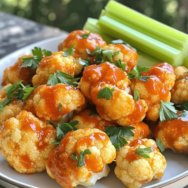 - 1 medium head of cauliflower - 1 cup all-purpose flour (or gluten-free option) - 1 cup water (or plant-based milk) - 1 teaspoon garlic powder - 1 teaspoon onion powder - 1 teaspoon smoked paprika - 1/2 teaspoon cayenne pepper - 1 cup buffalo sauce - Salt and pepper to taste - 2 tablespoons olive oil - Fresh parsley for garnish - Celery sticks for serving I love using fresh cauliflower for this dish. It gives a great texture and flavor. You want to break it into bite-sized florets. This helps with even cooking. A medium head of cauliflower is perfect for this recipe. Make sure the florets are similar in size for the best results. For the batter, I mix flour with water or plant-based milk. This gives the cauliflower a nice coating. I use all-purpose flour, but gluten-free flour works too. It’s great for those who need it. The seasoning adds a kick to the batter. I use garlic powder, onion powder, smoked paprika, and cayenne pepper. Adjust the cayenne to your heat level. Add salt and pepper for taste. Buffalo sauce is the star here! You can use store-bought or make your own. Just toss the cooked cauliflower in the sauce to coat it well. For a final touch, drizzle olive oil over the cauliflower before serving. Fresh parsley brightens the look and taste. Celery sticks make a crisp side. Enjoy! Breaking down the cauliflower into florets First, grab your medium head of cauliflower. Remove the leaves and base. Cut it into bite-sized florets. Make sure they are similar in size for even cooking. Mixing the batter ingredients In a large bowl, mix one cup of all-purpose flour with one teaspoon of garlic powder, one teaspoon of onion powder, one teaspoon of smoked paprika, and half a teaspoon of cayenne pepper. Add salt and pepper to taste. Whisk these dry ingredients together well. Then, slowly pour in one cup of water or plant-based milk. Keep whisking until you get a smooth batter, like pancake batter. If it’s too thick, add more liquid. Preheating the air fryer Set your air fryer to preheat at 380°F (190°C). This takes about 3 to 5 minutes. Preheating helps cook the cauliflower evenly. Air frying the cauliflower florets Spray the air fryer basket lightly with cooking spray or brush it with olive oil. Place the battered cauliflower florets in a single layer. If your air fryer is small, cook in batches. Air fry for 12 to 15 minutes. Shake the basket halfway through to make sure the florets crisp up nicely. They should turn a golden brown and feel crunchy. Tossing cauliflower in buffalo sauce Once the cauliflower is crispy, transfer it to a large bowl. Pour in one cup of buffalo sauce. Toss gently to coat each floret evenly. Additional cooking for crispiness Return the buffalo-coated cauliflower to the air fryer. Cook for an extra 3 to 5 minutes. This step makes the buffalo sauce sticky and crispy. After this, you can enjoy your spicy delight! To get that nice crunch, preheat your air fryer. Preheating helps the cauliflower cook evenly. Set it to 380°F (190°C) for 3 to 5 minutes. This small step makes a big difference. Cook in batches if needed. Overcrowding the basket can lead to soggy bites. Give each floret some space. This way, they will crisp up nicely. Want to spice things up? Add more seasonings to the batter! Try extra garlic powder or even chili powder. This adds depth to your dish. You can also swap the buffalo sauce. Try spicy BBQ or teriyaki for a fun twist. Experiment to find your favorite flavor! Pair your buffalo cauliflower with cool dips. Ranch or blue cheese dressing works well. The creaminess balances the spice. For a fun presentation, use a colorful platter. Arrange the cauliflower bites and place celery sticks around them. This makes your dish look great and adds crunch! {{image_4}} You can make this dish gluten-free by using a gluten-free flour alternative, like almond or rice flour. This swap keeps the texture light while catering to your diet. For a vegan twist, use plant-based milk in the batter. Almond or oat milk works well and adds a creamy flavor. Switching up your hot sauce can change the whole dish. Try different brands or even make your own for a personal touch. For a cheesy buffalo version, add shredded cheese to the batter. Just remember, this option is not vegan but sure adds a rich taste. Cauliflower isn't the only veggie that shines here. You can use broccoli or Brussels sprouts instead. These veggies roast nicely and soak up the flavors too. Mix and match different vegetables to create a colorful platter. It's fun and delicious! To keep your buffalo cauliflower fresh, store it in an airtight container. Place it in the fridge within two hours to prevent spoilage. It can stay good for up to three days. If you want to freeze it, wait until it cools down. Place the bites in a single layer on a baking sheet. After freezing, transfer them to a freezer bag. They can last for up to three months in the freezer. The best way to reheat your buffalo cauliflower is in the air fryer. Set it to 350°F (175°C) and heat for about 5 to 7 minutes. This keeps them crispy. If you don't have an air fryer, you can use the oven. Preheat it to 375°F (190°C) and bake for 10 to 12 minutes. A microwave is quick but may make them soggy. Buffalo cauliflower bites stay fresh for three days in the fridge. If frozen, they can last for three months. Watch for signs of spoilage, like a sour smell or slimy texture. If you see any mold, it’s best to toss them. Enjoy your tasty bites while they are still fresh! Air Fryer Buffalo Cauliflower is a spicy snack made from cauliflower florets. I coat them in a tasty batter, then air fry them until crispy. This dish is a great alternative to chicken wings. It’s flavorful and perfect for parties or game nights. The buffalo sauce gives it a fiery kick that many love. Plus, it’s plant-based, making it a fun option for everyone. Yes, you can make these buffalo cauliflower bites as spicy as you want! To adjust the heat, simply change the amount of cayenne pepper in the batter. Start with a bit less if you prefer mild flavors. You can also choose a hotter buffalo sauce for more heat. If you want to add a different flavor, try adding some chili powder or hot sauce to the batter. Making homemade buffalo sauce is easy! Here’s a quick recipe: - 1 cup hot sauce - 1/2 cup melted butter (or plant-based butter for vegan) - 1 tablespoon vinegar - 1/4 teaspoon garlic powder - Salt to taste Mix all the ingredients in a bowl. Adjust the heat by adding more hot sauce if desired. This sauce will give your cauliflower an extra kick! You can serve Air Fryer Buffalo Cauliflower with many sides! Here are some great ideas: - Celery sticks for crunch - Carrot sticks for sweetness - Blue cheese or ranch dressing for dipping - A fresh salad to balance the spice These sides add freshness and contrast to the heat of the cauliflower. Air Fryer Buffalo Cauliflower is a healthier choice than traditional wings. It uses less oil, and cauliflower is full of vitamins. This dish is lower in calories and fat, making it a smart snack. Plus, it’s packed with fiber, which is good for digestion. Enjoying this dish gives you a tasty treat without the guilt! Air fryer buffalo cauliflower is a simple yet tasty recipe. We covered key ingredients like cauliflower, flour, and buffalo sauce. The cooking method makes them crispy without frying in oil. I shared tips on flavor and serving suggestions to make your dish shine. This dish is versatile and fun to make. You can try different sauces or add veggies. Enjoy exploring variations in flavor. Remember to store extras well and reheat when needed. Dive into this healthy twist on a classic and impress your friends!