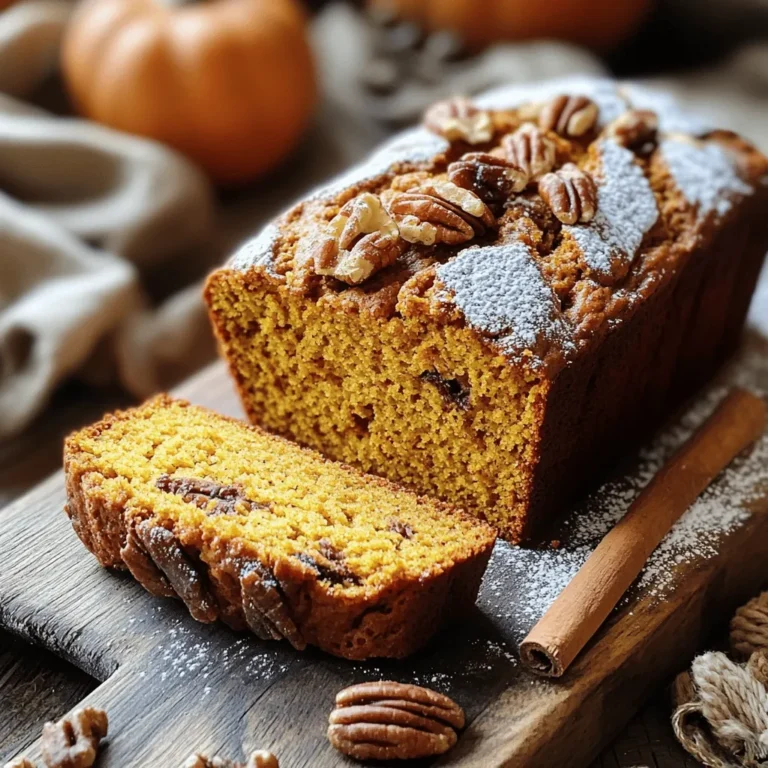 - 1 cup canned pumpkin puree - 1/2 cup vegetable oil - 1/2 cup unsweetened applesauce - 1 cup brown sugar, packed - 1/2 cup granulated sugar - 3 large eggs - 1 teaspoon vanilla extract - 2 cups all-purpose flour - 1 teaspoon baking soda - 1/2 teaspoon baking powder - 1 teaspoon ground cinnamon - 1/2 teaspoon ground nutmeg - 1/4 teaspoon ground ginger - 1/2 teaspoon salt - 1/2 cup chopped walnuts (optional) - 1/4 cup chocolate chips (optional) Canned pumpkin puree adds moisture and flavor. It keeps the bread soft. Vegetable oil gives a rich taste and helps with texture. Unsweetened applesauce also adds moisture and natural sweetness. Brown sugar makes the bread tender and gives it a lovely caramel flavor. Granulated sugar balances the sweetness. Eggs bind everything together and help the bread rise. The vanilla extract enhances all the flavors. Flour gives structure to the bread. Baking soda and baking powder help the dough rise. Spices like cinnamon, nutmeg, and ginger add warmth and depth. Salt enhances the overall flavor. Optional walnuts add crunch, while chocolate chips provide a sweet surprise. When choosing pumpkin puree, look for a deep orange color. This means it is fresh and full of flavor. For oils, choose a light vegetable oil. It should be clear and free from any smell. When buying eggs, pick ones that are clean and have no cracks. For spices, check the expiration date. Fresh spices bring out the best flavors. If you choose walnuts, pick ones that smell nutty. They should not be soft or stale. For chocolate chips, select high-quality brands. This ensures a rich taste in your bread. First, gather all your ingredients. This makes cooking easier. Here’s what you need: - 1 cup canned pumpkin puree - 1/2 cup vegetable oil - 1/2 cup unsweetened applesauce - 1 cup brown sugar, packed - 1/2 cup granulated sugar - 3 large eggs - 1 teaspoon vanilla extract - 2 cups all-purpose flour - 1 teaspoon baking soda - 1/2 teaspoon baking powder - 1 teaspoon ground cinnamon - 1/2 teaspoon ground nutmeg - 1/4 teaspoon ground ginger - 1/2 teaspoon salt - 1/2 cup chopped walnuts (optional) - 1/4 cup chocolate chips (optional) Preheat your oven to 350°F (175°C). Grease a 9x5-inch loaf pan or line it with parchment paper. This helps the bread release easily later. In a large bowl, mix the pumpkin puree, vegetable oil, and applesauce. Stir these until they blend well. Next, add brown and granulated sugar. Whisk this mix until it’s smooth and creamy. Add the eggs one by one. Whisk after each egg to keep the mixture fluffy. Finally, add the vanilla extract. In another bowl, combine flour, baking soda, baking powder, cinnamon, nutmeg, ginger, and salt. Whisk these dry ingredients together. Now, gently fold the dry mix into the wet ingredients. Mix just until combined. This keeps the bread soft. If you like, add chopped walnuts and chocolate chips. Stir them in lightly. Pour the batter into your prepared loaf pan. Smooth the top with a spatula. Bake the bread for 60 to 70 minutes. To check if it’s done, insert a toothpick into the center. It should come out clean when ready. Once baked, take it out of the oven. Let it cool in the pan for about 10 minutes. Then, move it to a wire rack to cool completely. This step is key for the best flavor and texture. To keep your pumpkin bread moist, use canned pumpkin puree. It has more water than fresh pumpkin. Mix in half a cup of applesauce. It adds moisture and flavor. Don’t overmix the batter. Stir just until combined; this keeps the bread tender. Bake it at 350°F for the right time, about 60-70 minutes. One mistake is using too much flour. Always measure flour by spooning it into a cup, then leveling off. Another error is baking too long. Check the bread at 60 minutes. If a toothpick comes out clean, it’s done. Avoid opening the oven door often; this lets heat escape. You can add nuts or chocolate chips for extra flavor. Toss in half a cup of walnuts or a quarter cup of chocolate chips. Spice it up! Try adding more cinnamon, or even a pinch of cloves for warmth. For a twist, mix in dried cranberries or even orange zest for a citrusy kick. {{image_4}} You can make this pumpkin bread gluten-free. Use a gluten-free all-purpose flour blend instead of regular flour. This swap works well without changing the taste. Check the blend for xanthan gum, which helps with texture. Follow the same recipe steps, and you will have a tasty gluten-free treat. Spicing up your pumpkin bread is easy! You can add more spices for depth. Consider adding a teaspoon of allspice or cloves. Try adding a pinch of cardamom for a unique twist. You can fold in dried fruit like cranberries or raisins. Chocolate chips add a sweet touch, while nuts add crunch. Feel free to mix and match based on your taste! If you want to cut down on sugar, try different sweeteners. Maple syrup or honey can replace some sugar. Use about three-quarters of the amount suggested in the recipe. This change adds flavor and keeps the bread moist. You can also try coconut sugar for a lower glycemic option. Adjusting sweeteners can create a different flavor profile while keeping it delicious! To keep your pumpkin bread fresh, wrap it tightly in plastic wrap. Place it in an airtight container. This helps to keep moisture in and air out. Store it at room temperature for up to four days. If you live in a humid area, refrigerate it to prevent spoilage. Freezing is a great option for longer storage. First, let the bread cool completely. Then, slice it into pieces for easy serving later. Wrap each slice in plastic wrap, then place them in a freezer bag. Label the bag with the date. The bread can stay in the freezer for up to three months. When you’re ready to enjoy your pumpkin bread, take it out of the freezer. Let it thaw in the fridge overnight. For a warm treat, preheat your oven to 350°F (175°C). Place the slices on a baking sheet and warm them for about 10 minutes. You can also use a microwave for quick reheating. Just heat for 10-15 seconds per slice. Enjoy the soft, moist texture! To make your pumpkin bread more moist, use oil and applesauce. These ingredients add moisture and help keep the bread soft. You can also try adding more pumpkin puree. This will enhance the flavor and moisture. Avoid overmixing the batter, as this can make the bread dense. I suggest using fresh eggs, as they add richness too. Yes, you can use fresh pumpkin instead of canned. To do this, cook the pumpkin first. Peel and chop it, then steam or roast until soft. After that, blend it until smooth. Use the same amount as the canned pumpkin. Fresh pumpkin can change the taste slightly, making it even better! The best way to serve pumpkin bread is warm. Slice it and add a pat of butter or cream cheese. You can also sprinkle a little powdered sugar on top for a nice touch. Pair it with hot coffee or tea for a cozy snack. For a fun twist, serve it with a scoop of vanilla ice cream! Pumpkin bread lasts about 3 to 5 days at room temperature. Store it in an airtight container to keep it fresh. If you want it to last longer, you can freeze it. Wrap it tightly in plastic wrap and foil. It can last up to 3 months in the freezer. Yes, you can make a vegan version of pumpkin bread! Replace the eggs with flaxseed meal or applesauce. Use plant-based oil and a dairy-free sugar. Ensure your chocolate chips and other add-ins are vegan too. This way, you can enjoy the same great taste without using animal products! This blog post explored key ingredients and step-by-step instructions for pumpkin bread. You learned tips to pick fresh items and how to mix them well. We shared simple tricks to avoid mistakes and ensure moisture. You can also customize flavors and find gluten-free swaps. In conclusion, pumpkin bread can be fun and easy to make. With these tips, you can bake a delicious loaf every time. Enjoy sharing it with friends and family!