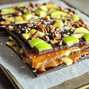 - 2 cups dark chocolate chips - 1 cup milk chocolate chips - 1 cup caramel bits - 2 medium apples, diced (Granny Smith or Honeycrisp work best) - 1/4 cup chopped nuts (pecans or walnuts for crunch) - A pinch of sea salt Let’s break down these ingredients. Dark chocolate chips give a rich flavor. Milk chocolate chips add sweetness. Caramel bits melt easily for that gooey goodness. Apples bring a nice crunch and tartness. Nuts add texture and flavor. Sea salt enhances the sweet taste. Recommended Alternatives - For dairy-free, use vegan chocolate chips and caramels. - If you have nut allergies, skip the nuts or use seeds like pumpkin seeds. - You can use any apples you like, but tart ones work best. Measuring Tips - Use a dry measuring cup for chocolate and nuts. - For caramel, a liquid measuring cup can help. - Make sure to dice apples into small pieces for even spreading. These ingredients create a tasty and fun treat. Each one plays a role in flavor and texture. You can personalize this bark based on your preferences or dietary needs. - Preparing the baking sheet for easy cleanup: Start by lining a baking sheet with parchment paper. This helps the bark come off easily. Make sure to cover the whole sheet. This way, you avoid a sticky mess later. Set this prepared baking sheet aside. - Melting chocolate and caramel properly: For the dark chocolate, use a microwave-safe bowl. Add the dark chocolate chips and heat in 30-second intervals. Stir after each time until smooth. Then, pour it onto your baking sheet and spread it evenly. For the caramel, use another bowl. Heat the caramel bits for 1-2 minutes, stirring until it is melted. Watch it closely so it doesn't burn. - Layering techniques for aesthetic appeal: After melting, drizzle the caramel over the dark chocolate. Then, melt the milk chocolate in the same way. Use a spoon to add dollops of milk chocolate on top of the caramel. You can swirl it for a fun design. Next, sprinkle the diced apples and chopped nuts over the layers. This adds crunch and color. - Chilling times and temperatures: Once you finish layering, place the baking sheet in the fridge. Chill it for about 1-2 hours. This cooling time is key for the bark to set well. - Checking for proper firmness: After chilling, check if the bark is firm. It should feel hard to the touch. If it is not set, leave it in the fridge for a bit longer. Once firm, it’s ready to break into pieces. - Overheating chocolate or caramel: This is a common mistake. When melting chocolate or caramel, heat in short bursts. Stir often to help it melt evenly. If you overheat, it can burn. Burnt chocolate or caramel will not taste good. This ruins the bark. - Uneven layer distribution: Make sure to spread each layer evenly. If one layer is too thick, it may not set well. You want every bite to have a bit of each flavor. Use a spatula to help with this. - Additional toppings suggestions: You can add more to your bark. Consider using dried fruits like cranberries or cherries. They give a nice chew and sweetness. You might also try mini marshmallows for a fun twist. - Alternative nut options and compatibility: If you want different nuts, try almonds or cashews. Both will add a nice crunch. Just chop them well so they mix in with the bark. Make sure to pick nuts that you enjoy. This makes the bark even better! {{image_4}} You can easily change the flavors of your caramel apple bark. In fall, add warm spices like cinnamon and nutmeg. These spices give a cozy taste perfect for the season. Just sprinkle them on the caramel layer before adding the apples. For summer, switch to fresh fruits like strawberries or peaches. Their bright flavors will make the bark feel light and refreshing. If you want a vegan version, swap the chocolate and caramel. Use dairy-free chocolate chips and coconut cream caramel. These options taste great and fit a vegan diet. For those with nut allergies, skip the nuts or use seeds like pumpkin or sunflower. This keeps the bark safe for everyone while still adding crunch. To keep your caramel apple bark fresh, store it in an airtight container. Use a container that fits the bark snugly to avoid breakage. Place parchment paper between layers if you have more than one piece. Keep it in a cool, dry place away from sunlight. The bark will stay fresh for about two weeks. After this time, it may start to lose its flavor and texture. If you want to store caramel apple bark for a longer time, freezing is a great option. First, let the bark cool completely. Then, wrap it tightly in plastic wrap. Place the wrapped bark in a freezer-safe container or bag. This prevents freezer burn and keeps it tasty. You can freeze the bark for up to three months. To enjoy your frozen bark, simply remove it from the freezer. Let it thaw in the refrigerator for a few hours. If you prefer it warm, you can heat it in the microwave for a few seconds. Just be careful not to melt it. Enjoy your delicious treat any time you want! For this recipe, I suggest using Granny Smith or Honeycrisp apples. They provide a nice balance of sweet and tart flavors. Their crisp texture holds up well in the bark, making each bite satisfying. To add color, you can use different types of apples. Try red apples like Fuji or Gala for a pop of brightness. You can also sprinkle colorful sprinkles or add dried fruits like cranberries for variety. Yes, you can use white chocolate instead of milk chocolate. This will give your bark a sweeter taste and lighter color. Just melt it the same way as milk chocolate for a smooth finish. The bark is fully set when it feels firm to the touch. After chilling for 1-2 hours, check for a solid texture. If it’s still soft, let it chill longer until it hardens completely. To make this dessert healthier, you can use dark chocolate with a higher cocoa content. You might also consider reducing the amount of caramel or using a sugar-free version. Adding nuts boosts protein and fiber too! This blog post covered everything you need to know about making caramel apple bark. We discussed essential ingredients, preparation steps, and tips for success. I shared common mistakes to avoid and ideas for tasty variations. You also learned the best ways to store your bark and answered common questions. In the end, enjoy being creative with this fun dessert. With simple swaps and options, you can make it fit your tastes and needs. So, get baking and share your delicious results!