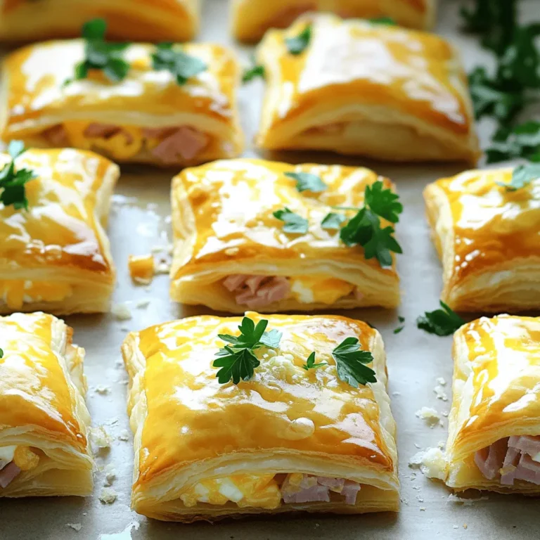 - 1 sheet of puff pastry (thawed) - 1 cup cooked ham, diced into small pieces - 1 cup shredded cheddar cheese - 1/2 cup cream cheese, softened to room temperature - 1 tablespoon Dijon mustard - 1 egg, beaten (for egg wash) - Salt and pepper to taste - Fresh parsley, finely chopped (for garnish) These ingredients come together to create a tasty and easy snack. The puff pastry is light and flaky. The ham adds a savory flavor, while the cheese brings creaminess. You will love how simple this recipe is! If you do not have ham, you can use cooked chicken or turkey instead. For cheese, try mozzarella or gouda for a different taste. If you need a lighter option, you can use low-fat cream cheese. Instead of Dijon mustard, yellow mustard works too if that’s what you have. - Baking sheet - Parchment paper - Rolling pin - Medium mixing bowl - Fork - Wire rack These tools help you make the recipe easily. A wire rack cools the squares well, while the parchment paper makes cleanup simple. Grab your tools, and let's get cooking! Start by preheating your oven to 400°F (200°C). This step helps ensure your pastry bakes evenly. Next, take a sheet of thawed puff pastry and lay it on a floured surface. Gently roll it out with a rolling pin. This smooths out any creases. After that, cut the pastry into four equal squares, each about 4 to 5 inches. In a medium bowl, combine the diced cooked ham, shredded cheddar cheese, and softened cream cheese. Add one tablespoon of Dijon mustard for a zesty kick. Season with salt and pepper to taste. Mix everything well until it forms a creamy filling. This blend is what makes your squares rich and tasty. Take one puff pastry square and place a generous tablespoon of the ham and cheese filling on one half. Make sure to leave a 1/2 inch border around the edges. This space is crucial for sealing. Now, fold the other half of the pastry over the filling. Press the edges firmly to seal them. Use a fork to crimp the edges, which prevents any filling from leaking out while baking. Brush the tops of each puff pastry square with a beaten egg. This gives them a lovely golden color. Place the filled squares on a lined baking sheet, spaced apart. Bake them in your preheated oven for 15 to 20 minutes. They are done when they puff up and turn golden brown. Once baked, let them cool on a wire rack for a few minutes. Just before serving, sprinkle with chopped parsley for a fresh touch. To get that nice golden color, brush the tops with egg wash. Use a beaten egg right before baking. This gives the pastry a rich shine. Bake at 400°F (200°C) for 15-20 minutes. Watch for a golden hue; it means they are ready. To stop the filling from leaking, leave a 1/2 inch border when adding the filling. Press the edges firmly together after folding the pastry. Use a fork to crimp the edges well. This helps keep the filling inside while baking. These squares are great hot or warm. Serve them with a side of mustard or a fresh salad. For a nice touch, sprinkle chopped parsley on top. It adds color and flavor. You can also pair them with a dipping sauce like ranch or honey mustard. {{image_4}} To make vegetarian puff pastry squares, swap the ham for veggies. Use diced bell peppers, mushrooms, or spinach. These add great flavor and color. Mix in some feta cheese for a salty kick. You can also use a mix of your favorite cheeses. This keeps your dish creamy and rich without meat. Explore different flavors with your puff pastry squares. Try adding herbs like thyme or rosemary to the filling. A bit of garlic powder can enhance the taste too. If you like a spicy kick, add some jalapeños or a dash of hot sauce. Mixing in roasted red peppers or sun-dried tomatoes also works well. Each of these options can create a unique twist! For a gluten-free version, use gluten-free puff pastry. Many brands offer this option now. Check your local store or online to find it. You can also make your own using almond flour or rice flour. Just ensure your other ingredients, like cheese and mustard, are gluten-free. Enjoy the same delicious taste while being mindful of dietary needs. After enjoying your Ham & Cheese Puff Pastry Squares, you may have leftovers. To store them right, let the squares cool first. Place them in an airtight container to keep them fresh. If you prefer, wrap each square in plastic wrap. This helps prevent them from drying out. Store them in the fridge for up to three days. If you want to keep them longer, freezing is a great option. When you're ready to enjoy your leftovers, reheating them is easy. Preheat your oven to 350°F (175°C). Place the puff pastry squares on a baking sheet. Bake for about 10-12 minutes or until they feel warm and crispy again. This method helps preserve their flaky texture. You can also use a microwave if you're in a hurry. Just heat on medium for 30 seconds to 1 minute. However, this may make them a bit soft. Freezing your Ham & Cheese Puff Pastry Squares is simple and effective. After they cool, wrap each square in plastic wrap. Then, place them in a freezer-safe bag or container. Label with the date for easy reference. They can stay in the freezer for up to two months. When you're ready to eat them, thaw them in the fridge overnight. Reheat in the oven for the best results. Enjoy your tasty snack anytime! If you don’t have puff pastry, try using phyllo dough. It will give you a nice crunch. You can also use pie crust for a different texture. Just keep in mind that these options will change the taste a bit. Yes, you can make these squares ahead of time. Prepare them and store them in the fridge for up to a day. Just bake them when you're ready to serve. They taste best fresh out of the oven. Look for a deep golden color on the tops. The squares should puff up nicely. If they are golden and crispy, they are ready. You can also check the bottom; it should be firm and light brown. In this post, I shared how to make ham and cheese puff pastry squares. We covered ingredients, step-by-step instructions, and helpful tips. You now know how to assemble and bake these tasty treats. Consider different variations for your next meal, too. Finally, remember to store leftovers correctly for the best taste. With this guide, you can create delicious puff pastry squares with ease. Enjoy the fun and flavor of cooking!