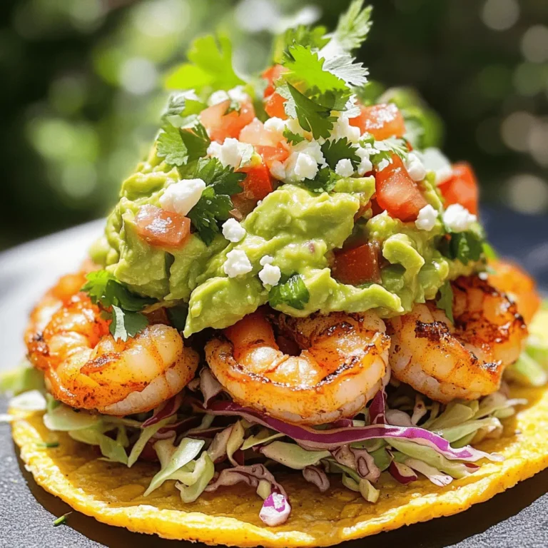 - 1 lb shrimp, peeled and deveined - 8 small corn tostadas - 1 cup shredded cabbage (green and purple for color variety) - 1 tablespoon olive oil - 1 teaspoon smoked paprika - 1 teaspoon garlic powder - 1 teaspoon lime zest - 1/2 cup crumbled feta cheese (optional) - 2 ripe avocados - 1 medium tomato, finely diced - 1/4 cup red onion, finely chopped - 1 jalapeño, seeded and minced - Juice of 1 lime - Salt to taste To create the perfect summer shrimp tostadas, you need fresh and bright ingredients. Start with shrimp. Use one pound of peeled and deveined shrimp for a tender bite. You can find small corn tostadas at the store or make your own. Shredded cabbage adds a nice crunch and color. I love mixing green and purple cabbage for visual appeal. Next, gather the extra ingredients. Olive oil helps the shrimp cook to perfection. Smoked paprika adds depth, while garlic powder boosts flavor. Lime zest gives a fresh kick, and crumbled feta adds creaminess if you choose. For the guacamole salsa, ripe avocados are key. They should be soft but not mushy. One medium tomato adds sweetness. Red onion gives a nice bite, and a jalapeño brings heat. Fresh lime juice brightens the salsa, and a pinch of salt ties all the flavors together. First, gather your shrimp and place them in a bowl. Add 1 tablespoon of olive oil, 1 teaspoon of smoked paprika, 1 teaspoon of garlic powder, and 1 teaspoon of lime zest. Season with salt and freshly cracked pepper. Mix everything well. Let the shrimp marinate for 15 minutes. This step helps the shrimp soak up all the flavors. Next, heat a large skillet over medium-high heat. Once hot, add the marinated shrimp in a single layer. Sauté the shrimp for about 5 to 7 minutes. Stir occasionally until they turn pink and opaque. This shows they are cooked through. Remove them from the heat and set aside. Now, take 2 ripe avocados and mash them in a bowl using a fork. You want a creamy texture, but still chunky. Next, add 1 finely diced medium tomato, 1/4 cup of finely chopped red onion, and 1 minced jalapeño. Squeeze the juice of 1 lime into the mix. Add salt to taste. Stir everything together until well combined. For assembly, take 8 small corn tostadas. Start by layering a handful of shredded cabbage on each tostada. This will be your base. Next, add a portion of the cooked shrimp on top of the cabbage. Top each tostada with a generous spoonful of guacamole salsa. If you like, sprinkle some crumbled feta cheese for a creamy touch. Finally, garnish each tostada with fresh cilantro leaves. This adds a pop of color and extra flavor. Serve the tostadas right away to enjoy the fresh taste of each ingredient. To get juicy shrimp, cook them for 5-7 minutes. They will turn pink and opaque when done. Overcooking makes them tough, so watch closely. Remove them from heat immediately to keep their tender texture. You can customize your guacamole easily! Try adding lime zest for a bright kick. Cilantro adds a fresh taste, while garlic gives depth. You can also swap in diced mango or pineapple for sweetness. If you like heat, add more jalapeño or even some diced habanero. Pair these tostadas with a crisp salad or tortilla chips. A cold drink like limeade or a light beer works well, too. For a fun twist, serve them on a wooden board with colorful toppings. This will make your meal look inviting! {{image_4}} You can swap shrimp for chicken or tofu. For chicken, use boneless, skinless breast. Cut it into small pieces. Cook it the same way as shrimp, but ensure it reaches 165°F for safety. For tofu, use firm or extra-firm. Press it to remove excess water, then cut it into cubes. Sauté it until golden brown and crispy for the best texture. If you want a gluten-free option, use corn tortillas or chips. You can bake corn tortillas until crispy. This gives you a great base without gluten. You can also try using baked pita chips. They add a nice crunch and flavor. To boost flavor, add spices like cumin or chili powder. Fresh herbs, such as cilantro or parsley, also work well. You can mix in other veggies too. Try diced bell peppers, corn, or radishes for added crunch and color. To keep your tostadas fresh, store each component separately. Place the shrimp in an airtight container. Cover the guacamole salsa with plastic wrap to limit air contact. The shredded cabbage should also go in a sealed bag or container. This method helps keep everything fresh and tasty. You can store shrimp and salsa in the fridge for up to three days. The tostadas will stay crisp if stored in a dry place, but they are best eaten fresh. When ready to eat, you can reheat the shrimp on the stove. Heat a non-stick pan over low heat. Add the shrimp and stir gently to warm them. This method helps avoid overcooking, keeping them juicy. For tostadas, you can restore their crispiness by baking them. Preheat your oven to 350°F. Place the tostadas on a baking sheet and bake for about 5 minutes. This will make them nice and crunchy again. Yes, you can freeze guacamole salsa, but it may change texture. To freeze, place it in a freezer-safe container. Leave some space at the top since it will expand. Wrap it tightly to prevent freezer burn. It is best to freeze components separately. The shrimp can also be frozen in an airtight bag. When ready to use, thaw them in the fridge overnight. This way, you can enjoy your tostadas later with fresh flavors. Yes, you can prep most of the ingredients in advance. To save time, clean and marinate the shrimp a few hours before cooking. Keep the marinated shrimp in the fridge until you're ready to cook. You can also make the guacamole salsa ahead. Just cover it with plastic wrap to prevent browning. Assemble the tostadas right before serving for the best crunch. Look for avocados that are dark green and firm but yield slightly to gentle pressure. Hass avocados work best for guacamole due to their creamy texture. Choose ripe ones for a smooth blend. If they are too hard, let them sit at room temperature for a few days to ripen. To turn this recipe into shrimp ceviche, skip the cooking. Combine the marinated shrimp with lime juice in a bowl. Let them sit for 30 minutes until they turn opaque. Mix in the guacamole salsa ingredients. Serve chilled with tostadas for a refreshing twist. You can add diced mango or pineapple for a sweet touch. Fresh herbs like cilantro or mint can boost the taste. For heat, include more jalapeño or a dash of hot sauce. Chopped garlic or cumin can also enhance the flavor, giving your guacamole a unique twist. Tostadas are easy and fun to make. You can enjoy them with shrimp, fresh toppings, and guacamole salsa. Remember to marinate your shrimp well for great taste. You can customize flavors and toppings based on your preferences. Don’t forget, leftovers store well and keep their taste. Whether you serve them at a party or enjoy a quiet night in, these tostadas will impress. Try mixing ingredients and flavors to create your unique twist. Enjoy your cooking adventure with these tasty tostadas!