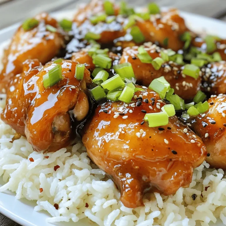 - 1 lb boneless, skinless chicken thighs, cut into bite-sized pieces - 1/4 cup soy sauce - 1/4 cup packed brown sugar - 2 tablespoons apple cider vinegar - 1 tablespoon ketchup - 1 tablespoon fresh garlic, minced - 1 tablespoon fresh ginger, grated - 1/4 teaspoon freshly ground black pepper - 1/4 teaspoon red pepper flakes (optional for heat) Bourbon chicken is all about balance. The chicken thighs give you a juicy bite. The soy sauce adds salt and umami. Brown sugar brings a sweet touch that melds well with the savory. Apple cider vinegar adds a tangy lift. Ketchup rounds out the sauce with depth. Fresh garlic and ginger bring warmth and zest. Ground black pepper gives a subtle kick, while red pepper flakes can add more heat if you like. These ingredients blend to make a rich sauce, perfect for coating chicken. It’s easy to find all these items at your local store. Plus, they combine to create a dish that feels fancy but is simple to make. First, gather your ingredients. In a medium bowl, combine: - 1/4 cup soy sauce - 1/4 cup packed brown sugar - 2 tablespoons apple cider vinegar - 1 tablespoon ketchup - 1 tablespoon fresh garlic, minced - 1 tablespoon fresh ginger, grated - 1/4 teaspoon freshly ground black pepper - 1/4 teaspoon red pepper flakes (optional for heat) Whisk these together until the sugar dissolves. This mix gives the chicken its rich flavor. Next, heat 1 tablespoon of vegetable oil in a large skillet. Use medium-high heat. Once the oil is shimmering, add the chicken. Cook the chicken pieces in one layer. This helps them brown evenly. Sear the chicken for about 5-7 minutes. Stir occasionally. You want the chicken to turn golden brown and reach 165°F. Once the chicken is cooked, pour the marinade over it. Stir well to coat each piece. Lower the heat to medium-low. Let the sauce simmer for 5-10 minutes. This lets the sauce thicken and flavors combine beautifully. Taste the sauce. If you want, adjust the seasoning. Add more soy sauce for saltiness or more brown sugar for sweetness. Once done, sprinkle chopped green onions on top. Serve with jasmine rice or broccoli for a full meal. Enjoy your Bourbon Chicken! For great chicken, aim for an internal temperature of 165°F (75°C). This ensures the meat is safe to eat and juicy. Cook the chicken in a single layer to help it brown evenly. If you crowd the pan, the chicken will steam instead. Flip the pieces often for a golden color all around. You can change the sweetness by adding more or less brown sugar. If you want it saltier, add a little soy sauce. For a unique twist, try adding spices like garlic powder or paprika. A pinch of cinnamon can also add warmth to the dish. Experiment until it suits your taste! Garnish your dish with chopped green onions for a pop of color. They add freshness and crunch. Serve the bourbon chicken over fluffy jasmine rice. Steamed broccoli also makes a great side. For a fun touch, place lime wedges on the side. A squeeze of lime brightens the flavors nicely! {{image_4}} You can make this dish lighter by using chicken breast instead of thighs. Chicken breast has less fat, making it a great choice for a healthier meal. You can also reduce the sugar content. Try using half the brown sugar. You can still enjoy the sweet taste without all the calories. Adding vegetables boosts nutrition and color. Bell peppers are a tasty choice. They add a nice crunch and sweetness. You can also use broccoli. It pairs well with the chicken and sauce. For a complete meal, serve the bourbon chicken with steamed vegetables. This adds flavor and makes the dish even better. If you like heat, you can easily spice things up. Increase the red pepper flakes in the sauce. This will bring a nice kick to your dish. You can also add hot sauce or sriracha. Just a little will add more flavor and heat. Adjust to your taste for the perfect balance! To keep your bourbon chicken fresh, place it in an airtight container. This helps lock in the flavor. Store the container in your fridge. It will stay good for about 3 to 4 days. Always let the chicken cool down before sealing it. This way, it won’t steam and get soggy. When you’re ready to eat, you can reheat your bourbon chicken in a few ways. The best method is to use a skillet. Heat it over medium heat. Add a splash of water or broth to keep it moist. Stir it often and heat until warm. You can also use a microwave. Place the chicken in a microwave-safe dish. Cover it with a damp paper towel to keep moisture. Heat for 1-2 minutes, checking it often. To freeze your leftovers, let them cool. Then, place the bourbon chicken in a freezer-safe bag or container. Make sure to remove as much air as possible. This helps prevent freezer burn. You can freeze it for up to 3 months. When you're ready to eat it, thaw the chicken in the fridge overnight. For reheating, use the skillet method for the best texture. Bourbon chicken is a tasty dish that comes from Chinese-American cuisine. It’s named after Bourbon Street in New Orleans. This dish features chicken cooked in a sweet and savory sauce made from soy sauce, brown sugar, and spices. You often find it served over rice or with veggies. Many people enjoy it for its rich flavor and easy preparation. Yes, you can make Bourbon chicken in advance. It’s great for meal prepping. Cook the chicken and sauce, then store it in an airtight container. Keep it in the fridge for up to three days. When you want to eat it, just reheat it on the stove or in the microwave. Add a splash of water if it’s too thick. Bourbon chicken pairs well with many sides. Here are some popular choices: - Steamed broccoli - Jasmine rice - Fried rice - Stir-fried vegetables - Egg rolls For a complete meal, serve the chicken with rice and a green veggie. This balance makes the dish even more delicious! This blog post shared how to make tasty Bourbon Chicken at home. You learned about key ingredients like chicken thighs, soy sauce, and brown sugar. I provided step-by-step cooking tips to help you sear the chicken perfectly. You also discovered ways to adjust the flavors and make variations, such as adding veggies or spices. Finally, I covered storage and reheating methods for the best leftovers. Enjoy making this dish, and bring the flavors of Bourbon Chicken to your table!