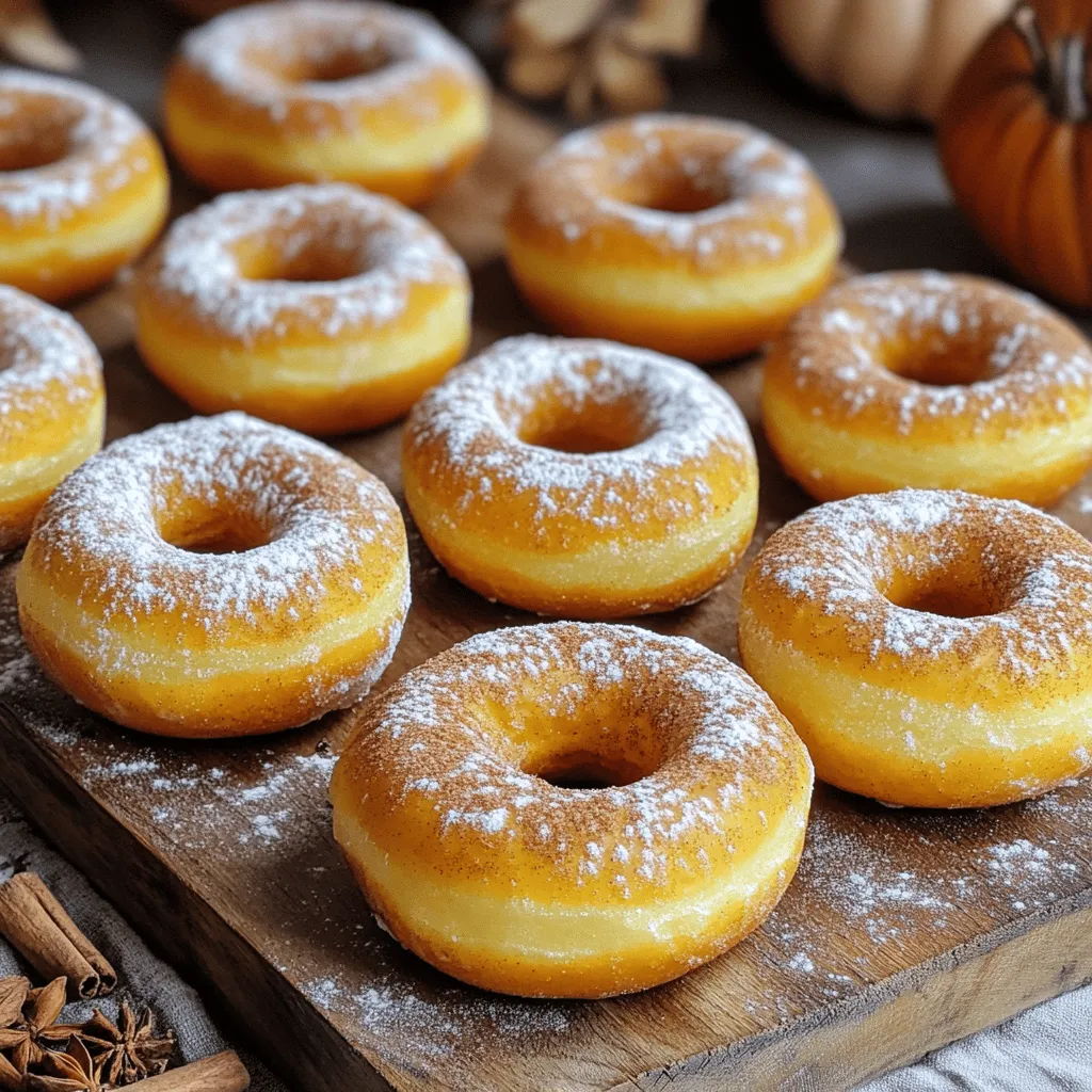 - 1 cup all-purpose flour - 1/2 cup granulated sugar - 1/2 teaspoon baking powder - 1/4 teaspoon baking soda - 1 teaspoon ground cinnamon - 1/2 teaspoon ground nutmeg - 1/4 teaspoon ground ginger - 1/4 teaspoon salt - 1/2 cup canned pumpkin puree - 2 large eggs - 1/4 cup milk - 1/4 cup vegetable oil - 1 teaspoon vanilla extract - Powdered sugar for dusting (optional) Gathering your ingredients is key to success. You want everything fresh and ready. Here’s a quick overview of what you need. The all-purpose flour forms the base. It gives the donuts structure. The granulated sugar adds sweetness, balancing the spices. Baking powder and baking soda help the donuts rise nice and fluffy. The spices bring warmth and flavor. Cinnamon, nutmeg, and ginger are classic fall favorites. Together, they create that cozy pumpkin spice taste. Don’t forget the salt; it enhances the flavors. Next, we have the star of the show: canned pumpkin puree. It adds moisture and that lovely pumpkin flavor. Two large eggs help bind everything together. Milk and vegetable oil keep the donuts moist. To finish, add vanilla extract for depth of flavor. If you like a sweet touch, dust with powdered sugar after baking. - Alternative flours: Use almond or coconut flour for gluten-free options. - Sweetener alternatives: Try honey or maple syrup for a lower-sugar version. - Dairy-free replacements: Use almond milk or flax eggs for a dairy-free choice. Feel free to mix and match these substitutions. Cooking should be fun and flexible! Start by preheating your oven to 350°F (175°C). This step is crucial for even baking. While the oven heats, prepare your donut pan. Grease it well with oil or butter. If you have a silicone mold, you can skip greasing. This will help the donuts pop out easily after baking. In a large bowl, combine the following dry ingredients: - 1 cup all-purpose flour - 1/2 cup granulated sugar - 1/2 teaspoon baking powder - 1/4 teaspoon baking soda - 1 teaspoon ground cinnamon - 1/2 teaspoon ground nutmeg - 1/4 teaspoon ground ginger - 1/4 teaspoon salt Whisk these ingredients together. This helps make the texture light and fluffy. A good mix ensures the spices and leavening agents spread evenly throughout the batter. In another bowl, mix the wet ingredients: - 1/2 cup canned pumpkin puree - 2 large eggs - 1/4 cup milk - 1/4 cup vegetable oil - 1 teaspoon vanilla extract Stir these until smooth. It’s important to blend well so the eggs break up and the mixture becomes smooth. This will help your donuts rise nicely. Now, pour the wet mixture into the bowl with dry ingredients. Use a spatula to fold them together gently. Mix until just combined; be careful not to over-mix. Over-mixing can make your donuts tough. For easy transfer to the pan, use a piping bag or a zip-top bag with a corner snipped off. Place your filled donut pan in the preheated oven. Bake for 12 to 15 minutes. You know the donuts are ready when a toothpick inserted in the center comes out clean. The edges should be lightly golden. After baking, let the donuts cool in the pan for about 5 minutes. This helps them set. Carefully transfer them to a wire rack to cool completely. If you want to add a touch of sweetness, dust the cooled donuts with powdered sugar. This makes them look nice and adds a bit of flavor! To make light and fluffy donuts, mixing is key. Combine wet and dry ingredients just until they blend. Over-mixing can lead to dense donuts. Use a gentle folding motion with a spatula. This keeps air in the batter and helps the donuts rise. For extra flavor, try adding a pinch of cloves or allspice. These spices complement pumpkin well. You can also mix in chocolate chips or nuts for fun. Pair these donuts with coffee or chai tea for a perfect fall treat. The warm drinks enhance the spices in the donuts. Making your donuts look great is easy. Place them on a colorful plate or a tiered stand. A sprinkle of cinnamon on top adds a nice touch. You can even use a glaze for shine. Dusting with powdered sugar makes them look fancy and adds sweetness. {{image_4}} You can easily change the flavor of your pumpkin spice baked donuts. One fun way is to make chocolate pumpkin spice donuts. To do this, add 1/4 cup of cocoa powder to the dry ingredients. This will add a rich chocolate taste that pairs well with the pumpkin spice. Another option is to create delicious maple glaze options. After baking your donuts, mix powdered sugar with maple syrup. Drizzle this glaze over the warm donuts for a sweet, sticky finish. Toppings can add fun and texture. For nut toppings, try chopped pecans or walnuts. They give a nice crunch. You can sprinkle them on top of the donuts right after glazing, so they stick well. If you want to try different glazes, consider a simple vanilla glaze. Combine powdered sugar with milk and vanilla extract. This will provide a sweet layer that complements the pumpkin spice nicely. You can also experiment with cream cheese frosting for a rich twist. These donuts can fit many diets. For vegan adaptations, replace eggs with flax eggs. Mix 1 tablespoon of flaxseed meal with 2.5 tablespoons of water. Let it sit until it thickens. You can also use almond milk instead of regular milk. For low-carb versions, swap the all-purpose flour with almond flour. Use a low-carb sweetener like erythritol instead of granulated sugar. This way, you can still enjoy the fall flavors without the carbs. These variations let you enjoy pumpkin spice baked donuts in many tasty ways. To keep your pumpkin spice baked donuts fresh, store them in an airtight container. This helps keep moisture in and prevents them from drying out. You can use a plastic or glass container with a tight lid. Place parchment paper between layers if you stack them. If you want to save donuts for later, freezing is a great option. Let the donuts cool completely, then wrap each one in plastic wrap. Place them in a freezer bag or container. They can last up to three months in the freezer. To reheat frozen donuts, remove them from the freezer and let them thaw at room temperature. You can also warm them in the microwave for about 15-20 seconds. This helps bring back their soft texture. Check for spoilage by looking for mold or unusual smells. If the donuts feel hard or dry, they may not taste good anymore. It’s best to throw them away if you notice these signs. Always enjoy your donuts fresh for the best flavor and safety. Yes, you can make these donuts ahead of time. After baking, let them cool completely. Store them in an airtight container at room temperature for up to three days. For longer storage, freeze them. Wrap each donut in plastic wrap, then place them in a freezer bag. They can last up to three months in the freezer. To enjoy, just thaw them at room temperature or warm them in the oven for a few minutes. Yes, you can use fresh pumpkin. To prepare fresh pumpkin, first, select a small, sweet pumpkin. Cut it in half and remove the seeds. Roast the pumpkin halves in the oven at 350°F (175°C) for about 45 minutes. After baking, scoop out the flesh and puree it in a blender or food processor until smooth. Use this fresh pumpkin puree in place of canned pumpkin in the recipe. This can enhance the flavor of your donuts. New bakers should avoid over-mixing the batter. This can make the donuts tough. Mix the wet and dry ingredients until just combined. Another mistake is not greasing the pan well. Donuts can stick, making them hard to remove. Finally, always check the baking time. Donuts can dry out if left too long in the oven. Yes, you can use an air fryer to bake these donuts. Preheat the air fryer to 350°F (175°C). Prepare the batter as usual. Fill the air fryer basket with the batter in silicone molds. Cook for about 8-10 minutes. Check doneness with a toothpick. The donuts should be golden and spring back when touched. Pumpkin spice baked donuts last about three days at room temperature. For better shelf life, store them in the fridge for up to a week. If frozen, they can last three months. Always check for signs of spoilage, like mold or off-smells, before eating. This blog post covered the essential steps and ingredients for making pumpkin spice baked donuts. We went through the recipe, ingredient substitutions, and baking tips. You learned how to achieve the right texture and flavor while exploring different variations. Remember to store them properly and check for spoilage. With these tips, you can bake delicious donuts at home. Enjoy sharing them with friends or savoring them yourself. Happy baking!