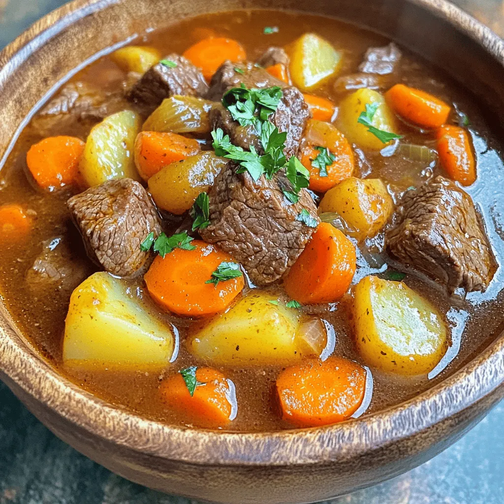 - 2 lbs beef chuck, cut into 1-inch cubes - 4 medium carrots, sliced into rounds - 3 medium potatoes, peeled and diced - 1 large onion, finely chopped - 3 cloves garlic, minced - 2 cups beef broth (low sodium recommended) - 1 cup diced tomatoes (canned or fresh) - 2 tablespoons tomato paste - 1 tablespoon Worcestershire sauce - 2 tablespoons cornstarch mixed with 2 tablespoons water (for thickening) - Fresh parsley, chopped (for garnish) When I make Instant Pot beef stew, I rely on fresh and hearty ingredients. The beef chuck gives a rich flavor and tender texture. Carrots and potatoes add sweetness and bulk. Onions and garlic bring depth. For liquids, I use low sodium beef broth to keep it savory but not too salty. Diced tomatoes add acidity and brightness. Tomato paste enhances the stew's body, while Worcestershire sauce gives it a umami kick. Sometimes, I like to thicken the stew. A simple cornstarch mix does the trick. I also sprinkle fresh parsley on top for color and flavor. These ingredients make my stew comforting and delicious. - Set Instant Pot to Sauté mode - Add 2 tablespoons vegetable oil to the pot - When the oil is hot, add beef cubes in batches - Brown the beef cubes for 5-7 minutes - Remove beef and set it aside on a plate - Add 1 large chopped onion and 3 minced garlic cloves - Sauté for 2-3 minutes until soft and fragrant - Stir in 2 tablespoons tomato paste and cook for 1 minute - Pour in 1 cup diced tomatoes and 2 cups beef broth - Add 1 tablespoon Worcestershire sauce, 1 teaspoon dried thyme, and 1 teaspoon smoked paprika - Return the browned beef to the pot - Season with salt and freshly cracked black pepper - Layer 4 sliced carrots and 3 diced potatoes on top - Do not stir the mixture - Close the lid and set valve to sealing position - Select Pressure Cook or Manual setting for 35 minutes - Allow natural pressure release for 10 minutes - Carefully switch valve to venting position - For thicker stew, return to Sauté mode - Stir in 2 tablespoons cornstarch mixed with 2 tablespoons water - Cook for 5 minutes until thickened - Taste and adjust seasoning as needed - Garnish with chopped fresh parsley before serving How to achieve perfect browning For great flavor, brown the beef well. Use high heat and small batches. This way, the beef gets a nice crust. It takes about 5-7 minutes. Don’t overcrowd the pot. If the pot is too full, the meat will steam instead of brown. Importance of layering vegetables Layering is key to keep veggies tender. After adding the beef, place carrots and potatoes on top. This method keeps the vegetables from getting mushy. It also helps them cook evenly. Timing for natural pressure release Letting the pot release pressure naturally is important. After cooking, wait 10 minutes before switching to venting. This helps keep the meat juicy and tender. It also allows flavors to meld perfectly. Adding herbs and spices Herbs and spices make your stew pop. Dried thyme and smoked paprika work wonders. You can also add bay leaves or rosemary for extra depth. Fresh herbs like parsley add brightness at the end. Using different meats Don’t feel limited to beef. You can use chicken or pork too. Each meat gives a unique flavor and texture. Just be sure to adjust the cooking time as needed. Adjusting for spice level If you like heat, add a pinch of red pepper flakes. You can also use spicy sausage for a kick. Always taste as you go to find your perfect level of spice. Overcrowding the pot Too much food in the pot leads to uneven cooking. Always brown in batches. This gives each piece the attention it needs. Not deglazing properly After browning, don’t skip deglazing. Scrape the bottom of the pot to lift the brown bits. This step adds rich flavor to your stew. Ignoring natural release Never rush the pressure release. Ignoring this step can lead to dry meat. Always follow the natural release time for the best results. {{image_4}} You can switch beef for chicken in this stew. Chicken thighs work well and add nice flavor. If you want a healthier option, choose turkey instead of beef. You can also pick different veggies. Try using sweet potatoes, parsnips, or green beans. For a gluten-free option, use gluten-free broth and skip the Worcestershire sauce, or find a gluten-free version. You can give your stew a twist with global flavors. For a Mexican vibe, add beans, corn, and chili powder. This will bring warmth and spice. If you prefer Italian flavors, add fresh herbs like basil and oregano. You can also toss in a splash of red wine for depth. For something different, try Asian flavors. Add soy sauce, ginger, and bok choy for a fresh take. You can make this stew in several ways. For a slow cooker, brown the meat first, then add everything to the slow cooker. Cook on low for 6-8 hours. If you want to use the stovetop, brown the beef in a pot. Then add the rest of the ingredients and let it simmer for 1.5 to 2 hours. The Instant Pot is great for quick cooking. Just set it and let it work its magic! To keep your beef stew fresh, use airtight containers. Glass or plastic containers work well. Allow the stew to cool before sealing it. Store it in the fridge for up to three days. This keeps the flavors intact and safe to eat. Freezing beef stew is a great option for later meals. Pour the cooled stew into freezer-safe bags. Remove as much air as possible to prevent freezer burn. Label the bags with the date. To thaw, place the stew in the fridge overnight. Reheat it on the stove or in the microwave. In the fridge, your beef stew lasts about three days. In the freezer, it can stay good for up to three months. The flavor remains strong, making it a tasty choice for future meals. Cooking Instant Pot beef stew takes about one hour. Here's the breakdown: - Prep time: 15 minutes - Cooking time: 35 minutes - Natural pressure release: 10 minutes This makes it great for a busy weeknight. Yes, you can skip browning the meat. However, browning adds rich flavor. When you sear the beef, it creates a caramelized crust. This crust enhances the stew's taste. Without browning, the stew may taste less complex. Beef stew pairs well with many sides. Here are some tasty options: - Crusty bread for soaking up the sauce - Mashed potatoes for a comforting touch - Green salad for freshness - Buttered noodles for a filling meal These sides will complement the stew and make your meal complete. This blog post covered how to make a delicious Instant Pot beef stew. We explored key ingredients, cooking steps, and even tips for the best flavor. I shared ways to adjust the recipe to fit your taste and options for storage. In the end, I hope you feel ready to try this recipe. With simple steps and great flavors, you can make a stew everyone will love. Enjoy cooking and savoring your meal!