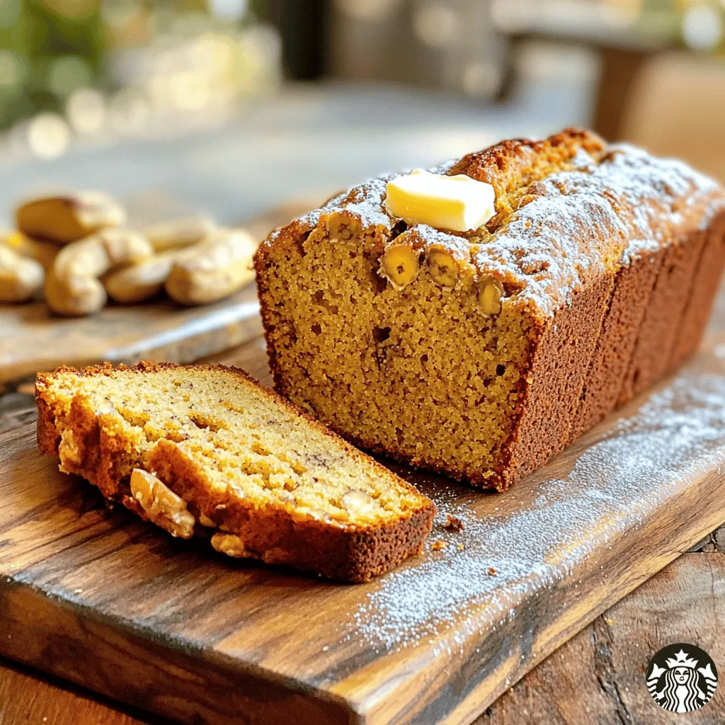 - 3 ripe bananas, thoroughly mashed - 1/3 cup unsalted butter, melted - 1 teaspoon baking soda - A pinch of salt - 3/4 cup packed brown sugar - 1 large egg, beaten - 1 teaspoon pure vanilla extract - 1 cup all-purpose flour - 1/2 teaspoon ground cinnamon (optional) - 1/2 cup chopped walnuts or chocolate chips (optional) Ripe bananas are key. They should be brown and soft for the best flavor. The butter gives the bread a rich taste and moist texture. Baking soda helps it rise. Brown sugar adds sweetness and a hint of caramel flavor. An egg binds the ingredients together. Vanilla extract adds a lovely aroma. All-purpose flour holds everything together. Cinnamon, while optional, gives warmth and spice. Walnuts or chocolate chips add fun and texture. If you want a dairy-free option, use coconut oil instead of butter. For a vegan version, swap the egg for a flax egg. To make it gluten-free, use a gluten-free flour blend. If you cannot eat nuts, simply leave out the walnuts or chocolate chips. You can even add dried fruit for a twist! Start by preheating your oven to 350°F (175°C). While the oven heats, grab a 9x5-inch loaf pan. Lightly grease it with butter or cooking spray. You can also use parchment paper for easy removal later. This step ensures your banana bread bakes evenly and releases easily. In a medium bowl, take three ripe bananas. Use a fork to mash them until smooth. You want no large lumps. Then, pour in 1/3 cup of melted unsalted butter. Mix well until the two combine into a smooth mixture. Add 1 teaspoon of baking soda and a pinch of salt. Stir until evenly mixed. Next, add 3/4 cup of packed brown sugar, 1 large beaten egg, and 1 teaspoon of pure vanilla extract. Blend until the batter is smooth. Now, gradually fold in 1 cup of all-purpose flour. If you like, add 1/2 teaspoon of ground cinnamon for extra flavor. Be gentle; overmixing can make your bread tough. If desired, stir in 1/2 cup of chopped walnuts or chocolate chips. This gives your banana bread a wonderful texture. Transfer the batter into your prepared loaf pan. Spread it evenly. Place the pan in the preheated oven. Bake for 60 to 65 minutes. Check if it’s done by inserting a toothpick into the center. If it comes out clean, your bread is ready. Once baked, remove it from the oven and let it cool in the pan for about 10 minutes. Then, carefully transfer it to a wire rack. Allow it to cool completely before slicing. Enjoy your homemade Starbucks copycat banana bread! To get the best texture, use ripe bananas. The riper they are, the sweeter and softer the bread. Mash them well, so there are no lumps. Mix in the melted butter until smooth. When adding flour, stir gently. Overmixing can make the bread tough, so be careful. You can boost the flavor of your banana bread. Add a pinch of ground cinnamon for warmth. If you love nuts, fold in 1/2 cup of chopped walnuts. For a sweet twist, mix in chocolate chips. These options make each slice special and fun. If your banana bread is too dry, you might have overbaked it. Check it in the oven a few minutes early. If it’s too dense, try mashing the bananas more. Ensure you mix the batter just enough. Small tweaks can make a big difference! {{image_4}} If you want to skip nuts, that's easy! Just leave out the walnuts. Your banana bread will still taste great. You can add seeds instead if you want some crunch. Try sunflower seeds or pumpkin seeds. They add texture without the nutty flavor. To make this banana bread vegan, swap the egg for a flax egg. Mix one tablespoon of ground flaxseed with three tablespoons of water. Let it sit for five minutes to thicken. Use plant-based butter instead of regular butter. Your banana bread will still be moist and tasty. Adding chocolate chips can make your banana bread even better. Use half a cup of chocolate chips for a sweet touch. You can also play with spices. Adding a pinch of nutmeg or a bit of allspice can bring new flavors. Feeling adventurous? Try adding a tablespoon of peanut butter for a fun twist! After you bake your banana bread, let it cool completely. Wrap it in plastic wrap or aluminum foil. This keeps it moist and fresh. You can also store it in an airtight container. Place it on the counter for up to four days. If you want it to last longer, use the freezer. Freezing banana bread is easy. Slice the bread first, so you can grab just what you need. Wrap each slice in plastic wrap. Then, place them in a freezer bag or container. Label the bag with the date. You can freeze banana bread for up to three months. When you want to enjoy it, just take out a slice. To reheat banana bread, you have a few options. If you want it warm, use the microwave. Heat a slice for about 10 to 15 seconds. For a crispy crust, use the oven. Preheat it to 350°F (175°C). Place the bread on a baking sheet and heat for about 5 to 10 minutes. Enjoy! You can tell banana bread is done when a toothpick comes out clean. Insert it in the center. If it has wet batter, bake it longer. The edges should also look golden brown. The top may crack, but that’s normal. Let it cool in the pan for about 10 minutes before moving it. Yes, you can use a different size loaf pan! A smaller pan will make thicker slices. Adjust the bake time, too. Check it 5-10 minutes earlier. For a larger pan, it may bake faster. Always check with a toothpick to be sure. Overripe bananas are perfect for many tasty treats! You can make smoothies, pancakes, or muffins. They are great in oatmeal or yogurt. You can even freeze them for future baking. Just peel and store them in bags. They will add natural sweetness and flavor! In this post, we covered all you need for making banana bread. We went through the ingredients, step-by-step instructions, and helpful tips for the best results. You learned about variations for different diets, storage options, and answers to common questions. With this guide, you can bake with confidence. Enjoy your delicious banana bread, and don’t forget to share it with friends! Simple tweaks and fun flavors can make your recipe special. Happy baking!