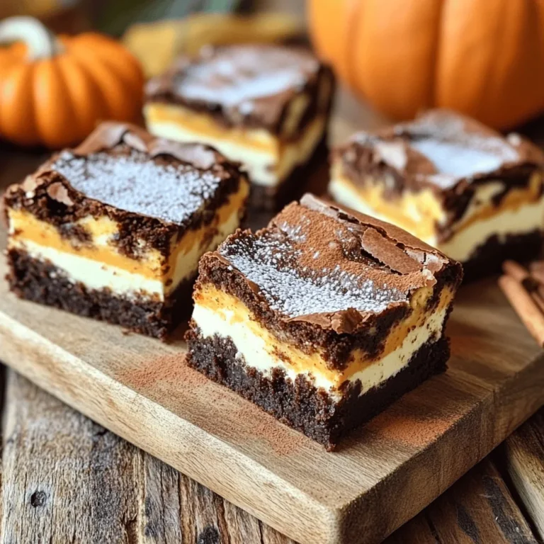 To make these Pumpkin Spice Cream Cheese Brownies, gather these key items: - 1 cup pumpkin puree - 1 teaspoon vanilla extract - 1 cup granulated sugar - 1/2 cup packed brown sugar - 1/2 cup vegetable oil - 2 large eggs - 1 1/4 cups all-purpose flour - 1/2 cup unsweetened cocoa powder - 1 teaspoon baking powder - 1 teaspoon ground cinnamon - 1/2 teaspoon ground nutmeg - 1/2 teaspoon ground ginger - 1/4 teaspoon salt - 8 oz cream cheese, softened - 1/4 cup powdered sugar - 1 tablespoon milk You can swap some ingredients if needed: - Use sweet potato puree instead of pumpkin for a twist. - Swap vegetable oil with melted coconut oil for a tropical taste. - Choose brown sugar only, if you prefer richer flavor. - Use dairy-free cream cheese for a vegan option. - For gluten-free brownies, try almond flour or gluten-free flour. Gather these tools to make the process smooth: - 9x13 inch baking pan - Mixing bowls (large and small) - Whisk for mixing wet ingredients - Spatula for folding batter - Hand mixer or whisk for cream cheese - Toothpick for checking doneness - Parchment paper (optional for easy removal) With these ingredients and tools, you are ready to create a delicious treat! First, you need to preheat your oven to 350°F (175°C). This step is key for even baking. Next, take a 9x13 inch baking pan. You can lightly grease it or line it with parchment paper. This will help you remove the brownies later. In a large mixing bowl, combine the pumpkin puree, granulated sugar, brown sugar, vegetable oil, eggs, and vanilla extract. Use a whisk to mix these ingredients until they are smooth and well combined. This mixture adds moisture and flavor to the brownies. Grab a separate bowl and sift together the all-purpose flour, cocoa powder, baking powder, ground cinnamon, ground nutmeg, ground ginger, and salt. Sifting is important to break up clumps and mix the dry ingredients evenly. In a small bowl, mix the softened cream cheese, powdered sugar, and milk. Beat this mixture with a hand mixer or whisk until it is creamy and smooth. Make sure there are no lumps, as this will create a nice layer in your brownies. Pour half of the brownie batter into the prepared pan. Use a spatula to spread it evenly. Then, dollop the cream cheese mixture over the brownie batter. Gently spread it to make a marbled look. Next, pour the rest of the brownie batter on top of the cream cheese layer. Use a knife to swirl the two mixtures together lightly. Bake the brownies in the preheated oven for 30-35 minutes. They are ready when a toothpick inserted in the center comes out mostly clean. Let the brownies cool in the pan for at least 20 minutes before slicing them into squares. Enjoy your delicious treat! To make fudgy brownies, start with high-quality cocoa powder. This choice adds rich flavor. Mix the wet ingredients well for a smooth batter. When adding dry ingredients, stir just until combined. Overmixing can make brownies tough. Keep your oven temperature steady for even baking. Always test with a toothpick; a few crumbs mean they are perfect. For a stunning marble effect, layer the two batters carefully. Pour half of the brownie batter first. Then, add dollops of the cream cheese mix. Use a knife to swirl gently, but don’t overdo it. You want to see both colors. This technique creates a beautiful design and keeps the flavors balanced. For serving, cut the brownies into squares after cooling. Place them on a nice plate or wooden board. Dust with powdered sugar for a sweet touch. Add a dollop of whipped cream on top. A sprinkle of cinnamon or pumpkin pie spice will impress your guests. Pair them with hot coffee or tea for a cozy treat. {{image_4}} You can boost the flavor by adding chocolate chips. I suggest using semi-sweet or dark chocolate chips. Stir in about one cup of chips to the batter before pouring it into the pan. This will add a nice texture and taste to your brownies. The chocolate pairs well with the pumpkin spice flavor. To make these brownies vegan, swap the eggs for flax eggs. Mix one tablespoon of ground flaxseed with two and a half tablespoons of water. Let it sit for a few minutes until it thickens. For a gluten-free version, use gluten-free flour instead of all-purpose flour. Both options keep the taste rich and delicious. You can play with the spices to match the seasons. In spring, try adding lemon zest for a fresh twist. In summer, consider using fresh berries in place of some pumpkin. For winter, add a hint of peppermint extract for a festive flavor. Each change can give your brownies a unique touch. Store your leftover brownies in an airtight container. Keep them at room temperature for up to three days. If you want to keep them longer, place them in the fridge for about a week. This helps the flavors stay fresh. Just be sure to let them cool completely before sealing. To freeze brownies, first, let them cool completely. Cut them into squares and wrap each piece in plastic wrap. Place the wrapped brownies in a freezer bag. They will stay good for up to three months. When you’re ready to enjoy, simply thaw them at room temperature. To reheat brownies, preheat your oven to 350°F (175°C). Place brownies on a baking sheet and warm for about 5 to 10 minutes. This will revive their soft texture. If you prefer, you can also use the microwave. Just heat them in 10-second bursts until warm. Enjoy the gooey goodness! You can check if the brownies are done by using a toothpick. Insert it into the center of the brownies. If it comes out with a few moist crumbs, they are ready. If it comes out with wet batter, they need more time. Generally, they bake for 30 to 35 minutes at 350°F (175°C). Yes, you can make these brownies ahead of time! Bake them and let them cool. Once cooled, store them in an airtight container. They stay fresh for up to three days at room temperature. You can also refrigerate them for up to a week. Just let them sit at room temp before serving. If you don't have pumpkin puree, you can use applesauce. It will keep the texture moist. You can also use mashed banana for a different flavor. But keep in mind that both will alter the taste a bit. To reduce the sweetness, cut back on the granulated sugar and brown sugar. You can lower each by 1/4 cup. You can also use dark cocoa powder. It has less sugar than regular cocoa and gives a rich taste. For clean edges, use a sharp knife. First, let the brownies cool completely. Wipe the knife with a damp cloth after each cut. This prevents sticking and gives you nice, clean squares. If you like, you can chill them in the fridge for firmer cuts. We covered all you need to make the best brownies. From key ingredients to helpful tips, you now have the tools to bake with confidence. Substitutions can help fit your needs, and variations can spice up your recipe. Remember to cool your brownies properly for the best taste. With these steps and tricks, you can impress anyone with your brownies. Enjoy experimenting, and happy baking!