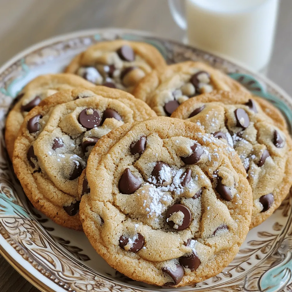 - 1 cup unsalted butter, softened to room temperature - 3/4 cup packed brown sugar, preferably light or dark - 1/2 cup granulated sugar - 2 large eggs, at room temperature - 1 teaspoon high-quality vanilla extract - 2 1/4 cups all-purpose flour - 1 teaspoon baking soda - 1/2 teaspoon fine sea salt - 2 cups chocolate chips, a blend of semi-sweet and dark - 1/2 cup chopped nuts, optional; walnuts or pecans Gather these ingredients before you start. Fresh butter gives the best flavor. Use room temperature eggs for easy mixing. The blend of semi-sweet and dark chocolate chips creates a rich taste. If you like, add chopped nuts for crunch. Each ingredient plays a key role in making the cookies crispy on the outside and chewy inside. Preheat your oven to 350°F (175°C). This temperature is perfect for baking cookies. Line two baking sheets with parchment paper. This will keep your cookies from sticking. In a large bowl, mix the softened butter, brown sugar, and granulated sugar. Use an electric mixer on medium speed. Beat until the mixture is light and fluffy. This should take about 2-3 minutes. This step adds air and makes your cookies soft. Next, add the eggs one at a time. Mix well after adding each egg. Then, pour in the vanilla extract. Mixing one at a time helps blend everything well. This step adds richness and flavor. In a separate bowl, whisk together the flour, baking soda, and sea salt. Slowly add these dry ingredients to the butter mixture. Stir gently until just combined. Avoid over-mixing. Over-mixing can make your cookies tough instead of chewy. Now, it’s time to fold in the chocolate chips and nuts, if you choose to use them. Use a spatula to gently mix them in. This helps spread the chocolate and nuts evenly throughout the dough. Using a cookie scoop or a tablespoon, drop spoonfuls of dough onto the lined baking sheets. Space them about 2 inches apart. This distance allows them to spread as they bake. Place the baking sheets in the oven and bake for 10-12 minutes. Keep an eye on them. You want the edges to be golden brown, but the centers should still look soft. This is key for chewy cookies. Once they are done baking, take the cookies out of the oven. Let them cool on the baking sheets for about 5 minutes. This helps them set. After that, transfer them to a wire rack to cool completely. This cooling step keeps them chewy and delicious. The type of butter and sugar you use matters. I prefer unsalted butter for control over salt. It helps create a tender and rich cookie. Using brown sugar adds moisture and a slight chew. Light brown sugar brings a soft, caramel note, while dark brown adds depth. Granulated sugar gives a crisp edge. A mix of both sugars creates a perfect balance. To get that chewy texture, avoid over-mixing the dough. Mix just until you see no dry flour. This keeps the cookies from getting tough. Also, take care not to bake them too long. Pull them out when they still look soft in the center. They will harden as they cool, giving you a delightful chew. If you don't have parchment paper, use a silicone baking mat or a greased pan. These alternatives still keep your cookies from sticking. Just make sure your baking surface is clean. Proper preparation allows for even baking, so your cookies come out just right. {{image_4}} You can make your cookies even better with fun mix-ins. Try using different types of chocolate chips. You can use white, milk, or dark chocolate. Each type brings its own taste. Mixing semi-sweet and dark chips gives a rich flavor. Nuts also add a nice crunch. Chopped walnuts or pecans work well. If you want something sweeter, try adding toffee bits or peanut butter chips. These mix-ins make your cookies special and unique. Adding spices can make your cookies stand out. A little cinnamon gives warmth and depth. Just a half teaspoon can change the whole flavor. You can also add a touch of espresso powder. This enhances the chocolate taste and gives a nice kick. If you love a hint of saltiness, try a sprinkle of sea salt on top before baking. It creates a great balance with the sweet cookie. These simple additions make your cookies exciting. If you need a gluten-free version, it’s easy to adapt. Use a gluten-free flour blend instead of all-purpose flour. Look for one that has xanthan gum. This helps with texture. You can also use almond flour for a nutty flavor. Just remember to adjust the amount. Almond flour is denser, so you may need less. With these swaps, you can enjoy crispy chewy cookies that fit your diet. To keep your crispy chewy chocolate chip cookies fresh, use an airtight container. This container locks in moisture and prevents the cookies from getting stale. You can stack the cookies in layers, but place parchment paper between them. This helps avoid sticking. Store the container at room temperature, away from heat and light. You can freeze both the dough and baked cookies. If you freeze dough, scoop it into balls and place them on a baking sheet. Freeze until solid, then transfer to a freezer bag. This way, you can bake fresh cookies any time. For baked cookies, allow them to cool completely. Place them in an airtight bag, and freeze. They will last up to three months. When stored properly, baked cookies stay fresh for about one week at room temperature. If you freeze them, the taste and texture remain great for up to three months. Always check for any signs of freezer burn before eating. For the best flavor, enjoy them fresh or within the first few days. Your cookies might not be chewy for a few reasons. Common mistakes include over-mixing or using too much flour. Here’s how to fix them: - Over-mixing: When you mix the dough too much, it makes cookies tough. Mix just until ingredients combine. - Flour measurement: Too much flour can dry cookies out. Use a kitchen scale or spoon flour into the cup and level off. - Baking time: If you bake them too long, they will be hard. Look for a golden edge but a soft center. Yes, you can use alternative fats, but it may change the taste and texture. Here are some options: - Margarine: It works well but can make cookies softer. - Coconut oil: This adds a nice flavor but can affect the chewiness. - Vegetable shortening: It can keep cookies softer but may lack flavor. You can easily adjust the sugar levels. Here’s how: - Reduce sugar: Cut back on brown or granulated sugar by 1/4 cup. - Use unsweetened chocolate: This can balance the sweetness if you add chocolate. - Add a pinch of salt: A little salt can enhance flavors and cut sweetness without changing texture. Experiment with these tips to find your perfect cookie balance! This blog post shared all you need for perfect chewy cookies. From ingredients to step-by-step instructions, you now have reliable methods to bake delicious treats. I highlighted tips for texture, mix-in ideas, and storage options to keep cookies fresh. With these insights, you can bake cookies everyone will love. Remember, each little detail counts in baking. Enjoy your baking journey and try different flavors!