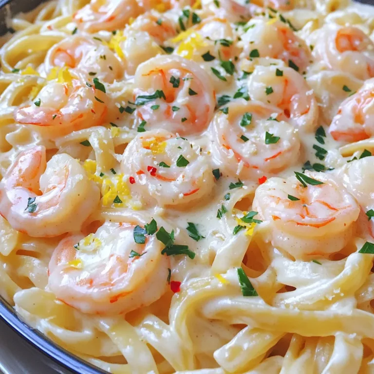 - 8 oz linguine pasta - 1 lb shrimp, peeled and deveined - 4 tablespoons unsalted butter, divided - 4 cloves garlic, finely minced - 1 cup heavy cream - 1/2 cup freshly grated Parmesan cheese Linguine pasta gives this dish its classic shape. It holds the sauce well. Fresh shrimp adds a sweet and tender bite. Butter and garlic create a rich, fragrant base. The heavy cream and Parmesan cheese make it creamy and satisfying. - 1/2 teaspoon red pepper flakes (adjust to personal heat preference) - Zest of 1 lemon - Fresh parsley, coarsely chopped (for garnish) Red pepper flakes add a nice kick if you like some heat. Lemon zest brightens the dish and balances the creaminess. Fresh parsley makes it look pretty and adds a fresh flavor. - Boiling the Linguine: Start by bringing a large pot of water to a boil. Add a generous pinch of salt. Cook the linguine until it is al dente, about 8 to 10 minutes. You want it firm but not hard. This keeps the texture perfect for the sauce. - Reserving Pasta Water: Before draining the linguine, save about one cup of that starchy pasta water. This water will help adjust your sauce later. After saving the water, drain the pasta in a colander and set it aside. - Sautéing in Butter: In a large skillet, melt 2 tablespoons of butter over medium-high heat. Once the butter is hot, add your shrimp. They should sizzle when they hit the pan. Cook each side for about 2 to 3 minutes until the shrimp turn pink and opaque. - Seasoning Tips: As the shrimp cooks, sprinkle them with salt and freshly ground black pepper. This simple seasoning enhances their natural flavor. Remember, you can always adjust the seasoning later. - Sautéing Garlic: In the same skillet, add the remaining 2 tablespoons of butter. Once melted, toss in the finely minced garlic. Sauté it for about one minute. You want it fragrant, not burnt. Stay close and keep stirring. - Adding Cream and Cheese: Lower the heat to medium-low. Slowly pour in the heavy cream while stirring. Let it simmer gently for 2 to 3 minutes. This thickens the sauce just right. Next, whisk in the freshly grated Parmesan cheese until it melts. Stir in the red pepper flakes and lemon zest for a fresh kick. - Tossing Shrimp and Pasta: With the sauce ready, add the cooked linguine and shrimp back into the skillet. Toss everything together. You want the pasta and shrimp well coated in that creamy sauce. - Adjusting Sauce Consistency: If the sauce feels too thick, gradually add some of that reserved pasta water. Stir until you reach your desired sauce thickness. This is the perfect time to taste and adjust any seasonings as needed. How to Thicken or Thin the Sauce To thicken the sauce, add more Parmesan cheese. This adds creaminess and depth. If the sauce seems too thick, pour in some reserved pasta water. Stir gradually to avoid making it too thin. Flavor Enhancements For extra flavor, add a splash of white wine before the cream. This will give a nice kick. You can also mix in herbs like thyme or basil for freshness. Avoiding Overcooking Cook shrimp just until they turn pink. This takes only 2-3 minutes per side. Overcooked shrimp become rubbery and tough. Keep a close eye on them for the best texture. Choosing the Right Shrimp Always choose fresh or properly thawed shrimp for this dish. Look for shrimp that smells sweet and has a firm texture. Larger shrimp, like jumbo or colossal, provide a delightful bite. Best Pairings with Linguine Serve your creamy garlic butter shrimp linguine with a crisp green salad. A side of garlic bread also complements the dish well. It helps to soak up that delicious sauce. Presentation Tips To make your dish stand out, use a large serving bowl. Toss the linguine and shrimp gently, then finish with a sprinkle of fresh parsley. A lemon wedge on the side adds color and brightness. {{image_4}} Substituting Shrimp You can swap shrimp for other seafood. Try using scallops for a sweet taste. They cook quickly, just like shrimp. You can also use firm white fish. Cod or halibut works well in this dish. Adding Scallops or Chicken Scallops add a lovely texture. They pair well with garlic and butter. If you prefer chicken, use boneless, skinless breast. Simply cut it into bite-sized pieces. Cook the chicken in the same way as the shrimp until golden brown. Making it Gluten-Free To make this dish gluten-free, choose gluten-free linguine. There are many brands available now. They cook similarly to regular pasta. Check the package for cooking times. Vegetarian Options For a vegetarian twist, leave out the shrimp. Replace it with sautéed mushrooms or asparagus. They add great flavor and texture. You can also use tofu for a protein boost. Adding Vegetables Add vegetables to make this dish even better. Spinach or cherry tomatoes work nicely. Simply toss them in the sauce as it simmers. You can also add peas for a pop of color. Experimenting with Different Cheeses While Parmesan is classic, feel free to change it up. Try using pecorino or Asiago for a different flavor. Just make sure to grate them finely. This helps them melt smoothly into the sauce. To keep your creamy garlic butter shrimp linguine fresh, store it right away. Place any leftovers in an airtight container. - Refrigeration Tips Store the dish in the fridge. It will stay good for up to three days. Make sure it cools before sealing. This helps keep the flavors intact. - Freezing Options You can freeze this dish too. Use a freezer-safe container. It can last for up to three months. When ready to eat, thaw it in the fridge overnight. To reheat your shrimp linguine, keep the creaminess in mind. - Best Methods for Maintaining Creaminess Use a skillet over low heat. Add a splash of water or broth. Stir gently as it warms. This method keeps the sauce smooth and creamy. Avoid the microwave, as it may make the dish dry. Enjoy every bite of your delicious meal! Yes, you can use frozen shrimp. Just remember to thaw them first. To thaw, place the shrimp in a bowl of cold water for about 15-20 minutes. Drain and pat them dry. This helps prevent excess water in the dish. If you use frozen shrimp, cook them as you would fresh shrimp. They will turn pink and opaque when done. If you want a lighter dish, use half-and-half or whole milk. You can also use coconut cream for a dairy-free option. For a tangy flavor, consider using Greek yogurt. Just whisk it in slowly to avoid lumps. Each option changes the taste a bit, so choose based on your preference. You can store leftovers in the fridge for up to three days. Make sure to keep them in an airtight container. If you want to freeze it, do so within two days. It can last for about one month in the freezer. But note that the sauce may change in texture when reheated. Yes, you can prep some parts in advance. Cook the pasta and shrimp ahead of time. Store them separately in the fridge. Make the sauce right before serving for the best flavor. This way, you save time and still enjoy a fresh dish. This article showed you how to make creamy garlic butter shrimp linguine. We covered key ingredients like pasta, shrimp, butter, and cream. You learned the steps to cook perfectly, including sautéing shrimp and making the sauce. I shared tips to enhance flavor and avoid common mistakes. Remember, you can adjust the recipe for different diets or proteins. With the right storage, you can enjoy leftovers too. Now, gather your ingredients and start cooking. This dish is sure to impress and satisfy!