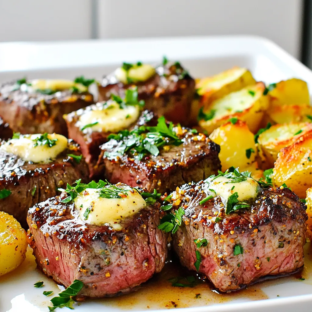 - 1 lb sirloin steak, cut into bite-sized cubes - 3 tablespoons unsalted butter, melted - 4 cloves garlic, minced - 1 teaspoon dried thyme Sirloin steak is my favorite for this dish. It cooks tender and juicy. The unsalted butter gives a rich flavor. Minced garlic adds a nice touch. Dried thyme offers a lovely aroma that pairs well with beef. - 1 teaspoon smoked paprika - Salt and black pepper, to taste Smoked paprika brings warmth and depth. It adds a subtle smoky flavor. Use salt and black pepper to enhance the dish. These are essential for balancing the taste. - 2 large potatoes, diced into small cubes - 2 tablespoons olive oil I recommend using russet or Yukon gold potatoes for frying. Their texture crisps up beautifully. Olive oil helps the potatoes brown and adds flavor. Make sure to cut the potatoes into uniform pieces for even cooking. Set your air fryer to 400°F (200°C). Preheating helps the food cook evenly. It ensures a nice, crisp outside on your steak bites and potatoes. In a bowl, mix 3 tablespoons melted butter, 4 minced garlic cloves, 1 teaspoon dried thyme, and 1 teaspoon smoked paprika. Add salt and black pepper to taste. This mix will give your steak a rich flavor. Add 1 pound of cubed sirloin steak to the marinade. Toss it gently to coat every piece. Let the steak sit for 15 minutes. This resting time helps the flavors soak in. In another bowl, combine 2 diced large potatoes with 2 tablespoons olive oil, salt, and black pepper. Toss well to coat. Place the seasoned potatoes in the air fryer. Cook them for 10 minutes, shaking the basket halfway through. After the potatoes cook for 10 minutes, add the marinated steak bites to the basket. Cook everything for another 7 to 9 minutes. Shake the basket once more to keep things crispy. Check the steak for doneness. Aim for medium-rare to medium for the best taste. Once cooked, let the steak bites rest for a minute. Garnish with freshly chopped parsley for color and taste. Serve the steak bites hot with the crispy potatoes. For a nice touch, drizzle leftover garlic butter over the dish. Enjoy your meal! To achieve crispy potatoes, follow these steps: - Use small cubes: Cut potatoes into small, even pieces for even cooking. - Dry them well: Pat potatoes dry before adding oil. This helps them crisp up better. - Single layer: Place potatoes in a single layer in the air fryer basket. This prevents steaming. - Shake it up: Halfway through cooking, shake the basket to ensure all sides get crispy. For maximum flavor, marinate the steak for at least 15 minutes. This short time allows the meat to soak up the garlic butter mix. If you want even more flavor, let it marinate for 30 minutes to an hour. Just keep it in the fridge while it marinates. This helps the meat stay fresh. To cook steak bites evenly, consider these tips: - Preheat properly: Always preheat your air fryer to 400°F. This helps sear the meat quickly. - Don’t crowd the basket: Cook in batches if needed. This ensures hot air circulates around each piece. - Check doneness: Use a meat thermometer if you’re unsure. Aim for 130°F for medium-rare and 140°F for medium. {{image_4}} If you want to switch things up, use different cuts of beef. Ribeye or tenderloin works great. You can also try chicken breast or pork tenderloin for a twist. For a lighter option, shrimp or tofu can soak up the garlic butter flavor too. Just adjust cooking times as needed. You can boost the flavor by adding spices or herbs. Try rosemary or oregano for a fresh touch. A pinch of cayenne can add heat if you like spice. Lemon zest brings a nice brightness. Experiment with different combinations to find your favorite mix. Don’t feel limited to just regular potatoes. Sweet potatoes add a hint of sweetness and color. You can also use fingerling potatoes for a fun shape. For a crunchier texture, try par-cooking your potatoes before air frying. Cut them into wedges or fries for a different look and taste. To keep your steak bites and crispy potatoes fresh, store them in airtight containers. Place the steak and potatoes in separate containers. This way, the potatoes stay crispy and the steak stays tender. Let the food cool to room temperature before sealing. Store in the fridge for up to three days. For the best taste, reheat the steak bites in the air fryer. Set it to 350°F (175°C) and cook for about 4-5 minutes. This keeps the steak juicy and the outside crispy. For potatoes, you can use the same method. Heat them for about 3-4 minutes until they are warm and crispy again. You can freeze leftovers, but it’s best to freeze them separately. Place the steak bites and potatoes in freezer-safe bags. Remove as much air as possible to prevent freezer burn. They will keep for up to three months. To reheat, thaw in the fridge overnight before using the air fryer. This helps keep the texture and flavor intact. Yes, you can use other cuts of steak. I recommend ribeye or tenderloin. These cuts are tender and flavorful. They cook well in the air fryer. You could also use flank steak for a leaner option. Each cut gives a unique taste and texture. Look for color and firmness. For medium-rare, the center should be warm and red. Use a meat thermometer for best results. Aim for 130°F to 135°F. For medium, the steak should be pink and firm, reaching 140°F to 145°F. Checking these cues helps you achieve your perfect steak. You can pair these steak bites with many sides. Try a fresh salad for a light touch. Roasted veggies also work well. Garlic bread can add a nice crunch. Mashed potatoes bring comfort to the meal, too. Each option complements the flavors of the steak. Yes, preheating is important. It helps cook the food evenly. When the air fryer is hot, your steak bites and potatoes will crisp up nicely. Preheating ensures the butter melts well, enhancing the flavor. Set the air fryer to 400°F before cooking for the best results. You can prep the steak and potatoes in advance. Marinate the steak and store it in the fridge. Cut and season the potatoes, then keep them in a sealed container. When ready, cook them in the air fryer. This saves time, letting you enjoy a quick meal later. In this article, we explored the exciting world of Air Fryer Garlic Butter Steak Bites. You learned about key ingredients, like sirloin steak and seasoned potatoes. The step-by-step instructions guide you through marinating and cooking for perfect results. With helpful tips and variations, you can customize your dish easily. Now, it’s time to create a delicious meal. Enjoy the savory flavors and crispy textures. You’ll impress family and friends with this simple recipe that makes cooking fun!