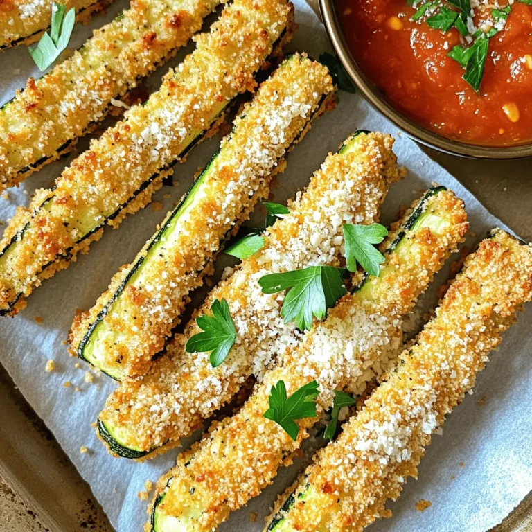 - 2 medium zucchinis, cut into fries (about 1/4 inch thick) - 1/2 cup all-purpose flour - 2 large eggs, beaten - 1 cup seasoned breadcrumbs (Italian style) - 1/2 cup freshly grated Parmesan cheese - 1 teaspoon garlic powder - 1 teaspoon onion powder - 1/2 teaspoon paprika - Salt and black pepper to taste - Cooking spray You can change some of these ingredients. If you want a gluten-free option, use almond flour or gluten-free breadcrumbs. Instead of Parmesan, you can try Pecorino cheese for a sharper taste. For a vegan version, replace eggs with a flax egg and skip the cheese or use a vegan alternative. Zucchini is low in calories but high in nutrients. It has a lot of fiber, which is good for digestion. Eating zucchini can help you feel full without adding many calories. This veggie also provides vitamins C and A, which help your immune system and skin health. Plus, zucchini is hydrating, as it contains a lot of water. Enjoying these zucchini fries gives you a tasty way to eat healthy! 1. Preheat your air fryer to 400°F (200°C). This step is key for crispiness. 2. In a shallow dish, add 1/2 cup all-purpose flour. Sprinkle in salt and pepper for taste. 3. In another shallow dish, beat 2 large eggs until smooth. This will help the coating stick. 4. In a third shallow dish, mix 1 cup seasoned breadcrumbs with 1/2 cup grated Parmesan, 1 teaspoon garlic powder, 1 teaspoon onion powder, and 1/2 teaspoon paprika. Combine well for even flavor. 1. Take one zucchini fry. First, coat it in the seasoned flour. Shake off any extra flour. 2. Next, dip the floured fry into the beaten eggs. Let the excess egg drip off. 3. Finally, place the fry into the breadcrumb mix. Press gently so the crumbs stick. 4. Lightly spray the air fryer basket with cooking spray. Arrange the zucchini fries in a single layer. Avoid touching for the best results. 5. Spray the tops of the fries with cooking spray. This helps them get crispy. 6. Air fry for 10-12 minutes. Flip them halfway through. Look for a golden-brown color! - Ensure even coating by pressing the crumbs onto the fries. - Avoid overcrowding the basket; this keeps air flowing around the fries. - A light spray of cooking oil adds to the crunch. - Let them rest for a minute after cooking. This makes them firm up nicely. To get the best crunch, follow a few key steps. First, slice your zucchinis into fries about 1/4 inch thick. This size helps them cook evenly. Next, coat each fry in flour, then egg, and finally the breadcrumb mix. Press the breadcrumbs onto the zucchini firmly. This helps the coating stick better and gives you that nice crunch. Lightly spray the fries with cooking spray before air frying. This adds a golden color and crispiness. One common mistake is overcrowding the air fryer. If you place too many fries in at once, they won’t cook well. Instead, arrange them in a single layer. Another mistake is skipping the flour step. Flour helps the egg and breadcrumbs stick. Lastly, avoid cooking them at low temperatures. Always air fry at 400°F (200°C) for the best results. Taking care of your air fryer keeps it working well. After each use, clean the basket and tray with warm, soapy water. Avoid using metal utensils that can scratch the non-stick coating. Check the air fryer for any food residue. Regularly wipe down the exterior with a damp cloth. This keeps it looking nice and helps it last longer. {{image_4}} You can mix up the flavors of your zucchini fries with different seasonings. Swap garlic powder for paprika or add some cayenne for a spicy kick. You might also try adding Italian herbs like oregano or basil for an aromatic touch. If you love a tangy twist, throw in some lemon zest. While seasoned breadcrumbs work great, you can try other coatings. Panko breadcrumbs give an extra crunch. For a gluten-free option, use almond flour or crushed gluten-free crackers. You can even add grated parmesan directly into the flour for a cheesy layer right from the start. Serve these zucchini fries with a variety of dips for extra fun. Marinara sauce pairs nicely, but so does ranch or spicy mayo. For a fresh twist, try a yogurt-based dip with herbs. Present your fries on a nice platter, and sprinkle with extra parmesan or fresh parsley for a beautiful look. Enjoy your crispy delights! To store your leftover zucchini fries, let them cool completely. Place them in an airtight container. Make sure to layer them with parchment paper to prevent sticking. Store the container in the fridge. They will stay fresh for up to three days. To reheat your zucchini fries, preheat your air fryer to 375°F (190°C). Arrange the fries in a single layer in the basket. Heat them for about 3-5 minutes. This helps regain their crispiness. You can also use an oven. Set it to 375°F (190°C) and bake for around 10 minutes. You can freeze zucchini fries before cooking them. After breading, lay them on a baking sheet. Make sure they do not touch each other. Freeze for about one hour until firm. Then, transfer them to a freezer bag. They can last for up to three months. When ready to cook, no need to thaw. Just air fry them at 400°F (200°C) for about 12-15 minutes. Yes, you can use other vegetables. Carrots, eggplants, or sweet potatoes work well. Just cut them into similar fry shapes. Adjust cooking time as needed based on the vegetable. For example, carrots may take a bit longer to cook than zucchini. Always check for doneness by looking for that golden color. You will know they are done when they are golden brown and crispy. Check them around the 10-minute mark. Flip them halfway for even cooking. If they look nice and crunchy, they are ready. You can also poke them with a fork. If they feel tender inside, they’re perfect! Yes, you can make these in a traditional oven. Preheat your oven to 425°F (220°C). Place the breaded zucchini fries on a baking sheet. Use parchment paper for easy cleanup. Bake them for about 20-25 minutes. Flip them halfway through to get that nice crisp! In this blog post, we explored how to make delicious zucchini fries. We discussed key ingredients, cooking steps, and tips for perfect fries. You learned about ingredient substitutions and health benefits. We shared tricks for the best texture and common mistakes to avoid. We also covered storage and reheating tips. Zucchini fries are easy and fun to make. With these tips, you can enjoy a tasty snack anytime. Remember, experimenting with flavors can lead to new favorites. Happy cooking!