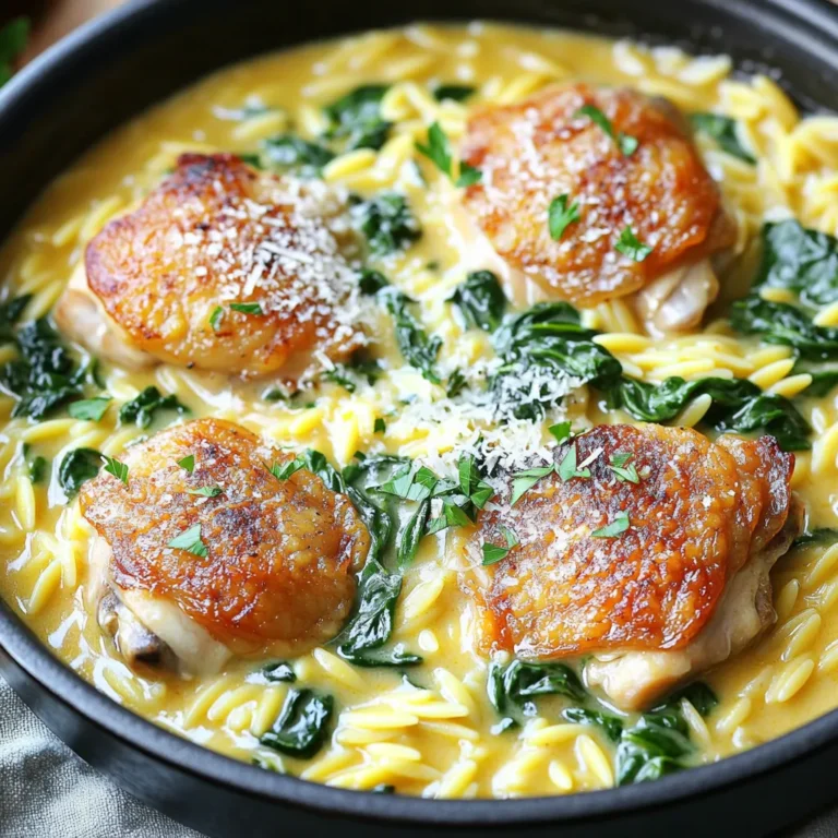 - 1 lb (450g) boneless, skinless chicken thighs, chopped into bite-sized pieces - 1 tablespoon olive oil - 4 cloves garlic, finely minced - 1 cup orzo pasta - 4 cups low-sodium chicken broth - 1 cup heavy cream - 1 teaspoon mixed dried Italian herbs (oregano, thyme, basil) - Salt and freshly ground pepper to taste - 1 cup fresh spinach, roughly chopped - ½ cup grated Parmesan cheese - Fresh parsley, finely chopped (for garnish) Each ingredient plays a key role. The chicken provides protein. The garlic adds depth. The orzo gives a nice texture. The cream brings richness, making every bite a delight. - Lemon zest for brightness - Red pepper flakes for heat - Sun-dried tomatoes for sweetness - Fresh basil or thyme for extra herbs These optional ingredients can take your dish to the next level. A bit of lemon zest can brighten the flavors. Red pepper flakes can add a nice kick. Sun-dried tomatoes give a subtle sweetness that balances well. - Large pot or Dutch oven for cooking - Slotted spoon for easy chicken removal - Wooden spoon for stirring - Measuring cups for accuracy Using the right tools makes cooking easier. A large pot helps everything cook evenly. A slotted spoon lets you remove the chicken without excess liquid. A wooden spoon is great for stirring and won’t scratch your pot. Start by heating olive oil in a large pot over medium heat. Once the oil is hot, add the chopped chicken thighs. Season them with salt and pepper. Cook for about 6 to 8 minutes. Stir occasionally until they turn golden brown and are cooked through. Use a slotted spoon to remove the chicken and place it on a plate. Next, add the minced garlic to the same pot. Sauté the garlic for about 1 minute. Stir it constantly until it becomes fragrant. Be careful not to burn it. Then, add the orzo pasta and stir well, coating it with the garlic oil. Pour in the chicken broth and bring it to a rapid boil. Once boiling, reduce the heat to a simmer. Cook for 10 to 12 minutes while stirring occasionally. The orzo should be tender and most of the liquid should be absorbed. Now, stir in the heavy cream and dried Italian herbs. Mix it all well. Return the cooked chicken to the pot. Then, add the chopped spinach and grated Parmesan cheese. Stir gently until the spinach wilts and everything is mixed together. Taste the dish and adjust the salt and pepper as needed. Remove the pot from the heat. Serve the creamy chicken orzo hot, and garnish with fresh parsley for extra flavor. To cook orzo just right, use plenty of water. The orzo needs space to move. Stir it often while it cooks. This keeps it from sticking. Check for doneness a minute before the time ends. It should be tender but still firm. If it gets too soft, it can turn mushy. To boost creaminess, add more heavy cream. You can also stir in cream cheese for a rich texture. Mixing in some grated cheese helps too. Parmesan adds flavor and creaminess. For a hint of tang, try a splash of lemon juice. This elevates the taste and adds brightness. Prep your ingredients first. Chop the chicken and mince the garlic ahead of time. This saves you stress while cooking. Use a one-cup measuring cup for orzo and broth. This helps you pour quickly. If you have a pot with a lid, use it. It speeds up cooking by trapping heat. {{image_4}} You can easily boost the nutrition of your One-Pot Creamy Garlic Butter Chicken Orzo by adding vegetables. Try adding chopped carrots or bell peppers. These veggies add color and taste. You could also use broccoli or zucchini. Just toss them in with the orzo. They will cook nicely and stay crisp. Spinach is already in the recipe, but you can add more for extra greens. If you want to change the protein, you have options. You can use chicken breast instead of thighs. Chicken breast cooks fast and stays juicy. For a twist, try shrimp or scallops. Just add them in during the last few minutes of cooking. If you want a meatless dish, use chickpeas or tofu. Both are great sources of protein and will soak up the flavors well. Switching up the seasonings can make your dish exciting. Instead of Italian herbs, try a mix of paprika and cumin for a smoky flavor. Adding a pinch of red pepper flakes can spice things up. You could also use fresh herbs like basil or cilantro for a fresh touch. Experiment with lemon zest for a bright note that pairs well with the cream. Each option gives a new vibe to the same dish. After you enjoy your One-Pot Creamy Garlic Butter Chicken Orzo, let it cool. Use an airtight container for storage. This dish stays fresh in the fridge for about 3-4 days. Make sure to keep it sealed tight to lock in flavors. To reheat, place the orzo in a pot over low heat. Add a splash of chicken broth or cream to avoid drying it out. Stir gently until it warms up. You can also use the microwave, but cover the dish to keep moisture in. Heat in short bursts, checking often. You can freeze this dish for later. Let it cool completely, then transfer to a freezer-safe container. It can last in the freezer for up to 3 months. When you're ready to eat, thaw it overnight in the fridge. Reheat as mentioned above for the best taste. Yes, you can use chicken breast instead of thighs. Chicken breast is leaner and cooks faster. Just be careful not to overcook it. This can lead to dry meat. Cut the chicken into small pieces for even cooking. The flavor will still be great! To make this dish gluten-free, swap out the orzo pasta. Use gluten-free orzo or another gluten-free pasta. You will still get the same creamy texture. Just check the broth for gluten. Use low-sodium chicken broth labeled gluten-free. Great side dishes include a simple green salad. A fresh cucumber salad works well too. You can also serve crusty bread to soak up the sauce. Roasted veggies add color and nutrition. Try steamed broccoli or green beans for something light and tasty. This blog post covered the key elements to create a great One-Pot Creamy Garlic Butter Chicken Orzo. We explored essential and optional ingredients, effective cooking steps, and clever tips. You learned how to customize the dish with vegetables and proteins, plus how to store leftovers for later use. Remember, cooking is all about trying new things and enjoying the process. With these insights, you can make a satisfying meal everyone will love. Enjoy your cooking adventure!