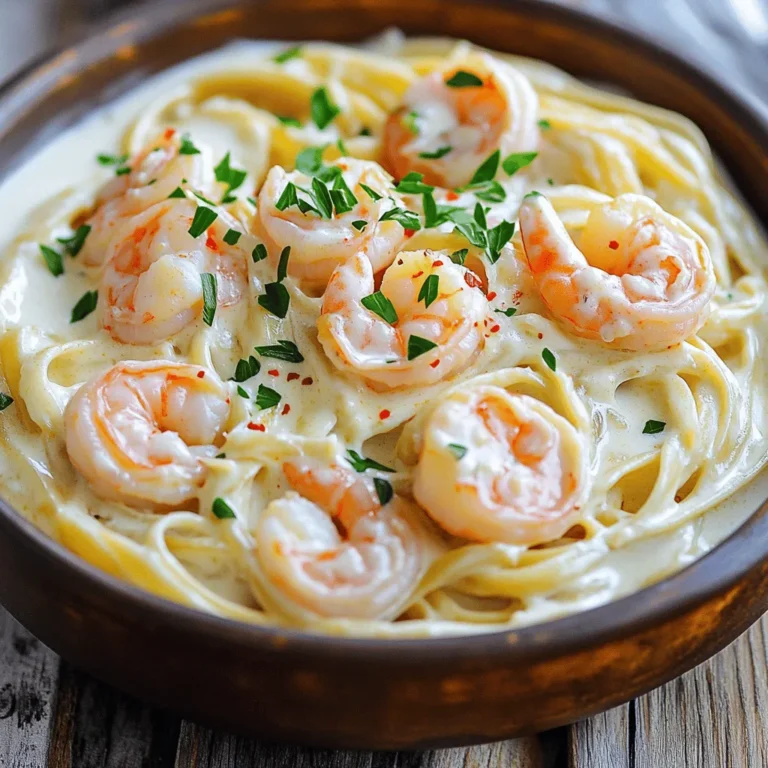 - 8 oz linguine pasta - 1 lb large shrimp, peeled and deveined - 4 cloves garlic, minced - 1 cup heavy cream - 1 cup chicken broth - ½ cup grated Parmesan cheese - 2 tablespoons olive oil - 1 tablespoon butter - 1 teaspoon red pepper flakes (adjust according to your spice preference) - Salt and freshly ground black pepper, to taste - Chopped fresh parsley for garnish Gathering the right ingredients is key to making this dish shine. You’ll need linguine pasta, which gives a nice base. The shrimp should be large, peeled, and deveined for easy cooking. Garlic adds that lovely aroma and flavor. Heavy cream brings the creaminess, while chicken broth adds depth. Parmesan cheese gives a savory touch. Olive oil and butter enhance richness and flavor. Red pepper flakes add a hint of spice, but you can adjust it. Finally, don’t forget salt and pepper for seasoning, and fresh parsley for that vibrant finish. Having all these ingredients ready makes cooking smooth and fun. A well-prepared kitchen sets you up for success! First, take a large pot and fill it with water. Add a good amount of salt. Bring the water to a rolling boil. Add 8 oz of linguine pasta. Cook it for about 8-10 minutes. You want it al dente, which means it should still be firm. Once done, drain the pasta. Make sure to save ½ cup of that pasta water for later. Next, grab a spacious skillet. Heat 2 tablespoons of olive oil and 1 tablespoon of butter over medium-high heat. Once hot, add 1 lb of large shrimp. Season the shrimp with salt, pepper, and 1 teaspoon of red pepper flakes. Cook the shrimp for about 2-3 minutes on each side. You know they are done when they turn pink and opaque. Once cooked, place the shrimp on a plate and set them aside. In the same skillet, lower the heat a bit. Add 4 minced garlic cloves. Sauté the garlic for about 30 seconds. You want it fragrant but not burnt. Then, pour in 1 cup of chicken broth. Let it simmer for about 2-3 minutes. This will help the flavors blend and the liquid to reduce a bit. Now, reduce the heat to medium-low. Pour in 1 cup of heavy cream while stirring. Gradually add ½ cup of grated Parmesan cheese. Keep mixing until it all combines and the sauce thickens to your liking. Then, add the cooked linguine and shrimp back into the skillet. Toss everything until the pasta is well coated with the creamy sauce. If it seems too thick, add a splash of the reserved pasta water. This will help you achieve the perfect creaminess. Finally, taste the dish. Adjust the seasonings with more salt and pepper if needed. Serve the linguine hot. Garnish with chopped fresh parsley and a sprinkle of Parmesan cheese for extra flavor. Enjoy your meal! - How to know when shrimp are cooked: Shrimp turn pink and opaque when cooked. This usually takes about 2-3 minutes on each side. - Avoiding overcooking: Remove shrimp from the heat as soon as they change color. Overcooked shrimp become tough and rubbery. - Tips for adjusting thickness: If your sauce is too thick, add a splash of reserved pasta water. Stir it in slowly to reach your desired creaminess. - Alternative ingredients for creaminess: You can use half-and-half or milk instead of heavy cream. For a dairy-free option, try coconut milk. - Suggestions for additional seasonings: Consider adding garlic powder, lemon zest, or fresh herbs like basil or thyme for extra flavor. - How to adjust spice levels: To control heat, add more or less red pepper flakes. You can also add a pinch of cayenne for a different kick. {{image_4}} You can switch shrimp for other seafood. Scallops or crab are great choices. They add unique flavors and textures. For a fun twist, try lobster. Just remember, cooking times may vary. Adjust your cooking to ensure everything cooks evenly. Adding vegetables can enhance the dish. You might try spinach, peas, or bell peppers. These add color and vitamins. To include greens, simply sauté them with the garlic. This makes them tender and flavorful. If you need a gluten-free dish, use gluten-free pasta. Many brands offer great options that taste similar. For the sauce, check the labels on the cream and broth. Some might have gluten. Adjust according to your taste and dietary needs. To keep your creamy garlic shrimp linguine fresh, use airtight containers. Let it cool to room temperature before sealing. Store it in the fridge for up to three days. The shrimp and sauce stay tasty, but the pasta may soften a bit. To reheat, use the stove or microwave. If using the stove, add a splash of chicken broth to the skillet. Stir it gently over low heat until warm. If using a microwave, cover it loosely and heat in short bursts. This helps avoid sauce separation. Stir in between to keep it creamy. Yes, you can use frozen shrimp. Just remember to thaw them first. To thaw shrimp, place them in the fridge overnight. If you need them fast, put them in a bowl of cold water for about 15-20 minutes. Change the water halfway through. After thawing, pat the shrimp dry. This helps them sear better in the pan. You can serve this dish with a variety of sides. Here are some ideas: - Garlic bread: A crunchy side that pairs well with the creamy sauce. - Green salad: A fresh salad adds a nice balance. - Steamed vegetables: Broccoli or asparagus add color and nutrition. - Roasted potatoes: Crispy potatoes make a hearty addition. To lighten up Creamy Garlic Shrimp Linguine, try these tips: - Use half-and-half instead of heavy cream for fewer calories. - Swap out some cheese for nutritional yeast for a cheesy taste without fat. - Add more vegetables like spinach or zucchini to bulk up the meal. - Use less oil or butter when cooking the shrimp. These changes keep the flavor while cutting down on calories and fat. This article covered how to make delicious creamy garlic shrimp linguine. We explored all the essential ingredients, cooking methods, and tips for perfect shrimp. You learned to create a rich garlic cream sauce and how to combine everything for a fantastic meal. Feel free to adjust flavors and try alternative ingredients to make this dish your own. No matter your choice, enjoy your cooking and make this a meal to remember!