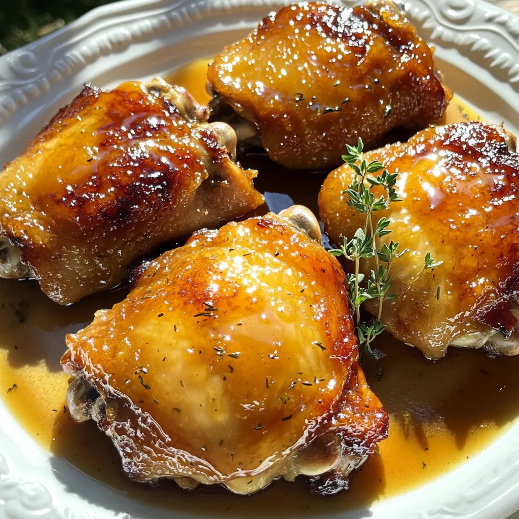 - 4 bone-in, skin-on chicken thighs - 1/2 cup pure maple syrup - 1/4 cup Dijon mustard - 3 cloves garlic, minced - 1 tablespoon apple cider vinegar - 1 teaspoon dried thyme - Salt and pepper to taste - 1 cup chicken broth - 1 tablespoon olive oil - Fresh thyme sprigs for garnish The key to great flavor in Slow Cooker Maple Dijon Chicken Thighs lies in the ingredients. Each one plays a role in making the dish special. First, let’s talk about the chicken. I prefer using bone-in, skin-on thighs. They stay juicy and tender as they cook. The skin also adds a wonderful crunch when seared. Now, let’s move to the sauce. Maple syrup gives a sweet touch. It balances perfectly with the tangy Dijon mustard. I also add minced garlic. It gives the dish a nice, bold flavor. Apple cider vinegar adds a bit of zest. Dried thyme brings a warm, earthy note. Don’t forget the salt and pepper. These basics enhance every bite. Chicken broth is key to keeping everything moist. It also makes the sauce richer. Lastly, olive oil helps with searing. It creates a beautiful golden crust on the chicken. When you gather these ingredients, you set the stage for a delicious meal. Each item works together to create a flavor boost that keeps you coming back for more. To start, I dry the chicken thighs well with a paper towel. This step helps the skin get nice and crispy when cooked. Next, I season both sides with salt and pepper. This simple seasoning boosts the chicken's flavor. Then, I heat olive oil in a large skillet over medium-high heat. I add the chicken thighs skin-side down. I sear them for about 4-5 minutes until the skin turns golden brown. Flipping the chicken, I sear the other side for another 2-3 minutes. This adds so much flavor to the dish. In a large mixing bowl, I combine the marinade ingredients. I add pure maple syrup, Dijon mustard, minced garlic, apple cider vinegar, dried thyme, and chicken broth. I whisk these together until they blend into a smooth sauce. Whisking well ensures all the flavors mix perfectly. Now, I transfer the seared chicken thighs to the slow cooker. I pour the maple Dijon sauce over the chicken, making sure each piece gets coated well. Then, I cover the slow cooker with its lid. For cooking times, I set it to low for 6-7 hours or high for 3-4 hours. This slow cooking makes the chicken tender and juicy. I check the internal temperature to make sure it reaches 165°F (75°C). To get a great sear on chicken, heat your skillet over medium-high heat. When the oil shimmers, it’s ready. Place the chicken thighs skin-side down gently in the pan. This step helps the skin crisp up nicely. Sear for about 4-5 minutes. You want the skin to turn golden brown. After that, flip the chicken and sear for another 2-3 minutes. This timing ensures a perfect texture. After cooking, you might want a thicker sauce. To do this, transfer the leftover sauce to a saucepan. Bring it to a gentle boil over medium heat. Stir it occasionally until it reduces to your preferred thickness. If you want a quicker method, add a cornstarch slurry. Mix equal parts cornstarch and water, then stir it into the sauce. Heat until thickened. For an elegant meal, presentation matters. Serve the chicken on a rustic wooden board. Drizzle the thickened sauce over the chicken. Add fresh thyme sprigs for a nice touch. Pair your dish with roasted vegetables or creamy mashed potatoes. This adds color and makes the meal complete. {{image_4}} You can easily swap bone-in chicken thighs for boneless ones. Boneless thighs cook faster and stay moist. If you prefer a lighter option, skinless thighs also work well. Just adjust cooking time accordingly. For sweeteners, you can use honey or agave instead of maple syrup. Each option brings a unique flavor. Honey adds floral notes, while agave keeps it mild. Do some taste tests to find your favorite! Adding spices is a great way to boost flavor. Try paprika for a smoky kick or cayenne for some heat. A pinch of each can transform the dish. You can also add fresh herbs, like rosemary, for extra aroma. Don’t forget vegetables! Throw in chopped onions, bell peppers, or carrots. They add depth and sweetness while cooking. The veggies soak up the sauce, becoming tender and tasty. You can make this dish in an Instant Pot for a quick meal. Sear the chicken, then add the sauce and set it to pressure cook for about 10-12 minutes. It’s fast and flavorful! For an oven-baked version, preheat your oven to 375°F. Sear the chicken as usual, then place it in a baking dish. Pour the sauce over it and cover with foil. Bake for about 30-35 minutes or until cooked through. You still get that rich maple Dijon flavor! To store your Maple Dijon Chicken Thighs, first let them cool down. Then, place them in an airtight container. This keeps them juicy and safe. Store the chicken in the fridge. It lasts about three to four days. For longer storage, freeze the chicken. Wrap it tightly in plastic wrap and then in foil. This method prevents freezer burn. Frozen chicken can last up to three months. When it’s time to enjoy your leftovers, reheat them gently. Use the microwave, oven, or stovetop. If using a microwave, place the chicken on a plate. Cover it with a damp paper towel. This helps keep the chicken moist. For the oven, preheat it to 350°F (175°C). Place the chicken in a baking dish. Add a splash of broth to keep it juicy. Heat for about 20 minutes or until warm. On the stovetop, use a skillet over low heat. Add a bit of water or broth, then cover. This method keeps the chicken tender. Cooked chicken lasts in the fridge for three to four days. Always check for signs of spoilage, like a bad smell or slimy texture. If you notice these, throw it away. When frozen, chicken remains safe for three months. However, for best taste, eat it sooner. Use a permanent marker to label your containers with dates. This helps you track how long the chicken has been stored. Yes, you can use skinless chicken thighs. However, the skin adds flavor and moisture. Skin-on thighs keep the meat juicy as they cook. Skinless thighs may dry out without that protective layer. The sauce will still taste great, but you may want to add oil for moisture. For the best texture, cook chicken on low for 6-7 hours. If you are short on time, use the high setting for 3-4 hours. Both methods will tenderize the chicken well. Just ensure the internal temperature reaches 165°F (75°C) for safety. You can serve this dish with various sides. Roasted vegetables make a great match. Try carrots, broccoli, or Brussels sprouts for color. Additionally, grains like rice or quinoa pair perfectly. They soak up the flavorful sauce and enhance the meal. This blog post covered how to make delicious Maple Dijon Chicken Thighs. You learned about the main ingredients needed, like chicken, maple syrup, and Dijon mustard. I shared step-by-step instructions for preparing and cooking the dish. Tips for searing and thickening your sauce were also included. Lastly, we explored variations and storage tips to help you enjoy this meal for longer. Remember, with simple tweaks and proper storage, you can savor this dish again. Enjoy your cooking!